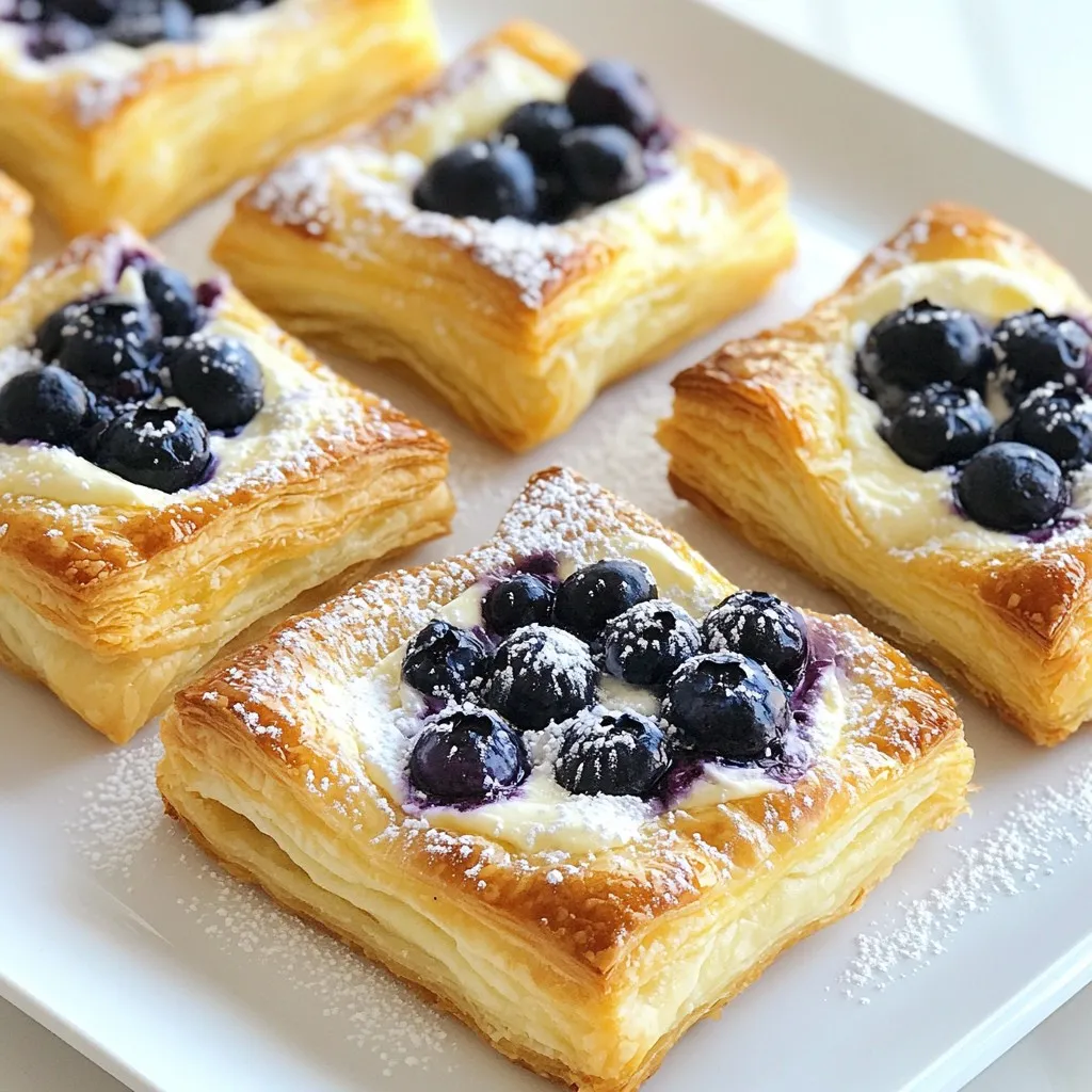 - 1 Blatt Blätterteig (aufgetaut) - 225 g Frischkäse, weich gerührt - 30 g Puderzucker - 1 Teelöffel Vanilleextrakt - 250 g frische Blaubeeren - 1 Esslöffel Zitronensaft - 1 Ei (verquirlt, für den Eierwasch) - 1 Esslöffel Kristallzucker (für das Topping) Die Hauptzutaten sind einfach zu finden. Blätterteig gibt es im Kühlregal. Frischkäse macht die Füllung cremig und lecker. Die Blaubeeren sorgen für süßen Geschmack und Farbe. Ich benutze frische Blaubeeren, weil sie den besten Geschmack haben. Zitronensaft hilft, die Süße der Beeren zu betonen. Puderzucker und Vanilleextrakt geben der Füllung ein tolles Aroma. Das Ei sorgt dafür, dass der Blätterteig schön braun wird. Kristallzucker macht die Oberfläche knusprig. Mit diesen Zutaten bereitest du ein einfaches, aber leckeres Dessert zu. {{ingredient_image_2}} Heize deinen Ofen auf 200 °C vor. Diese Temperatur sorgt für knusprige Danishes. Rolle das aufgetaute Blätterteigblatt auf einer leicht bemehlten Fläche aus. Glätte eventuelle Falten. Schneide den Teig in 4 gleich große Quadrate. Achte darauf, dass die Stücke gleichmäßig sind. In einer Schüssel vermenge den weichen Frischkäse, Puderzucker und Vanilleextrakt. Rühre, bis die Mischung glatt und cremig ist. In einer anderen Schüssel vermenge die frischen Blaubeeren mit Zitronensaft. Mische vorsichtig, damit die Beeren ganz bleiben. Gib jeweils einen Esslöffel der Frischkäsemischung in die Mitte jedes Blätterteigquadrats. Füge dann einen Esslöffel der Blaubeermischung hinzu. Falten die Ränder über die Füllung. Drücke die Ränder leicht zusammen, um sie zu schließen. Bestreiche die Ränder mit verquirltem Ei für eine goldbraune Farbe. Streue Kristallzucker auf die Danishes. Lege sie auf ein mit Backpapier ausgelegtes Blech. Backe sie 20-25 Minuten, bis sie goldbraun sind. Lass sie nach dem Backen leicht abkühlen. Serviere die Danishes warm, bestäubt mit Puderzucker. Garniere sie mit frischen Blaubeeren für einen tollen Look. Um die beste Füllung zu machen, wähle frische Blaubeeren. Sie haben mehr Geschmack. Mische sie vorsichtig mit Zitronensaft. Das hilft, den süßen Geschmack der Blaubeeren zu heben. Du willst, dass sie ganz bleiben, also rühre sanft. Zu viel Druck kann sie zerdrücken. Der Blätterteig ist der Star deines Danishes. Lass ihn vor der Benutzung gut auftauen. Wenn er kalt ist, lässt er sich schwer verarbeiten. Rolle den Teig sanft auf einer bemehlten Fläche aus. Achte darauf, dass er gleichmäßig dick ist. Das hilft, dass der Teig gleichmäßig backt und schön aufgeht. Wenn du kreativ sein möchtest, probiere andere Füllungen. Du kannst Äpfel oder Erdbeeren verwenden. Diese Früchte passen gut zu Frischkäse. Du kannst auch Nüsse oder Schokolade hinzufügen. Das gibt deinem Danish einen neuen Geschmack. Sei mutig und experimentiere mit verschiedenen Zutaten! Pro Tipps Frischkäse temperieren: Lassen Sie den Frischkäse vor der Verarbeitung auf Zimmertemperatur kommen, um eine glattere und cremigere Konsistenz zu erzielen. Blaubeeren schonend behandeln: Mischen Sie die Blaubeeren vorsichtig mit dem Zitronensaft, um zu verhindern, dass sie zerdrückt werden und die Füllung wässrig wird. Blätterteig richtig backen: Stellen Sie sicher, dass der Blätterteig gut aufgetaut und kalt ist, bevor Sie ihn backen, damit er beim Backen schön aufgeht und knusprig wird. Serviertipps: Bestäuben Sie die Danishes vor dem Servieren mit zusätzlichem Puderzucker und fügen Sie einige frische Blaubeeren als Garnitur hinzu, um das Aussehen und den Geschmack zu verbessern. {{image_4}} Du kannst die Blaubeeren leicht gegen andere Früchte austauschen. Himbeeren, Erdbeeren oder Äpfel passen gut. Diese Früchte bringen ihren eigenen Geschmack und Farbe. Achte darauf, die Früchte klein zu schneiden. So bleibt die Füllung schön und leicht. Experimentiere mit verschiedenen Kombinationen, um deinen Favoriten zu finden. Für eine vegane Version kannst du den Frischkäse ersetzen. Nutze pflanzlichen Frischkäse oder eine Mischung aus Nüssen und Kokosmilch. Verwende pflanzliche Margarine anstelle von Butter im Blätterteig. Achte darauf, dass der Blätterteig vegan ist. Du kannst das Ei für den Eierwasch durch einen Esslöffel Pflanzenmilch ersetzen. Diese Tipps helfen dir, ein köstliches veganes Gebäck zu zaubern. Um die Danishes glutenfrei zu machen, verwende glutenfreien Blätterteig. Es gibt viele Marken, die diese Option anbieten. Achte darauf, die Füllung ebenfalls glutenfrei zu halten. Frischkäse und Früchte sind in der Regel glutenfrei. Diese Anpassungen machen das Rezept für alle zugänglich. Genieße die Vielfalt der Möglichkeiten! Bewahren Sie die Blaubeer Cream Cheese Danishes an einem kühlen Ort auf. Der beste Platz ist eine luftdichte Dose oder ein Behälter. So bleibt der Blätterteig knusprig. Wenn Sie sie im Kühlschrank aufbewahren, legen Sie ein Stück Backpapier zwischen die Danishes. Dieses Papier verhindert, dass sie aneinander kleben. Die Danishes halten sich im Kühlschrank etwa 2 bis 3 Tage. Nach dieser Zeit werden sie weniger frisch. Sie können die Danishes auch einfrieren. Wickeln Sie sie gut in Frischhaltefolie ein und speichern Sie sie in einem gefrierfesten Beutel. So halten sie sich bis zu einem Monat. Um die Danishes wieder warm zu machen, heizen Sie den Ofen auf 180 °C vor. Legen Sie die Danishes auf ein Backblech und backen Sie sie 10 Minuten lang. So werden sie wieder knusprig und lecker. Alternativ können Sie die Mikrowelle nutzen, aber achten Sie darauf, sie nicht zu lange zu erhitzen, sonst werden sie weich. Das Rezept ergibt vier Portionen. Du kannst die Menge leicht anpassen. Willst du mehr? Verdopple einfach die Zutaten. Ja, gefrorene Blaubeeren sind eine gute Option. Achte darauf, sie vorher aufzutauen. So wird die Füllung schön saftig und lecker. Blaubeer-Cream-Cheese-Danish findest du in vielen Bäckereien. Einige Cafés bieten sie auch an. Am besten ist es, lokale Märkte zu besuchen. In diesem Beitrag haben wir die perfekten Blaubeer-Cream-Cheese-Danishes besprochen. Wir haben die Hauptzutaten, die Zubereitungsschritte und wertvolle Tipps behandelt. Zudem gab es leckere Variationen und Lagerungshinweise. Das Backen dieser Danishes macht Spaß und belohnt mit einem tollen Geschmack. Probier die verschiedenen Füllungen aus und lager die Reste richtig. Viel Freude beim Backen!