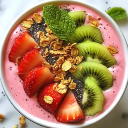Für die Erdbeer-Kiwi-Paradies-Smoothie-Bowl benötigst du frische, leckere Zutaten. Hier sind die Hauptzutaten: - 1 Tasse frische Erdbeeren, entstielt und halbiert - 1 reife Kiwi, geschält und in Scheiben geschnitten - 1 Banane, gefroren - 1/2 Tasse Mandelmilch oder eine andere pflanzliche Milch - 1 Esslöffel Chiasamen - 1/4 Tasse Granola - Frische Minzblätter zur Garnierung Die Erdbeeren und Kiwis bringen fruchtige Frische. Die gefrorene Banane sorgt für eine cremige Textur. Mandelmilch macht die Mischung leicht und nahrhaft. Chiasamen fügen Ballaststoffe und gesunde Fette hinzu, während Granola für den knusprigen Biss sorgt. Ich empfehle Mandelmilch für diese Bowl. Sie ist leicht und hat einen milden Geschmack. Du kannst aber auch andere pflanzliche Milchsorten verwenden, wie: - Hafermilch - Kokosmilch - Sojamilch Jede Milch hat ihren eigenen Geschmack und ihre eigene Textur. Probiere verschiedene Sorten aus, um deinen Favoriten zu finden! Wenn du es süßer magst, kannst du Honig oder Ahornsirup hinzufügen. Beide sind gute Optionen, um die Süße zu erhöhen. Ich empfehle einen Esslöffel, aber du kannst die Menge nach deinem Geschmack anpassen. Achte darauf, dass die Süßungsmittel gut mit den Früchten harmonieren und die Aromen ergänzen. {{ingredient_image_2}} Beginne mit frischen Erdbeeren. Nimm eine Tasse, entstiele sie und halbiere sie. Die Kiwi ist auch wichtig. Schäle eine reife Kiwi und schneide sie in Scheiben. Dann kommt die gefrorene Banane. Sie gibt eine tolle Textur. Füge die frischen Früchte in den Mixer. Gieße 1/2 Tasse Mandelmilch dazu. Optional kannst du Honig oder Ahornsirup hinzufügen. Setze den Deckel auf den Mixer. Mische alles auf hoher Stufe. Achte darauf, dass die Mischung glatt und cremig wird. Stoppe den Mixer ab und zu. Kratze die Seiten ab, um alles gut zu vermischen. Wenn alles vermischt ist, gieße die Mischung vorsichtig in eine Schüssel. Streue 1 Esslöffel Chiasamen gleichmäßig über die Smoothie-Basis. Das gibt einen tollen Biss. Dann verteile 1/4 Tasse Granola darauf. Das bringt einen knusprigen Kontrast. Dekoriere die Bowl mit zusätzlichen Erdbeer- und Kiwi-Scheiben. Das sieht schön aus und macht Spaß. Zum Schluss füge frische Minzblätter hinzu. So wird die Bowl frisch und farbenfroh. Genieße deine leckere Smoothie-Bowl sofort! Um eine cremige Textur zu erreichen, ist die richtige Mischung wichtig. Verwende reife Bananen, denn sie machen den Smoothie süß und cremig. Achte darauf, die gefrorene Banane nicht zu vergessen. Sie gibt der Mischung eine tolle Konsistenz. Mixe alle Zutaten gut durch, damit sie glatt werden. Wenn die Mischung zu dick ist, füge etwas mehr Mandelmilch hinzu. Ein Spritzer Zitrone kann die Frische heben und die Textur verbessern. Toppings machen deine Smoothie-Bowl spannend. Probiere frische Beeren, wie Himbeeren oder Heidelbeeren. Auch Kokosraspeln passen gut dazu. Granola gibt knusprige Textur und macht satt. Du kannst auch Nüsse oder Samen hinzufügen. Für einen süßen Kick sind Honig oder Ahornsirup eine gute Wahl. Frische Minzblätter sorgen für einen frischen Geschmack und ein schönes Aussehen. Frische Früchte sind lecker und gesund, aber gefrorene Früchte haben Vorteile. Gefrorene Früchte sind oft reif und süß, sie geben deinem Smoothie eine schöne Kälte. Wenn du frische Früchte nutzt, achte darauf, dass sie gut gereift sind. Das verbessert den Geschmack. Du kannst auch eine Mischung aus frischen und gefrorenen Früchten verwenden. So hast du die beste Textur und den besten Geschmack. Pro Tipps Frische Zutaten: Verwenden Sie frische Erdbeeren und Kiwi für den besten Geschmack und die beste Textur in Ihrer Smoothie-Bowl. Konsistenz anpassen: Fügen Sie mehr Mandelmilch hinzu, wenn Sie eine flüssigere Konsistenz bevorzugen, oder verwenden Sie weniger für eine dickere Bowl. Variationen ausprobieren: Experimentieren Sie mit anderen Früchten wie Mangos oder Ananas, um verschiedene Geschmacksrichtungen zu entdecken. Chiasamen quellen lassen: Lassen Sie die Chiasamen einige Minuten in der Mischung quellen, um eine noch cremigere Textur zu erzielen. {{image_4}} Du kannst die Erdbeeren und Kiwis leicht ändern. Probiere zum Beispiel Mango oder Ananas. Diese Früchte bringen eine tropische Note. Auch Himbeeren oder Blaubeeren sind lecker. Sie fügen Farbe und Geschmack hinzu. Du kannst sogar eine Mischung aus verschiedenen Früchten verwenden. Das macht deine Bowl spannend und bunt. Wenn du vegan bist, ist die Smoothie-Bowl perfekt. Verwende einfach pflanzliche Milch, wie Mandeln oder Hafer. Lass den Honig weg oder nutze Ahornsirup. So bleibt die Bowl vegan und lecker. Für glutenfreie Optionen achte darauf, glutenfreies Granola zu wählen. Das sorgt für einen tollen Crunch, ohne Gluten. Superfoods machen die Bowl noch gesünder. Füge etwas Spinat oder Grünkohl hinzu. Sie haben viele Vitamine und schmecken mild. Chiasamen sind auch eine tolle Wahl. Sie geben Ballaststoffe und Omega-3-Fette. Auch Hanfsamen oder Nüsse sind gute Optionen. Sie erhöhen den Nährstoffgehalt und machen die Bowl sättigender. Um die Frische Ihrer Zutaten zu bewahren, lagern Sie Erdbeeren und Kiwis im Kühlschrank. Verwenden Sie sie innerhalb von drei bis fünf Tagen. Wickeln Sie sie in ein feuchtes Tuch, um Feuchtigkeit zu halten. Gefrorene Bananen sollten in einem luftdichten Behälter sein. So bleiben sie bis zu sechs Monate frisch. Wenn Sie Reste haben, füllen Sie die Smoothie-Bowl in einen luftdichten Behälter. Stellen Sie sicher, dass der Behälter gut verschlossen ist. So bleibt die Bowl bis zu zwei Tage haltbar. Rühren Sie vor dem Servieren gut um, da sich die Zutaten absetzen können. Sie können die Reste auch in einen Smoothie umwandeln. Fügen Sie einfach etwas mehr Mandelmilch hinzu und mixen Sie alles gut durch. So genießen Sie einen schnellen Snack oder ein Frühstück. Eine andere Idee ist, die Reste in Eiswürfelformen einzufrieren. So haben Sie eine leckere Grundlage für zukünftige Smoothies. Um die Smoothie-Bowl süßer zu machen, füge einfach mehr Honig oder Ahornsirup hinzu. Beginne mit einem Esslöffel und taste dich an deinen Geschmack heran. Du kannst auch zusätzliche gefrorene Banane verwenden. Die Banane bringt viel Süße und eine tolle Cremigkeit. Wenn du magst, probiere auch Datteln oder Agavendicksaft. Diese sind natürliche Süßungsmittel und passen gut zu den Früchten. Ja, du kannst jede pflanzliche Milch verwenden. Mandelmilch ist beliebt, aber auch Soja-, Hafer- oder Kokosmilch sind super Alternativen. Jede Milch hat ihren eigenen Geschmack. Probiere verschiedene Sorten aus, um zu sehen, was dir am besten gefällt. Achte darauf, dass die Milch ungesüßt ist, wenn du den natürlichen Geschmack der Früchte bewahren möchtest. Die Smoothie-Bowl schmeckt frisch am besten. Du kannst sie aber bis zu zwei Tage im Kühlschrank aufbewahren. Decke die Bowl gut ab, um sie frisch zu halten. Wenn du sie länger aufbewahren möchtest, friere die Mischung ein. So bleibt die Konsistenz. Du kannst die gefrorene Mischung später auftauen und mixen, um sie wieder cremig zu machen. Die Erdbeer-Kiwi-Paradies-Smoothie-Bowl ist einfach zuzubereiten und macht Spaß. Du hast gelernt, welche Zutaten wichtig sind und wie du sie am besten kombinierst. Die Tipps helfen dir, eine cremige Textur zu erreichen. Du kannst die Bowl anpassen und mit verschiedenen Toppings kreativ werden. Denke an die Aufbewahrungshinweise, um Reste frisch zu halten. Mit diesen Infos bist du bereit, leckere Smoothie-Bowls zu genießen! Probiere verschiedene Varianten aus und finde deinen Favoriten.