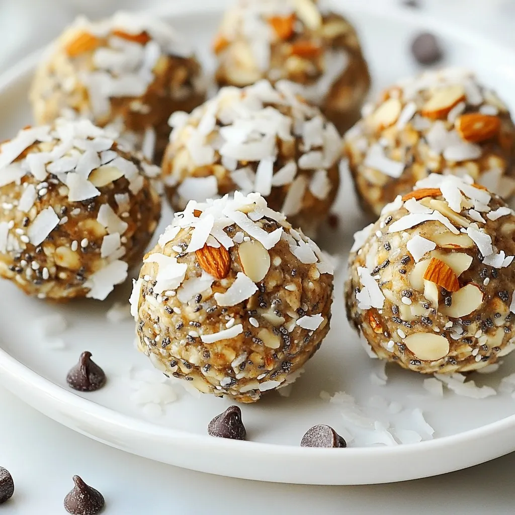 Um diese leckeren Energie-Bällchen zu machen, brauchen Sie: - 1 Tasse Haferflocken - 1/2 Tasse Mandelbutter - 1/4 Tasse Honig oder Ahornsirup - 1/2 Tasse ungesüßte, geraspelte Kokosnuss - 1/4 Tasse gemahlene Mandeln - 1/4 Tasse Chiasamen - 1 TL Vanilleextrakt - 1/4 TL Meersalz - Optional: Zartbitterschokoladenstückchen oder Kakaonibs Frische Zutaten machen einen großen Unterschied. Hier sind einige Tipps: - Haferflocken: Wählen Sie ungesüßte, grobe Haferflocken für die beste Textur. - Mandelbutter: Achten Sie auf natürliche Mandelbutter ohne Zusatzstoffe. - Kokosnuss: Verwenden Sie ungesüßte Kokosnuss für einen echten Kokosgeschmack. - Honig oder Ahornsirup: Wählen Sie hochwertigen, reinen Honig oder echten Ahornsirup. Wenn Sie einige Zutaten nicht haben, können Sie diese Alternativen verwenden: - Mandelbutter: Ersetzen Sie sie durch Erdnussbutter oder Cashewbutter. - Honig: Verwenden Sie Agavendicksaft oder Dattelsirup für eine vegane Option. - Chiasamen: Leinsamen können eine gute Alternative sein. - Kokosnuss: Probieren Sie auch geraspelte Mandeln für einen anderen Geschmack. {{ingredient_image_2}} Zuerst benötigen wir die Zutaten. Hier sind die wichtigen Bestandteile: - 1 Tasse Haferflocken - 1/2 Tasse Mandelbutter - 1/4 Tasse Honig oder Ahornsirup - 1/2 Tasse ungesüßte, geraspelte Kokosnuss - 1/4 Tasse gemahlene Mandeln - 1/4 Tasse Chiasamen - 1 TL Vanilleextrakt - 1/4 TL Meersalz - Optional: Zartbitterschokoladenstückchen oder Kakaonibs Stellen Sie sicher, dass alle Zutaten frisch sind. Dies verbessert den Geschmack und die Nährstoffe. Geben Sie alle Zutaten in eine große Rührschüssel. Starten Sie mit den Haferflocken und der Mandelbutter. Fügen Sie dann den Honig und die geraspelte Kokosnuss hinzu. Vermischen Sie alles gut. Verwenden Sie einen Löffel oder Ihre Hände. Die Mischung sollte klebrig und feucht sein. Wenn sie zu trocken ist, fügen Sie mehr Mandelbutter oder Honig hinzu. Wenn alles gut vermischt ist, können Sie die optionalen Schokoladenstückchen hinzufügen. Rühren Sie vorsichtig, damit sie gleichmäßig verteilt sind. Nehmen Sie mit einem Esslöffel Portionen der Mischung. Formen Sie diese mit Ihren Händen zu kleinen Bällchen. Jedes Bällchen sollte etwa die Größe eines Esslöffels haben. Legen Sie die geformten Bällchen auf ein Backblech mit Backpapier. Stellen Sie sicher, dass sie etwas Platz haben. Kühlen Sie die Bällchen für etwa 30 Minuten im Kühlschrank. Durch das Kühlen werden sie fest und stabil. Nach dem Kühlen sind die Bällchen bereit zum Servieren oder zur Aufbewahrung. Sie bleiben im Kühlschrank bis zu einer Woche frisch. Ein häufiger Fehler ist, die Mischung zu trocken zu machen. Wenn das passiert, füge mehr Mandelbutter oder Honig hinzu. Das hilft, die Bällchen klebrig zu machen. Manchmal vergisst man auch, die Zutaten gut zu vermengen. Achte darauf, dass alles gleichmäßig verteilt ist. So schmecken die Bällchen besser. Du kannst die Energie-Bällchen aufpeppen! Füge Zartbitterschokoladenstückchen oder Kakaonibs hinzu. Diese geben einen tollen Schokoladengeschmack. Du kannst auch andere Nüsse verwenden, wie Walnüsse oder Cashews. Ein bisschen Zimt bringt einen warmen Geschmack. Für eine perfekte Konsistenz ist es wichtig, die Mischung gut zu kühlen. Das hilft, dass die Bällchen beim Formen nicht zerbrechen. Stelle sicher, dass deine Hände leicht feucht sind, wenn du die Bällchen formst. So klebt die Mischung nicht an deinen Händen. Wenn du die Bällchen im Kühlschrank aufbewahrst, bleiben sie frisch und lecker. Pro Tipps Variation der Süße: Experimentieren Sie mit verschiedenen Süßungsmitteln wie Honig, Agavendicksaft oder Dattelsirup, um den gewünschten Geschmack zu erzielen. Zusätzlicher Crunch: Fügen Sie geröstete Nüsse oder Samen hinzu, um den Bällchen eine knusprige Textur zu verleihen. Aufbewahrungstipps: Bewahren Sie die Bällchen in einem luftdichten Behälter im Kühlschrank auf, um ihre Frische zu bewahren. Protein-Boost: Integrieren Sie Proteinpulver in die Mischung, um den Nährstoffgehalt der Bällchen zu erhöhen. {{image_4}} Möchten Sie einen Hauch von Schokolade? Fügen Sie einfach Zartbitterschokoladenstückchen hinzu. Diese kleine Änderung bringt einen tollen Geschmack. Die Schokolade ergänzt die Mandeln und die Kokosnuss perfekt. Sie können die Stückchen auch ganz weglassen, wenn Sie es lieber rein halten möchten. Experimentieren Sie mit der Menge. So finden Sie den perfekten Schokoladengeschmack für Ihre Bällchen. Sind Sie glutenempfindlich? Benutzen Sie glutenfreie Haferflocken. Diese Haferflocken sind eine gute Wahl. Für vegane Energie-Bällchen ersetzen Sie den Honig durch Ahornsirup oder Agavendicksaft. Diese Alternativen bieten süßen Geschmack ohne Tierprodukte. Achten Sie darauf, dass Ihre Mandelbutter vegan ist. So bleibt das Rezept für jeden geeignet. Haben Sie andere Nüsse oder Samen? Sie können die Mandeln durch Cashewkerne oder Walnüsse ersetzen. Diese Nüsse bringen ihren eigenen Geschmack mit. Auch Sonnenblumenkerne sind eine tolle Option. Sie bieten eine nussige Note und sind sehr gesund. Passen Sie die Menge der Zutaten an, um die gewünschte Konsistenz zu erreichen. So machen Sie die Bällchen ganz nach Ihrem Geschmack. Die besten Plätze für die Aufbewahrung sind der Kühlschrank oder die Gefriertruhe. Die Kühlung hilft, die Frische zu bewahren. Ein luftdichter Behälter schützt die Bällchen vor Feuchtigkeit. So bleiben sie länger haltbar und schmackhaft. Im Kühlschrank sind die Energie-Bällchen bis zu einer Woche frisch. Im Gefrierfach halten sie bis zu drei Monate. Sie können sie in Portionen einfrieren. So haben Sie immer einen schnellen Snack zur Hand. Portionieren Sie die Bällchen vor dem Einfrieren. Verwenden Sie einen Esslöffel für gleich große Portionen. Legen Sie die geformten Bällchen auf ein Backblech. Frieren Sie sie für etwa zwei Stunden ein. Danach können Sie die Bällchen in einen Behälter umfüllen. So bleiben sie nicht zusammenkleben und sind leicht zu entnehmen. Eine Portion enthält etwa 2 bis 3 Energie-Bällchen. Diese kleine Menge ist perfekt für einen schnellen Snack. Wenn du mehr Energie brauchst, kannst du natürlich auch mehr essen. Diese Bällchen sind nahrhaft und geben dir einen guten Energieschub. Ja, du kannst die Energie-Bällchen im Voraus zubereiten. Das Rezept ist einfach und schnell. Du kannst sie bis zu einer Woche im Kühlschrank aufbewahren. So hast du immer einen gesunden Snack zur Hand, wann immer du ihn brauchst. Ja, du kannst den Zuckergehalt leicht senken. Ersetze den Honig durch weniger süße Zutaten wie ungesüßtes Apfelmus. Du kannst auch die Menge an Honig reduzieren. Achte darauf, die Konsistenz der Mischung im Auge zu behalten. In diesem Artikel haben wir leckere Kokos-Mandel-Energie-Bällchen besprochen. Wir haben die besten Zutaten ausgewählt und Alternativen erkundet. Die Schritt-für-Schritt-Anleitung hilft dir beim Mischen und Formen. Tipps zur Vermeidung häufiger Fehler und Varianten bieten dir noch mehr Ideen. Denke daran, wie du die Bällchen lagerst, um sie frisch zu halten. Diese Snacks sind einfach zuzubereiten und gut für dich. Probiere sie aus und genieße die Vorteile einer gesunden Ernährung!