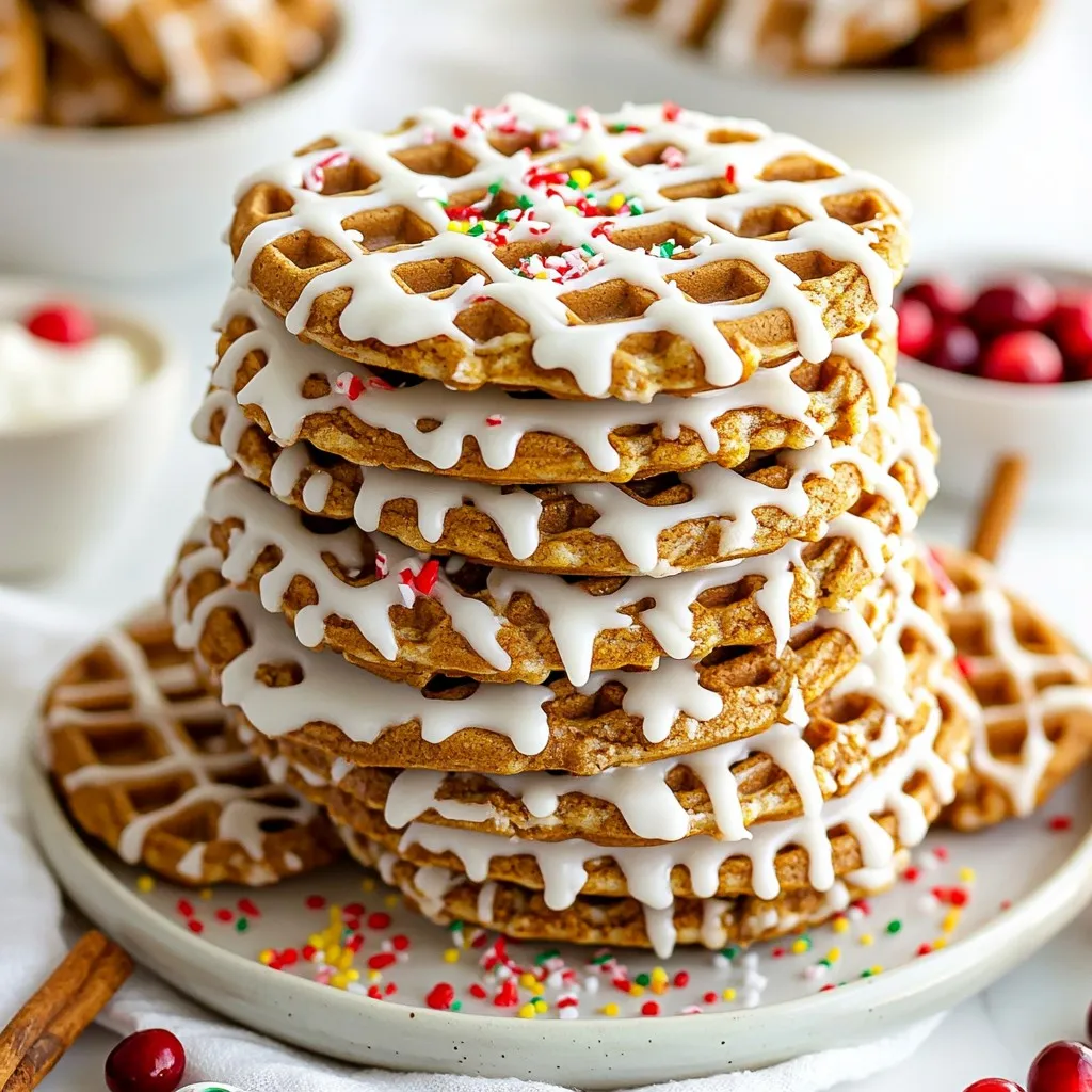Um die perfekten Gingerbread Waffle Cookies zu machen, brauchst du: - 2 Tassen Weizenmehl - 1 Teelöffel Backpulver - 1 Teelöffel Natron - 1 Esslöffel gemahlener Ingwer - 1 Esslöffel Zimt - 1/2 Teelöffel gemahlene Nelken - 1/4 Teelöffel Salz - 1/2 Tasse ungesalzene Butter, weich - 1/2 Tasse brauner Zucker, fest gepackt - 1/4 Tasse Melasse - 1 großes Ei - 1 Teelöffel Vanilleextrakt - 1/2 Tasse Puderzucker (für die Glasur) - 1 Esslöffel Milch (für die Glasur) - Optional: zerdrückte Zuckerstangen oder Zuckerstreusel zur Dekoration Die Wahl der Zutaten ist entscheidend. Achte darauf, frische Gewürze zu verwenden. Dies bringt den besten Geschmack. Die Butter sollte weich sein, damit sie sich gut vermischt. Brauner Zucker gibt den Keksen eine schöne Süße und Tiefe. Melasse fügt einen reichen, tiefen Geschmack hinzu. Wenn du kein frisches Ei hast, kannst du auch ein Ei-Ersatzprodukt verwenden, aber das Ergebnis könnte anders sein. Falls du keine bestimmten Zutaten hast, gibt es tolle Alternativen: - Für Weizenmehl kannst du Hafermehl oder Mandelmehl verwenden. - Brauner Zucker kann durch Kokosblütenzucker ersetzt werden. - Wenn du keine Melasse hast, probiere Honig oder Ahornsirup. - Bei der Butter kannst du Margarine oder pflanzliche Butter verwenden. Diese einfachen Ersatzstoffe helfen dir, die Kekse trotzdem zu backen. Experimentiere und finde deine Lieblingskombination! {{ingredient_image_2}} Heize dein Waffeleisen vor. Folge den Anweisungen des Herstellers. Dies sorgt dafür, dass die Waffeln gleichmäßig backen. Ein gut vorgeheiztes Eisen hilft, die Waffeln schön knusprig zu machen. In einer großen Schüssel mische die trockenen Zutaten. Das sind Weizenmehl, Backpulver, Natron, Ingwer, Zimt, Nelken und Salz. Rühre alles gut um. Dies stellt sicher, dass die Gewürze gleichmäßig verteilt sind. Stelle die Mischung beiseite, während du die anderen Schritte machst. In einer anderen Schüssel nimm die weiche Butter und den braunen Zucker. Schlage sie für 2 bis 3 Minuten, bis die Mischung leicht und fluffig ist. Dies ist wichtig für die Textur der Waffeln. Eine gute Basis sorgt für einen tollen Geschmack. Füge jetzt die Melasse, das Ei und den Vanilleextrakt zur Butter-Zucker-Mischung hinzu. Mische alles gut, bis es gleichmäßig ist. Diese Zutaten bringen Feuchtigkeit und Geschmack ins Spiel. Sie machen die Waffeln besonders lecker. Kombiniere die trockenen und nassen Zutaten. Rühre nur so lange, bis alles vermischt ist. Fette das Waffeleisen leicht ein. Gieße etwa 1/4 Tasse des Teigs ins Eisen und schließe den Deckel. Backe die Waffeln für 4 bis 5 Minuten, bis sie goldbraun sind. Lass die Waffeln nach dem Backen auf einem Kuchengitter abkühlen. So werden sie knusprig. Wiederhole diesen Vorgang, bis der gesamte Teig verbraucht ist. Wenn Ihre Waffelkekse nicht aufgehen, könnte es am Backpulver oder Natron liegen. Überprüfen Sie das Verfallsdatum. Zu viel Flüssigkeit kann auch die Konsistenz verändern. Messen Sie Ihre Zutaten genau ab. Wenn die Kekse zu hart sind, backen Sie sie kürzer. Ein kleiner Trick: Lassen Sie die Waffeln nach dem Backen kurz auf einem Gitter abkühlen. So bleiben sie knusprig. Für den besten Teig ist es wichtig, die Zutaten richtig zu mischen. Beginnen Sie mit den trockenen Zutaten und fügen Sie die feuchten langsam hinzu. Rühren Sie nur so lange, bis alles kombiniert ist. Ein klumpiger Teig ist in Ordnung. So bleiben die Kekse weich und lecker. Vermeiden Sie das Übermischen, da dies die Textur verändern kann. Die Gewürze sind das Herzstück dieser Waffelkekse. Sie können den Geschmack einfach anpassen. Wenn Sie mehr Schärfe mögen, fügen Sie etwas mehr Ingwer hinzu. Mögen Sie es süßer? Ergänzen Sie mehr Zimt oder sogar etwas Muskatnuss. Experimentieren Sie mit verschiedenen Gewürzen, um Ihren perfekten Geschmack zu finden. Sie können auch etwas Vanilleextrakt für eine zusätzliche Note verwenden. Pro Tipps Waffeleisen richtig vorheizen: Stellen Sie sicher, dass Ihr Waffeleisen gut vorgeheizt ist, um eine gleichmäßige Bräunung der Waffeln zu gewährleisten. Teig nicht übermischen: Rühren Sie den Teig nur so lange, bis die Zutaten gerade vermischt sind, um eine zarte Textur zu erhalten. Glasur anpassen: Passen Sie die Konsistenz der Glasur an, indem Sie mehr Milch oder Puderzucker hinzufügen, um die gewünschte Dicke zu erreichen. Festlich dekorieren: Verwenden Sie Zuckerstangen oder Zuckerstreusel für eine festliche Note, die nicht nur gut aussieht, sondern auch zusätzlichen Geschmack bietet. {{image_4}} Eure Lebkuchen Waffelkekse sind sehr vielseitig. Ihr könnt sie nach eurem Geschmack anpassen. Versucht, Schokoladenstückchen hinzuzufügen. Sie geben den Keksen eine süße Note. Oder nutzt weiße Schokolade für einen neuen Twist. Für einen fruchtigen Geschmack könnt ihr getrocknete Cranberries oder Rosinen einmischen. Das sorgt für eine schöne Textur und Frische. Wenn ihr glutenfreie Waffelkekse machen möchtet, ersetzt das Weizenmehl durch eine glutenfreie Mischung. Achte darauf, dass die Mischung auch Bindemittel enthält. Für vegane Kekse könnt ihr die Butter durch Kokosöl oder vegane Margarine ersetzen. Statt des Eies könnt ihr einen Leinsamen-Ersatz verwenden. Einfach einen Esslöffel gemahlenen Leinsamen mit drei Esslöffeln Wasser mischen und kurz quellen lassen. Die Dekoration macht die Kekse besonders. Nutzt Zuckerguss, um eure Waffelkekse zu verzieren. Ihr könnt auch Zuckerstangen zerdrücken und darauf streuen. Für ein tolles Aussehen könnt ihr die Kekse mit bunten Zuckerstreuseln bestreuen. Eine weitere Idee ist, die Kekse in eine Schokoladenglasur zu tauchen und dann zu dekorieren. Das sieht nicht nur gut aus, sondern schmeckt auch köstlich! Um die Waffelkekse frisch zu halten, lege sie in einen luftdichten Behälter. Verwende Papiertücher, um Feuchtigkeit zu vermeiden. So bleiben sie knusprig und lecker. Du kannst sie auch in eine Tüte mit Reißverschluss legen. Achte darauf, die Luft gut herauszudrücken, bevor du die Tüte verschließt. Die Waffelkekse halten sich bei Zimmertemperatur etwa eine Woche. Wenn du sie länger aufbewahren möchtest, friere sie ein. Lege die Kekse in eine Gefriertüte oder einen Behälter. Sie bleiben so bis zu drei Monate frisch. Achte darauf, die Kekse gut zu trennen, damit sie nicht zusammenkleben. Wenn du die Kekse aufwärmen willst, benutze einen Toaster oder den Backofen. So bleiben sie knusprig. Heize den Ofen auf 150 Grad vor und lege die Kekse für 5 bis 10 Minuten hinein. Achte darauf, sie nicht zu lange zu lassen, damit sie nicht trocken werden. So schmecken sie fast wie frisch gebacken! Die Waffelkekse bleiben etwa eine Woche frisch. Lagern Sie sie in einem luftdichten Behälter. So bleiben sie weich und lecker. Wenn Sie sie länger aufbewahren möchten, können Sie die Kekse auch einfrieren. In einem gefrierfesten Behälter halten sie bis zu drei Monate. Ja, Sie können die Rezeptur anpassen. Mögen Sie mehr Gewürze? Fügen Sie mehr Zimt oder Ingwer hinzu. Wenn Sie eine andere Süße wollen, probieren Sie Honig oder Agavendicksaft. Seien Sie kreativ! Achten Sie darauf, das Verhältnis der trockenen und nassen Zutaten im Auge zu behalten. Diese Kekse passen gut zu vielen Beilagen. Servieren Sie sie mit Schlagsahne oder einer Schüssel mit Eis. Ein heißer Kakao dazu macht die Kombination perfekt. Sie können auch eine fruchtige Sauce oder Marmelade anbieten. Bereiten Sie den Teig im Voraus vor. Sie können ihn bis zu zwei Tage im Kühlschrank aufbewahren. Wickeln Sie ihn gut ein, um Gerüche zu vermeiden. Vor dem Backen lassen Sie ihn etwas auf Zimmertemperatur kommen. So lässt sich der Teig besser verarbeiten. Das Rezept für Waffelkekse ist einfach und sehr lecker. Wir haben die Zutaten, die Zubereitung und viele Tipps durchgenommen. Mit den Variationen kannst du kreativ sein. Denk daran, die Kekse richtig zu lagern, damit sie frisch bleiben. Egal, ob du glutenfrei oder vegan backen möchtest, die Möglichkeiten sind endlos. Probiere es aus und finde deine Lieblingsversion. Viel Spaß beim Backen!