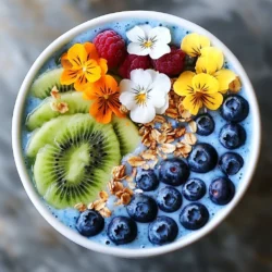 Die Basis für die Meerjungfrau Smoothie Bowl ist einfach und lecker. Hier sind die Hauptzutaten: - 1 Tasse gefrorene Blaubeeren - 1 Tasse gefrorene Bananenscheiben - 1/2 Tasse Kokosmilch - 1/2 Tasse frischer oder gefrorener Spinat - 1 Esslöffel Chiasamen - 1 Esslöffel Honig oder Ahornsirup (nach Geschmack) - 1/4 Teelöffel Spirulinapulver Diese Zutaten geben der Bowl nicht nur Geschmack, sondern auch viele Nährstoffe. Die Blaubeeren sind süß und voller Antioxidantien. Die Bananen machen die Bowl cremig und fügen natürliche Süße hinzu. Kokosmilch gibt einen tropischen Geschmack und einen schönen, samtigen Textur. Die Toppings machen die Smoothie Bowl noch schöner und leckerer. Hier sind einige tolle Vorschläge: - Scheiben von Kiwi - Kokosraspeln - Frische Beeren (wie Erdbeeren oder Himbeeren) - Essbare Blumen - Granola Diese Toppings bringen Farben und Texturen in deine Bowl. Sie sind auch eine großartige Quelle für Ballaststoffe und Vitamine. Spirulina ist ein kräftiges Superfood. Es hat viele Vitamine und Mineralien. Diese grüne Algenart macht die Bowl nicht nur bunt, sondern stärkt auch das Immunsystem. Chiasamen sind kleine Kraftpakete. Sie sind reich an Omega-3-Fettsäuren und Ballaststoffen. Sie helfen, die Verdauung zu fördern und geben dir ein langanhaltendes Sättigungsgefühl. Beide Zutaten sind einfach hinzuzufügen und bringen gesundheitliche Vorteile. {{ingredient_image_2}} Um die Smoothie-Basis zuzubereiten, beginne mit dem Mixer. Lege die gefrorenen Blaubeeren und Bananenscheiben hinein. Füge dann die Kokosmilch und den Spinat hinzu. Chiasamen, Honig oder Ahornsirup und Spirulinapulver kommen auch dazu. Mixe alles gut. Achte darauf, dass die Mischung glatt und cremig wird. Wenn es zu dick ist, gib mehr Kokosmilch dazu. Für die perfekte Konsistenz, mixe zuerst die festen Zutaten. Das hilft, sie gut zu zerkleinern. Dann füge die Flüssigkeiten hinzu. Mixe bei hoher Geschwindigkeit. Wenn du die Mischung probierst, kannst du die Süße anpassen. Wenn du mehr Süße magst, füge mehr Honig oder Ahornsirup hinzu. Gieße die fertige Mischung in eine Schüssel. Jetzt kommt der spaßige Teil: das Anrichten! Lege die Kiwi-Scheiben, Kokosraspeln und frische Beeren kunstvoll obenauf. Du kannst auch essbare Blumen und Granola hinzufügen. Achte darauf, dass alles bunt und einladend aussieht. Serviere die Schüssel sofort mit einem hübschen Löffel. So macht das Essen noch mehr Spaß! Um die perfekte Farbe für Ihre Mermaid Smoothie Bowl zu bekommen, verwenden Sie Spirulinapulver. Es gibt der Mischung eine lebendige, grüne Farbe. Fügen Sie einfach 1/4 Teelöffel Spirulina hinzu. Achten Sie darauf, dass Sie es gut mit den anderen Zutaten vermischen. So entsteht ein schöner, einheitlicher Farbton. Wenn Sie mehr Farbe möchten, können Sie auch mehr Blaubeeren hinzufügen. Diese machen die Bowl noch dunkler und schöner. Servieren Sie Ihre Smoothie Bowl mit einem großen Löffel. Gießen Sie die Mischung vorsichtig in eine Schüssel. Dekorieren Sie die Oberfläche mit frischen Toppings. Nutzen Sie Kiwi-Scheiben, Kokosraspeln, und essbare Blumen. So sieht die Bowl verlockend aus. Stellen Sie sicher, dass die Toppings gleichmäßig verteilt sind. Dies macht die Bowl nicht nur schön, sondern auch lecker. Es ist wichtig, die Bowl sofort zu servieren. So bleibt die Konsistenz cremig. Passen Sie die Süße Ihrer Smoothie Bowl nach Belieben an. Fügen Sie mehr Honig oder Ahornsirup hinzu, wenn es Ihnen nicht süß genug ist. Sie können die Konsistenz auch ändern. Wenn die Mischung zu dick ist, fügen Sie einfach mehr Kokosmilch hinzu. Mixen Sie alles gut, bis die gewünschte Konsistenz erreicht ist. Wenn Sie eine dickere Bowl mögen, verwenden Sie weniger Flüssigkeit. So können Sie die perfekte Balance finden. Pro Tipps Verwenden Sie frische Zutaten: Frischer Spinat und frische Beeren verleihen Ihrer Smoothie-Schüssel zusätzlichen Geschmack und Nährstoffe. Experimentieren Sie mit Toppings: Fügen Sie verschiedene Nüsse, Samen oder sogar Joghurt hinzu, um Ihrer Schüssel eine neue Textur und Geschmack zu verleihen. Passen Sie die Konsistenz an: Wenn Sie eine dickere Schüssel möchten, verwenden Sie weniger Flüssigkeit; für eine dünnere Konsistenz fügen Sie mehr Kokosmilch hinzu. Spirulina richtig dosieren: Beginnen Sie mit einer kleinen Menge Spirulinapulver, um die Farbe zu intensivieren, und erhöhen Sie die Menge nach Geschmack. {{image_4}} Wenn Sie keine Blaubeeren mögen, probieren Sie Erdbeeren oder Himbeeren. Diese Früchte bringen auch Farbe und Geschmack. Für die Toppings können Sie anstelle von Kiwi auch Mango oder Pfirsich verwenden. Diese Früchte schmecken frisch und süß. Kokosraspeln sind toll, aber Sie können auch Nüsse oder Samen nutzen. Sie geben Crunch und einen nussigen Geschmack. Um die Smoothie Bowl vegan zu machen, ersetzen Sie den Honig durch Ahornsirup oder Agavendicksaft. Beide sind pflanzliche Süßstoffe. Die Kokosmilch ist bereits vegan und glutenfrei. Achten Sie beim Granola darauf, dass es keine tierischen Produkte enthält. Viele Marken bieten glutenfreie Optionen an. So bleibt Ihre Bowl gesund und lecker. Sie können die Smoothie Bowl mit weiteren Superfoods aufpeppen. Zum Beispiel können Sie Maca-Pulver oder Acai-Pulver hinzufügen. Diese Pulver haben viele Nährstoffe und Geschmack. Auch Hanfsamen sind eine gute Wahl. Sie sind reich an Proteinen und geben einen tollen Biss. Seien Sie kreativ und fügen Sie hinzu, was Ihnen gefällt! Um die Zutaten für deine Meerjungfrau Smoothie Bowl frisch zu halten, lagere sie richtig. Hier sind einige Tipps: - Gefrorene Früchte: Bewahre gefrorene Blaubeeren und Bananen in einem luftdichten Beutel auf. So bleibt die Frische lange erhalten. - Kokosmilch: Lagere die Kokosmilch nach dem Öffnen im Kühlschrank. Verwende sie innerhalb von 4-5 Tagen. - Spinat: Lagere frischen Spinat in einem feuchten Papiertuch. So bleibt er knackig und frisch. Die fertige Smoothie Bowl schmeckt am besten frisch. Wenn du Reste hast, beachte diese Punkte: - Kühl lagern: Stelle die Smoothie Bowl in den Kühlschrank. Verwende einen luftdichten Behälter. - Verzehrzeit: Genieße die Reste innerhalb von 24 Stunden. Dann bleibt der Geschmack frisch. - Toppings: Lagere die Toppings separat, um sie knusprig zu halten. Das Einfrieren kann eine gute Option sein. Hier sind einige hilfreiche Tipps: - Portionieren: Teile die Mischung in kleine Portionen. Verwende Eiswürfelformen oder kleine Behälter. - Luftdicht verpacken: Stelle sicher, dass die Behälter gut verschlossen sind. So bleibt die Mischung frei von Frost. - Auftauen: Lasse die gefrorene Mischung über Nacht im Kühlschrank auftauen. Mixe sie dann erneut für eine glatte Konsistenz. Eine Smoothie Bowl sollte frisch gegessen werden. Sie bleibt im Kühlschrank etwa 1 bis 2 Stunden gut. Nach dieser Zeit kann die Konsistenz sich verändern. Wenn sie länger steht, wird sie wässrig und weniger lecker. Für die beste Erfahrung esse sie sofort nach der Zubereitung. Ja, du kannst frische Früchte nutzen. Gefrorene Früchte ergeben eine cremigere Textur. Frische Früchte machen die Bowl jedoch frischer und leichter. Du kannst die Menge an Kokosmilch anpassen. Dies hilft, die gewünschte Konsistenz zu erreichen. Probiere es aus und finde deinen Favoriten! Spirulina ist eine sehr nahrhafte Algenart. Sie enthält viele Vitamine und Mineralien. Spirulina kann das Immunsystem stärken und die Energie steigern. Sie ist auch reich an Antioxidantien. Viele Menschen nutzen sie zur Unterstützung ihrer Gesundheit. Ein kleiner Löffel reicht aus, um die Farbe und den Nährstoffgehalt zu verbessern. Die Meerjungfrau Smoothie Bowl ist nicht nur lecker, sondern auch gesund. Wir haben die besten Zutaten, die Zubereitung und hilfreiche Tipps besprochen. Denke daran, kreative Toppings zu verwenden und die Farben zu genießen. Die Anpassungsmöglichkeiten machen sie vielseitig und aufregend. Lagere die Zutaten richtig und genieße sie frisch. Mit diesem Wissen kannst du deiner Smoothie Bowl den perfekten Touch geben. Lass deiner Kreativität freien Lauf und mach sie zu deinem eigenen Erlebnis!