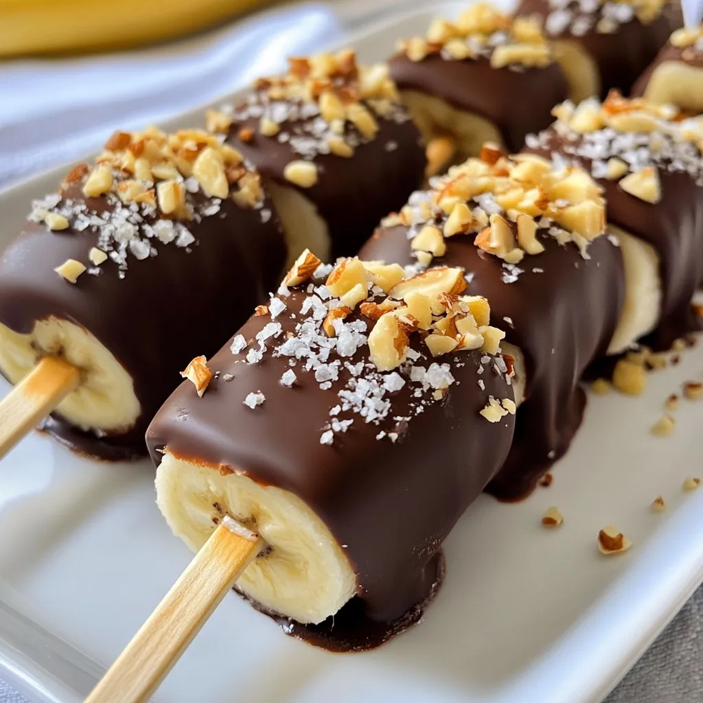 Um leckere Schokoladenüberzogene Bananenlutscher zu machen, brauchen Sie: - 2 reife Bananen - 1 Tasse Zartbitterschokoladenstückchen - 1 Esslöffel Kokosöl - Meersalz, zum Bestreuen Diese Zutaten sind einfach zu finden. Reife Bananen haben die beste Süße. Zartbitterschokolade gibt einen tollen Geschmack. Das Kokosöl hilft, die Schokolade glatt zu halten. Für mehr Spaß können Sie Ihre Lutscher verfeinern. Hier sind einige tolle Ideen: - Gehackte Nüsse - Streusel - Geraspelte Kokosnuss Diese Toppings bringen Farbe und Textur. Sie sind auch eine gute Möglichkeit, die Lutscher zu personalisieren. Lassen Sie Ihrer Kreativität freien Lauf! Wählen Sie frische, reife Bananen. Sie machen die Lutscher süßer. Achten Sie auf gute Schokolade. Zartbitterschokolade mit hohem Kakaoanteil hat den besten Geschmack. Bio-Kokosöl ist eine gute Wahl. Es hat viele gesunde Fette. Hochwertige Zutaten machen einen großen Unterschied. {{ingredient_image_2}} Zuerst schälen Sie die Bananen. Nehmen Sie zwei reife Bananen. Schneiden Sie jede Banane in der Mitte durch. So haben Sie vier Stücke. Stecken Sie in jedes Stück einen Eisstiel. Der Stiel sollte stabil sitzen. Legen Sie die Bananenstücke auf ein Backblech mit Backpapier. Stellen Sie das Blech in den Gefrierschrank. Lassen Sie die Bananen für mindestens eine Stunde frieren. Nehmen Sie eine mikrowellenfeste Schüssel. Geben Sie die Zartbitterschokoladenstückchen und einen Esslöffel Kokosöl hinein. Erhitzen Sie die Mischung in der Mikrowelle. Machen Sie das in 30-Sekunden-Intervallen. Rühren Sie die Mischung nach jeder Runde um. Wiederholen Sie dies, bis die Schokolade cremig und geschmolzen ist. Nehmen Sie die gefrorenen Bananenlutscher aus dem Gefrierfach. Tauchen Sie jedes Stück in die geschmolzene Schokolade. Lassen Sie die überschüssige Schokolade abtropfen. Wenn Sie möchten, können Sie die Lutscher in Toppings wälzen. Nutzen Sie gehackte Nüsse, Streusel oder geraspelte Kokosnuss. Legen Sie die Bananenlutscher zurück auf das Backpapier. Bestreuen Sie sie mit einer Prise Meersalz. Dies gibt einen besonderen Geschmack. Stellen Sie das Blech für weitere 30 Minuten ins Gefrierfach. So wird die Schokolade fest. Ein häufiger Fehler ist, die Bananen nicht richtig einzufrieren. Wenn sie nicht gefroren sind, wird die Schokolade nicht gut haften. Achte darauf, dass du die Bananenstücke mindestens eine Stunde im Gefrierfach lässt. Ein weiterer Fehler ist, die Schokolade zu überhitzen. Erhitze sie in kurzen Intervallen und rühre gut um, damit sie cremig bleibt. Die beste Gefrierzeit für deine Bananenlutscher beträgt mindestens 1 Stunde. So wird die Schokolade fest und knusprig. Wenn du die Lutscher nach dem Dippen nochmal für 30 Minuten ins Gefrierfach legst, wird die Schokolade noch fester. Das sorgt für den perfekten Biss. Du kannst die Bananenlutscher anpassen, wie du magst. Füge verschiedene Toppings hinzu, um mehr Geschmack zu bekommen. Gehackte Nüsse geben einen tollen Crunch. Streusel bringen Farbe und Spaß. Geraspelte Kokosnuss verleiht einen tropischen Touch. Experimentiere mit verschiedenen Kombinationen, um deine Lieblingsversion zu finden! Pro Tipps Die richtige Schokolade wählen: Verwenden Sie Zartbitterschokolade mit einem hohen Kakaoanteil für einen intensiveren Geschmack und eine bessere Schmelzfähigkeit. Banane perfekt einfrieren: Stellen Sie sicher, dass die Bananen gut gefroren sind, bevor Sie sie in die Schokolade tauchen, damit der Überzug besser haftet. Variieren Sie die Toppings: Probieren Sie verschiedene Toppings wie gesunde Samen oder getrocknete Früchte, um eine neue Geschmacksdimension hinzuzufügen. Schokolade richtig temperieren: Temperieren Sie die Schokolade, indem Sie sie sanft erwärmen und abkühlen, um einen glänzenden und knackigen Überzug zu erzielen. {{image_4}} Ich liebe es, meine Schokoladenüberzogenen Bananenlutscher schön anzurichten. Ein rustikales Holzbrett wirkt immer gut. Sieht toll aus und hält die Lutscher stabil. Eine andere Idee ist, ein hohes Glas mit zerstoßenem Eis zu füllen. Stellen Sie die Lutscher darin auf. Das gibt dem Ganzen einen fröhlichen Sommerlook. Achten Sie darauf, die Lutscher so anzuordnen, dass sie gut sichtbar sind. Das macht sie noch appetitlicher. Die Lutscher passen super zu vielen anderen Desserts. Sie können sie neben einem Stück Käsekuchen servieren. Die Kombination aus Schokolade und Banane ist himmlisch. Oder stellen Sie sie mit einem Schokoladenmousse zusammen. Ein wenig Abwechslung macht alles besser. Auch eine Schale mit frischen Beeren sieht toll aus. Die Farben und Aromen ergänzen sich perfekt. Es gibt viele Beilagen, die gut zu den Bananenlutschern passen. Eine Schale mit geschlagener Sahne ist immer ein Hit. Sie können auch Eiscreme anbieten. Vanille- oder Schokoladeneis harmonieren gut. Für einen besonderen Touch servieren Sie die Lutscher mit Karamellsauce. Ein Hauch von Meersalz darüber verstärkt die Süße. Solche Beilagen machen Ihre Präsentation noch besser! Um die Bananenlutscher richtig zu lagern, lege sie in einen luftdichten Behälter. Stelle sicher, dass die Bananenlutscher nicht übereinander liegen. So vermeidest du, dass sie zusammenkleben. Achte darauf, dass der Behälter gut verschlossen ist. Dadurch bleibt die Schokolade knackig und die Banane frisch. Wenn du die Lutscher länger frisch halten möchtest, friere sie in kleinen Portionen ein. Du kannst auch Backpapier zwischen die Lutscher legen. So bleibt jede Banane einzeln und schokoladig. Achte darauf, sie innerhalb von zwei bis drei Monaten zu genießen. Danach könnte der Geschmack nachlassen. Wenn du deine Lutscher wieder erwärmen möchtest, gehe vorsichtig vor. Lasse sie einfach bei Raumtemperatur für etwa 10 Minuten stehen. Dadurch wird die Schokolade wieder leicht weich, ohne zu schmelzen. So bleibt der Geschmack frisch und lecker. Vermeide die Mikrowelle, da die Schokolade dabei zu heiß werden kann. Die Schokoladenüberzogenen Bananenlutscher halten sich etwa zwei Monate im Gefrierfach. Sie bleiben frisch und lecker, wenn Sie sie in einem luftdichten Behälter aufbewahren. So schützen Sie sie vor Gefrierbrand. Wenn Sie sie länger aufbewahren, können sie ihre Textur und ihren Geschmack verlieren. Daher ist es am besten, sie innerhalb der ersten Monate zu genießen. Ja, Sie können Milchschokolade statt Zartbitterschokolade verwenden. Milchschokolade gibt den Lutschern einen süßeren Geschmack. Wenn Sie weniger bitteren Geschmack mögen, ist das eine gute Wahl. Achten Sie darauf, die Schokolade langsam zu schmelzen, um ein Anbrennen zu vermeiden. Die Textur wird cremig und lecker sein. Ja, diese Bananenlutscher sind glutenfrei. Die Hauptzutaten sind Bananen und Schokolade, die beide von Natur aus glutenfrei sind. Wenn Sie Toppings verwenden möchten, überprüfen Sie die Verpackung, um sicherzugehen, dass sie ebenfalls glutenfrei sind. So können alle, die glutenfrei essen, diese Leckerbissen genießen. Schokoladenüberzogene Bananenlutscher sind einfach herzustellen und super lecker. Wir haben die besten Zutaten und Tipps durchgegangen. Achte auf die Auswahl der Schokolade und die Frische der Bananen. Jeder Schritt, vom Schmelzen bis zum Anrichten, spielt eine Rolle. Vergiss nicht, deine Lutscher richtig zu lagern, damit sie lange frisch bleiben. Mit ein bisschen Kreativität kannst du immer neue Variationen ausprobieren. Genieße die süße Freude und teile sie mit anderen!