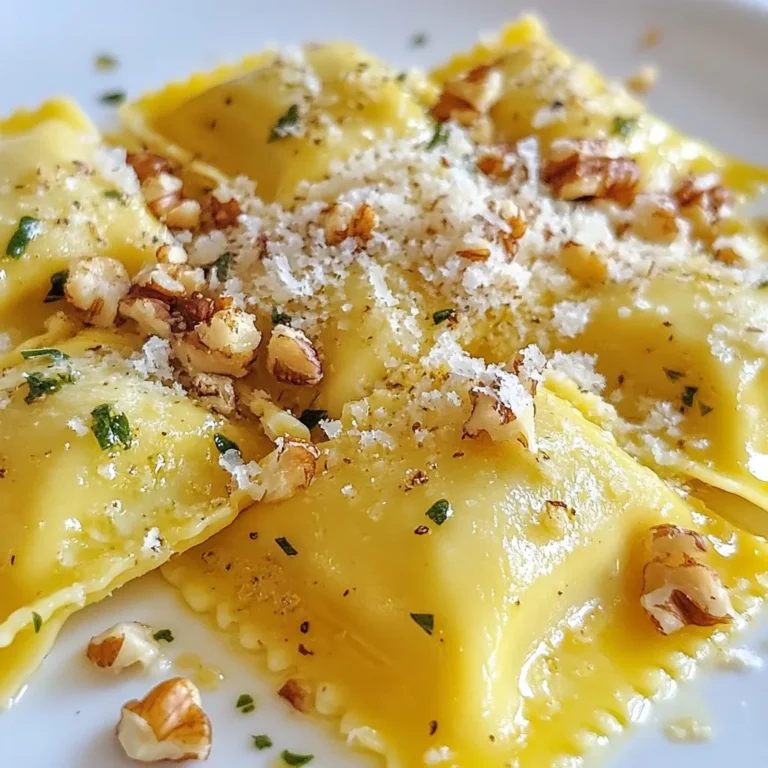 - 2 Tassen Weizenmehl - 3 große Eier - 1/2 Teelöffel Salz - 1 Esslöffel Olivenöl - 1 Tasse Kürbispüree - 1/2 Teelöffel gemahlene Muskatnuss - 1/2 Teelöffel gemahlener Zimt - Salz und Pfeffer nach Geschmack Für die Ravioli brauchen wir frische und einfache Zutaten. Weizenmehl und Eier bilden die Basis. Sie sorgen für einen schönen Teig. Ich benutze auch Kürbispüree. Es bringt Geschmack und eine tolle Textur. Gewürze wie Muskatnuss und Zimt geben dem Ganzen einen warmen, herbstlichen Touch. Salz und Pfeffer runden die Füllung ab. - 1/2 Tasse ungesalzene Butter - 10 frische Salbeiblätter - Geriebener Parmesan zum Servieren - Gehackte Walnüsse (optional) Die Salbeibutter-Sauce ist einfach, aber lecker. Ich nehme ungesalzene Butter, damit ich die Kontrolle über den Salzgehalt habe. Die frischen Salbeiblätter fügen einen tollen Duft hinzu. Wenn ich die Sauce serviere, streue ich oft geriebenen Parmesan darüber. Manchmal füge ich auch Walnüsse hinzu, um einen knackigen Biss zu bekommen. So wird jede Portion besonders. {{ingredient_image_2}} Zuerst mische ich das Mehl, die Eier und das Olivenöl. Dafür forme ich das Mehl zu einem Hügel. In der Mitte mache ich eine Mulde. Ich gebe die Eier, das Salz und das Olivenöl hinein. Mit einer Gabel arbeite ich das Mehl von den Rändern in die Eimischung ein. Wenn der Teig entsteht, knete ich ihn kräftig. Das mache ich etwa 5 bis 7 Minuten. Der Teig sollte glatt und elastisch sein. Danach wickele ich ihn in Plastikfolie und lasse ihn 30 Minuten ruhen. Jetzt bereite ich die Füllung vor. Ich nehme eine Schüssel und gebe das Kürbispüree hinein. Dann füge ich die Muskatnuss, den Zimt, Salz und Pfeffer hinzu. Ich vermenge alles gut. Die Füllung stelle ich beiseite, während der Teig ruht. Nach dem Ruhen teile ich den Teig in vier Portionen. Jede Portion rolle ich dünn aus, etwa 1/16 Zoll dick. Ich bestäube den Teig mit Mehl, damit er nicht klebt. Dann platziere ich kleine Löffel der Kürbismischung auf dem Teig. Ich lasse etwa 2 Zoll Platz zwischen den Löffeln. Die Ränder um die Füllung befeuchte ich leicht mit Wasser. Dann lege ich ein weiteres Teigblatt darüber. Ich drücke die Ränder fest, damit die Füllung nicht herauskommt. Mit einem Messer schneide ich die Ravioli aus. Jetzt koche ich die Ravioli. Dazu bringe ich einen großen Topf mit gesalzenem Wasser zum Kochen. Ich lege die Ravioli vorsichtig hinein. Sie kochen 3 bis 5 Minuten, bis sie an die Oberfläche schwimmen. Ich nehme sie mit einem Schaumlöffel heraus und lasse sie abtropfen. - Teig gleichmäßig ausrollen: Der Teig muss dünn und gleichmäßig sein. Verwende genügend Mehl, um ein Kleben zu verhindern. Achte darauf, dass die Dicke etwa 1/16 Zoll beträgt. So werden die Ravioli gleichmäßig gar. - Füllung richtig würzen: Die Füllung aus Kürbispüree braucht die richtigen Gewürze. Muskatnuss und Zimt sind wichtig. Probiere die Mischung vor dem Füllen. So kannst du den Geschmack anpassen. Salz und Pfeffer bringen alles gut zusammen. - Teigreste sinnvoll nutzen: Wenn du Teig übrig hast, forme kleine Nudeln oder Chips. Diese kannst du einfach im Wasser kochen oder im Ofen rösten. Das ist eine tolle Möglichkeit, nichts wegzuwerfen. - Alternativen zur Füllung: Du kannst die Füllung verändern. Probiere andere Gemüsesorten wie Spinat oder Ricotta. Das gibt neue Geschmackserlebnisse. Sei kreativ mit deinen Zutaten. Pro Tipps Teigruhe ist wichtig: Lassen Sie den Pasta-Teig immer mindestens 30 Minuten ruhen, damit das Gluten entspannen kann. Dies sorgt für eine geschmeidigere und leichter zu verarbeitende Teigkonsistenz. Wasser für die Füllung: Wenn Sie eine besonders cremige Füllung möchten, können Sie einen Esslöffel Ricotta oder Frischkäse zu Ihrem Kürbispüree hinzufügen. Dies verleiht der Füllung eine noch reichhaltigere Textur. Frische Salbeiblätter: Verwenden Sie frische Salbeiblätter für die Butter-Sauce, um das Aroma zu intensivieren. Sie können die Blätter auch vor dem Servieren leicht anrösten, um einen zusätzlichen Crunch zu erhalten. Ravioli richtig kochen: Achten Sie darauf, das Wasser gut zu salzen und die Ravioli nur in kleinen Mengen zu kochen. Überfüllung führt dazu, dass die Ravioli zusammenkleben und nicht gleichmäßig garen. {{image_4}} Für eine vegane Variante deiner Ravioli kannst du die Eier durch Aquafaba ersetzen. Aquafaba ist die Flüssigkeit von Kichererbsen. Es funktioniert gut als Bindemittel. Verwende auch vegane Butter anstelle von normaler Butter. Das sorgt für einen ähnlichen Geschmack. Du kannst auch pflanzliches Öl verwenden, um den Teig herzustellen. So bleibt der Teig geschmeidig und lecker. Du kannst die Füllung deiner Ravioli leicht ändern. Statt Kürbispüree kannst du Süßkartoffeln verwenden. Süßkartoffeln bringen eine süße Note. Auch Spinat und Ricotta passen gut. Für eine herzhaftere Füllung kannst du Pilze oder Rote Beete versuchen. Sei kreativ und mische verschiedene Gemüse und Käsesorten. Das gibt jedem Biss eine neue Überraschung. Die Ravioli harmonieren toll mit verschiedenen Saucen. Du kannst sie einfach in einer Tomatensauce servieren. Ein Pesto aus frischem Basilikum passt ebenfalls gut. Für ein besonderes Erlebnis kannst du die Ravioli mit einer Sahnesauce kombinieren. Füge geröstete Nüsse oder frische Kräuter als Topping hinzu. Diese kleinen Extras geben dem Gericht mehr Geschmack und Textur. Du kannst die Ravioli im Kühlschrank oder Gefrierschrank lagern. Wenn du sie im Kühlschrank aufbewahrst, lege sie in einen luftdichten Behälter. So bleiben sie frisch für bis zu drei Tage. Wenn du mehr Zeit brauchst, friere die Ravioli ein. Lege sie auf ein Backblech, damit sie nicht zusammenkleben. Nach ein paar Stunden kannst du sie in einen Gefrierbeutel umfüllen. So sind sie bis zu drei Monate haltbar. Die Salbeibutter-Sauce kannst du auch aufbewahren. Lass die Sauce zuerst abkühlen. Fülle sie dann in einen luftdichten Behälter. Sie hält sich im Kühlschrank bis zu einer Woche. Wenn du die Sauce einfrieren möchtest, tue dies in einem gefriersicheren Behälter. So bleibt der Geschmack bis zu zwei Monate erhalten. Wenn du die Ravioli wieder zubereiten möchtest, kannst du sie entweder kochen oder backen. Zum Kochen bringe einen großen Topf mit Salzwasser zum Kochen. Gib die gefrorenen Ravioli direkt ins Wasser. Koche sie für 5-7 Minuten, bis sie schwimmen. Wenn du sie backen möchtest, lege die Ravioli in eine Auflaufform. Gieße etwas Salbeibutter darüber und backe sie bei 180 Grad Celsius für 15-20 Minuten. So werden sie schön warm und lecker. Ravioli halten sich gut im Kühlschrank. Dort bleiben sie bis zu drei Tage frisch. Im Gefrierfach können sie bis zu drei Monate aufbewahrt werden. Achte darauf, sie in einem luftdichten Behälter zu lagern. So verhinderst du, dass sie austrocknen. Ja, du kannst Ravioli im Voraus machen. Bereite den Teig und die Füllung einen Tag vorher zu. Lagere die Ravioli dann im Kühlschrank. Du kannst sie auch einfrieren, um später zu genießen. Achte darauf, sie gut einzupacken, damit sie nicht zusammenkleben. Kürbis-Ravioli schmecken toll mit verschiedenen Beilagen. Eine einfache Salatbeilage bringt Frische. Dazu passt ein leichter Weißwein, wie Sauvignon Blanc. Auch geröstete Nüsse sind eine gute Wahl. Sie geben einen schönen Crunch. Zusammengefasst ist die Zubereitung von Kürbis-Ravioli einfach und macht Spaß. Sie lernen tolle Zutaten kennen und wie man die perfekte Füllung zubereitet. Auch die Salbeibutter-Sauce bringt Aromen zusammen. Mit unseren Tipps gelingt alles leichter. Variationen geben Ihnen Spielraum für Kreativität. Lagern Sie die Ravioli richtig, um sie länger frisch zu halten. Kochen Sie diese köstlichen Ravioli und genießen Sie die leckeren Kombinationen!