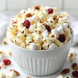 - 1/2 Tasse Popcornkörner - 1 Tasse weiße Schokoladenstückchen - 1/2 Tasse getrocknete Cranberries - 1/4 Tasse gesalzene Butter - 1/2 Teelöffel Meersalz - 1/4 Teelöffel Vanilleextrakt Diese Zutaten sind die Basis für unseren leckeren Snack. Popcorn ist die Hauptzutat und bringt viel Volumen. Die weiße Schokolade sorgt für süßen Geschmack und die Cranberries fügen eine fruchtige Note hinzu. - 1/4 Tasse gehackte Pekannüsse - 1/4 Tasse Mini-Marshmallows Die optionalen Zutaten bringen mehr Textur und Geschmack. Pekannüsse geben einen nussigen Crunch. Mini-Marshmallows machen das Popcorn noch süßer und klebriger. Diese Zutaten sind nicht nötig, aber sie verbessern das Erlebnis. Wenn du Lust auf etwas anderes hast, kannst du verschiedene Zutaten ausprobieren. Hier sind einige Ideen: - Ersetze die Cranberries durch getrocknete Kirschen oder Aprikosen. - Füge Gewürze wie Zimt oder Muskatnuss für eine besondere Note hinzu. - Nutze dunkle Schokolade statt weißer Schokolade für einen reichhaltigeren Geschmack. Mit diesen Variationen kannst du das Rezept anpassen und neue Geschmacksrichtungen entdecken. Es ist eine kreative Möglichkeit, das Popcorn zu genießen! {{ingredient_image_2}} Zuerst machen wir das Popcorn. Nehmen Sie eine halbe Tasse Popcornkörner. Verwenden Sie einen großen Topf oder einen Popcornmacher. Be folgen Sie den Anweisungen des Herstellers. Sobald das Popcorn aufgepoppt ist, geben Sie es in eine große Schüssel. Achten Sie darauf, alle ungepoppten Körner zu entfernen. So bleibt es knusprig und lecker. Jetzt kommen wir zur schmelzenden Schokolade. Nehmen Sie eine mikrowellengeeignete Schüssel. Geben Sie die weiße Schokolade und die gesalzene Butter hinein. Erwärmen Sie alles in der Mikrowelle. Machen Sie das in 30-Sekunden-Intervallen. Rühren Sie zwischendurch um. Wenn die Mischung glatt ist, ist sie bereit. Gießen Sie die geschmolzene Schokolade gleichmäßig über das Popcorn. Nutzen Sie einen Spatel oder Ihre Hände. Mischen Sie alles vorsichtig, damit das Popcorn gleichmäßig überzogen ist. Fügen Sie dann die getrockneten Cranberries hinzu. Wenn Sie möchten, können Sie auch Pekannüsse und Mini-Marshmallows hinzufügen. Rühren Sie alles gut durch. Verteilen Sie die Mischung auf einem Backblech mit Backpapier. Lassen Sie es 15-20 Minuten ruhen, damit die Schokolade fest wird. Wenn alles fest ist, brechen Sie das Popcorn in kleine Stücke. Geben Sie es in eine schöne Schüssel. Jetzt sind Sie bereit, diesen leckeren Snack zu genießen! Um weiße Schokolade perfekt zu schmelzen, ist die Mikrowelle ideal. Nutze eine mikrowellengeeignete Schüssel. Mische die Schokolade mit der Butter. Erhitze die Mischung in 30-Sekunden-Intervallen. Rühre zwischendurch um, damit sie nicht verbrennt. Wenn die Schokolade schön glatt ist, ist sie bereit. Die richtige Konsistenz für die Schokolade ist sehr wichtig. Sie sollte dickflüssig, aber nicht klumpig sein. Wenn die Mischung zu dick ist, füge etwas mehr Butter hinzu. Achte darauf, dass die geschmolzene Schokolade gut mit dem Popcorn vermischt werden kann. Wenn die Mischung zu dünn ist, kann das Popcorn matschig werden. Lagere die Zutaten an einem kühlen, trockenen Ort. Getrocknete Cranberries und Schokolade halten sich gut in geschlossenen Behältern. Das Popcorn sollte in einem luftdichten Behälter gelagert werden, um die Frische zu bewahren. So bleibt es knusprig und lecker. Vermeide Feuchtigkeit, da sie das Popcorn weich macht. Pro Tipps Frische Zutaten verwenden: Verwenden Sie frische getrocknete Cranberries und hochwertige weiße Schokolade für den besten Geschmack. Popcorn richtig lagern: Lagern Sie das Popcorn in einem luftdichten Behälter, um es frisch und knusprig zu halten. Variationen ausprobieren: Experimentieren Sie mit verschiedenen Nüssen oder Trockenfrüchten für eine individuelle Note. Schokolade temperieren: Wenn Sie eine glänzende Oberfläche wünschen, temperieren Sie die Schokolade vor dem Überziehen des Popcorns. {{image_4}} Nüsse bringen Crunch und Geschmack. Sie sind eine tolle Ergänzung zu Ihrem Cranberry White Chocolate Popcorn. Hier sind einige Nüsse, die gut passen: - Pekannüsse: Sie sind süß und passen gut zur weißen Schokolade. - Mandeln: Sie fügen einen milden Geschmack hinzu und sind super knackig. - Walnüsse: Für eine herzhaftere Note sind sie perfekt geeignet. Probieren Sie, Ihre Nüsse leicht zu rösten. Das verstärkt den Geschmack und macht sie noch knuspriger. Gewürze können Ihr Popcorn aufregend machen. Hier sind einige Ideen: - Zimt: Eine Prise Zimt gibt eine warme Note. - Kakaopulver: Für einen schokoladigen Kick, fügen Sie etwas Kakaopulver hinzu. - Chili-Pulver: Für etwas Schärfe ist Chili-Pulver eine tolle Wahl. Mischen Sie diese Gewürze in die geschmolzene Schokolade, bevor Sie das Popcorn überziehen. So wird jedes Stück geschmackvoll. Möchten Sie eine vegane Version? Kein Problem! Hier sind einige einfache Alternativen: - Kokosöl: Ersetzen Sie die Butter durch geschmolzenes Kokosöl. - Vegane Schokolade: Nutzen Sie vegane weiße Schokolade für den gleichen süßen Geschmack. - Getrocknete Früchte: Statt Cranberries können Sie Rosinen oder getrocknete Mangos verwenden. Diese Änderungen machen das Rezept nicht nur vegan, sondern auch lecker! Um dein Cranberry White Chocolate Popcorn frisch zu halten, lagere es in einem luftdichten Behälter. Ein Glasgefäß oder eine Plastikbox funktioniert gut. So bleibt das Popcorn knusprig. Vermeide es, es in einer feuchten Umgebung zu lagern. Feuchtigkeit macht das Popcorn weich und weniger lecker. Cranberry White Chocolate Popcorn hält sich etwa eine Woche. Nach ein paar Tagen kann die Frische nachlassen. Wenn du das Popcorn wieder verwenden möchtest, kannst du es leicht aufbacken. Lege es auf ein Backblech und backe es bei 150 Grad Celsius für 5-10 Minuten. So wird es wieder knusprig. Um matschiges Popcorn zu vermeiden, achte darauf, dass die Schokolade nicht zu heiß ist, wenn du sie über das Popcorn gießt. Lass die Schokolade etwas abkühlen, bevor du sie verwendest. Außerdem solltest du das Popcorn nicht zu lange in der Schokolade lassen. Mische es schnell und gleichmäßig, damit jede Ecke gut überzogen ist, aber nicht zu lange stehen bleibt. Ja, du kannst das Popcorn im Voraus machen. Mache es einfach und lasse es abkühlen. Danach bewahre es in einem luftdichten Behälter auf. So bleibt das Popcorn frisch und knusprig. Am besten genießt du es innerhalb von drei bis fünf Tagen. Das Rezept ist sehr flexibel. Du kannst verschiedene Nüsse oder Trockenfrüchte verwenden. Probiere Mandeln oder Cashews für einen anderen Crunch. Du kannst auch die weiße Schokolade gegen Zartbitter- oder Vollmilchschokolade tauschen. Das gibt dem Popcorn einen neuen Geschmack. Wenn du keine getrockneten Cranberries magst, gibt es tolle Alternativen. Verwende getrocknete Kirschen oder Rosinen für eine süße Note. Du kannst auch frische Früchte wie Himbeeren oder Erdbeeren hinzufügen. Achte aber darauf, dass sie nicht zu viel Feuchtigkeit abgeben. Cranberry White Chocolate Popcorn ist einfach zuzubereiten und lecker. Wir haben die Hauptzutaten und optionale Zutaten besprochen. Auch die Variationen machen das Popcorn spannend. Ich zeige, wie man perfektes Popcorn erhält und die Schokolade richtig schmilzt. Lagerungstipps helfen, die Frische zu bewahren. In den FAQs findest du Antworten auf häufige Fragen. Experimentiere mit verschiedenen Zutaten und finde deinen Favoriten. Viel Spaß beim Ausprobieren!