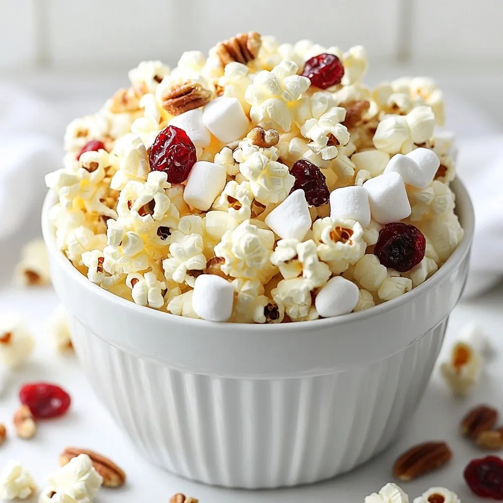 - 1/2 Tasse Popcornkörner - 1 Tasse weiße Schokoladenstückchen - 1/2 Tasse getrocknete Cranberries - 1/4 Tasse gesalzene Butter - 1/2 Teelöffel Meersalz - 1/4 Teelöffel Vanilleextrakt Diese Zutaten sind die Basis für unseren leckeren Snack. Popcorn ist die Hauptzutat und bringt viel Volumen. Die weiße Schokolade sorgt für süßen Geschmack und die Cranberries fügen eine fruchtige Note hinzu. - 1/4 Tasse gehackte Pekannüsse - 1/4 Tasse Mini-Marshmallows Die optionalen Zutaten bringen mehr Textur und Geschmack. Pekannüsse geben einen nussigen Crunch. Mini-Marshmallows machen das Popcorn noch süßer und klebriger. Diese Zutaten sind nicht nötig, aber sie verbessern das Erlebnis. Wenn du Lust auf etwas anderes hast, kannst du verschiedene Zutaten ausprobieren. Hier sind einige Ideen: - Ersetze die Cranberries durch getrocknete Kirschen oder Aprikosen. - Füge Gewürze wie Zimt oder Muskatnuss für eine besondere Note hinzu. - Nutze dunkle Schokolade statt weißer Schokolade für einen reichhaltigeren Geschmack. Mit diesen Variationen kannst du das Rezept anpassen und neue Geschmacksrichtungen entdecken. Es ist eine kreative Möglichkeit, das Popcorn zu genießen! {{ingredient_image_2}} Zuerst machen wir das Popcorn. Nehmen Sie eine halbe Tasse Popcornkörner. Verwenden Sie einen großen Topf oder einen Popcornmacher. Be folgen Sie den Anweisungen des Herstellers. Sobald das Popcorn aufgepoppt ist, geben Sie es in eine große Schüssel. Achten Sie darauf, alle ungepoppten Körner zu entfernen. So bleibt es knusprig und lecker. Jetzt kommen wir zur schmelzenden Schokolade. Nehmen Sie eine mikrowellengeeignete Schüssel. Geben Sie die weiße Schokolade und die gesalzene Butter hinein. Erwärmen Sie alles in der Mikrowelle. Machen Sie das in 30-Sekunden-Intervallen. Rühren Sie zwischendurch um. Wenn die Mischung glatt ist, ist sie bereit. Gießen Sie die geschmolzene Schokolade gleichmäßig über das Popcorn. Nutzen Sie einen Spatel oder Ihre Hände. Mischen Sie alles vorsichtig, damit das Popcorn gleichmäßig überzogen ist. Fügen Sie dann die getrockneten Cranberries hinzu. Wenn Sie möchten, können Sie auch Pekannüsse und Mini-Marshmallows hinzufügen. Rühren Sie alles gut durch. Verteilen Sie die Mischung auf einem Backblech mit Backpapier. Lassen Sie es 15-20 Minuten ruhen, damit die Schokolade fest wird. Wenn alles fest ist, brechen Sie das Popcorn in kleine Stücke. Geben Sie es in eine schöne Schüssel. Jetzt sind Sie bereit, diesen leckeren Snack zu genießen! Um weiße Schokolade perfekt zu schmelzen, ist die Mikrowelle ideal. Nutze eine mikrowellengeeignete Schüssel. Mische die Schokolade mit der Butter. Erhitze die Mischung in 30-Sekunden-Intervallen. Rühre zwischendurch um, damit sie nicht verbrennt. Wenn die Schokolade schön glatt ist, ist sie bereit. Die richtige Konsistenz für die Schokolade ist sehr wichtig. Sie sollte dickflüssig, aber nicht klumpig sein. Wenn die Mischung zu dick ist, füge etwas mehr Butter hinzu. Achte darauf, dass die geschmolzene Schokolade gut mit dem Popcorn vermischt werden kann. Wenn die Mischung zu dünn ist, kann das Popcorn matschig werden. Lagere die Zutaten an einem kühlen, trockenen Ort. Getrocknete Cranberries und Schokolade halten sich gut in geschlossenen Behältern. Das Popcorn sollte in einem luftdichten Behälter gelagert werden, um die Frische zu bewahren. So bleibt es knusprig und lecker. Vermeide Feuchtigkeit, da sie das Popcorn weich macht. Pro Tipps Frische Zutaten verwenden: Verwenden Sie frische getrocknete Cranberries und hochwertige weiße Schokolade für den besten Geschmack. Popcorn richtig lagern: Lagern Sie das Popcorn in einem luftdichten Behälter, um es frisch und knusprig zu halten. Variationen ausprobieren: Experimentieren Sie mit verschiedenen Nüssen oder Trockenfrüchten für eine individuelle Note. Schokolade temperieren: Wenn Sie eine glänzende Oberfläche wünschen, temperieren Sie die Schokolade vor dem Überziehen des Popcorns. {{image_4}} Nüsse bringen Crunch und Geschmack. Sie sind eine tolle Ergänzung zu Ihrem Cranberry White Chocolate Popcorn. Hier sind einige Nüsse, die gut passen: - Pekannüsse: Sie sind süß und passen gut zur weißen Schokolade. - Mandeln: Sie fügen einen milden Geschmack hinzu und sind super knackig. - Walnüsse: Für eine herzhaftere Note sind sie perfekt geeignet. Probieren Sie, Ihre Nüsse leicht zu rösten. Das verstärkt den Geschmack und macht sie noch knuspriger. Gewürze können Ihr Popcorn aufregend machen. Hier sind einige Ideen: - Zimt: Eine Prise Zimt gibt eine warme Note. - Kakaopulver: Für einen schokoladigen Kick, fügen Sie etwas Kakaopulver hinzu. - Chili-Pulver: Für etwas Schärfe ist Chili-Pulver eine tolle Wahl. Mischen Sie diese Gewürze in die geschmolzene Schokolade, bevor Sie das Popcorn überziehen. So wird jedes Stück geschmackvoll. Möchten Sie eine vegane Version? Kein Problem! Hier sind einige einfache Alternativen: - Kokosöl: Ersetzen Sie die Butter durch geschmolzenes Kokosöl. - Vegane Schokolade: Nutzen Sie vegane weiße Schokolade für den gleichen süßen Geschmack. - Getrocknete Früchte: Statt Cranberries können Sie Rosinen oder getrocknete Mangos verwenden. Diese Änderungen machen das Rezept nicht nur vegan, sondern auch lecker! Um dein Cranberry White Chocolate Popcorn frisch zu halten, lagere es in einem luftdichten Behälter. Ein Glasgefäß oder eine Plastikbox funktioniert gut. So bleibt das Popcorn knusprig. Vermeide es, es in einer feuchten Umgebung zu lagern. Feuchtigkeit macht das Popcorn weich und weniger lecker. Cranberry White Chocolate Popcorn hält sich etwa eine Woche. Nach ein paar Tagen kann die Frische nachlassen. Wenn du das Popcorn wieder verwenden möchtest, kannst du es leicht aufbacken. Lege es auf ein Backblech und backe es bei 150 Grad Celsius für 5-10 Minuten. So wird es wieder knusprig. Um matschiges Popcorn zu vermeiden, achte darauf, dass die Schokolade nicht zu heiß ist, wenn du sie über das Popcorn gießt. Lass die Schokolade etwas abkühlen, bevor du sie verwendest. Außerdem solltest du das Popcorn nicht zu lange in der Schokolade lassen. Mische es schnell und gleichmäßig, damit jede Ecke gut überzogen ist, aber nicht zu lange stehen bleibt. Ja, du kannst das Popcorn im Voraus machen. Mache es einfach und lasse es abkühlen. Danach bewahre es in einem luftdichten Behälter auf. So bleibt das Popcorn frisch und knusprig. Am besten genießt du es innerhalb von drei bis fünf Tagen. Das Rezept ist sehr flexibel. Du kannst verschiedene Nüsse oder Trockenfrüchte verwenden. Probiere Mandeln oder Cashews für einen anderen Crunch. Du kannst auch die weiße Schokolade gegen Zartbitter- oder Vollmilchschokolade tauschen. Das gibt dem Popcorn einen neuen Geschmack. Wenn du keine getrockneten Cranberries magst, gibt es tolle Alternativen. Verwende getrocknete Kirschen oder Rosinen für eine süße Note. Du kannst auch frische Früchte wie Himbeeren oder Erdbeeren hinzufügen. Achte aber darauf, dass sie nicht zu viel Feuchtigkeit abgeben. Cranberry White Chocolate Popcorn ist einfach zuzubereiten und lecker. Wir haben die Hauptzutaten und optionale Zutaten besprochen. Auch die Variationen machen das Popcorn spannend. Ich zeige, wie man perfektes Popcorn erhält und die Schokolade richtig schmilzt. Lagerungstipps helfen, die Frische zu bewahren. In den FAQs findest du Antworten auf häufige Fragen. Experimentiere mit verschiedenen Zutaten und finde deinen Favoriten. Viel Spaß beim Ausprobieren!