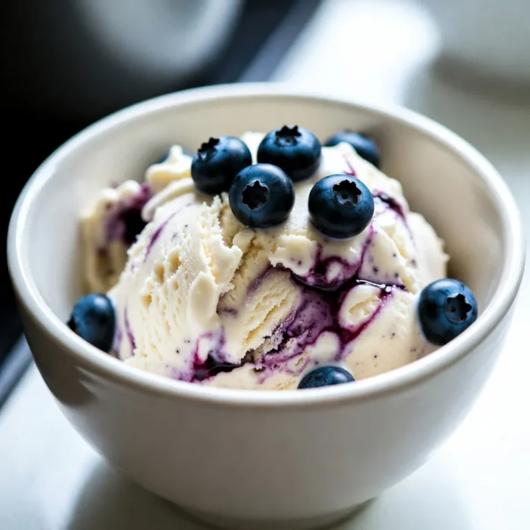 Für mein Blaubeer-Käsekuchen-Eiscreme-Rezept brauchst du: - 1 Tasse frische Blaubeeren - 1 Tasse Frischkäse, weich gemacht - 1 Tasse Schlagsahne - 3/4 Tasse gesüßte Kondensmilch - 1 Teelöffel Vanilleextrakt - 1/4 Tasse Kristallzucker - 1/2 Teelöffel Zitronensaft - Eine Prise Salz Diese Zutaten machen das Eis reichhaltig und cremig. Die frischen Blaubeeren geben einen süßen und fruchtigen Geschmack. Frischkäse sorgt für die Käsekuchen-Note. Schlagsahne macht das Eis luftig und leicht. Wähle frische Blaubeeren, die fest und prall sind. Vermeide Beeren mit Druckstellen oder Schimmel. Achte darauf, dass der Frischkäse gut gekühlt ist. So wird er beim Rühren schön cremig. Für die Schlagsahne solltest du eine hohe Fettstufe wählen. Sie gibt dem Eis die perfekte Konsistenz. Verwende echte Vanilleextrakt für einen besseren Geschmack. Hier sind einige Nährwertinformationen für die Hauptzutaten: - Blaubeeren: Reich an Antioxidantien, gut für das Herz. - Frischkäse: Liefert Eiweiß und Calcium, wichtig für die Knochen. - Schlagsahne: Enthält Fett, das beim Genuss hilft, sich satt zu fühlen. - Kondensmilch: Macht das Eis süß und cremig, hat aber auch Zucker. - Zitronensaft: Bringt Frische und hilft, den Geschmack zu heben. Diese Zutaten bieten nicht nur Geschmack, sondern auch einige Nährstoffe. Achte auf die Portionen, wenn du auf deine Gesundheit achtest. {{ingredient_image_2}} Um die Blaubeeren vorzubereiten, nehme ich eine mittelgroße Pfanne. Ich gebe die Blaubeeren und 2 Esslöffel Zucker hinein. Dann stelle ich die Pfanne auf mittlere Hitze. Die Blaubeeren sollten etwa 5 bis 7 Minuten kochen. Ich rühre sie gelegentlich um. Sobald sie anfangen zu platzen, ist es Zeit, sie vom Herd zu nehmen. Ich lasse sie abkühlen. Diese Mischung gibt dem Eis einen tollen Geschmack. Jetzt beginne ich mit der Käsecreme. In einer großen Schüssel nehme ich 1 Tasse weichen Frischkäse. Ich füge den restlichen Zucker hinzu. Mit einem Mixer verrühre ich alles gut. Die Mischung sollte glatt und cremig sein. Dann gebe ich 1 Tasse Schlagsahne, 3/4 Tasse gesüßte Kondensmilch, 1 Teelöffel Vanilleextrakt, 1/2 Teelöffel Zitronensaft und eine Prise Salz dazu. Ich rühre alles zusammen, bis es homogen ist. Jetzt kommt der spannende Teil! Ich nehme die abgekühlte Blaubeermischung und hebe sie vorsichtig unter die Käsecreme. Dabei lasse ich ein paar ganze Beeren für die Textur. Dann gieße ich die Mischung in meine Eismaschine. Ich folge den Anweisungen des Herstellers. Das Eis rühre ich, bis es die Konsistenz von weichem Eis hat. Danach fülle ich es in einen luftdichten Behälter. Ich lasse es mindestens 4 Stunden im Gefrierfach. Vor dem Servieren lasse ich das Eis ein paar Minuten bei Raumtemperatur stehen. So lässt es sich besser portionieren. Wenn Sie Blaubeer-Käsekuchen-Eiscreme machen, gibt es einige Fehler, die Sie vermeiden sollten. Kochen Sie die Blaubeeren nicht zu lange. Sonst werden sie zu einer Sauce. Achten Sie darauf, die Mischung nicht zu übermixen. Wenn Sie die Schlagsahne zu stark schlagen, wird das Eis nicht cremig. Verwenden Sie frische Blaubeeren für den besten Geschmack. Gefrorene Beeren können wässrig werden. Um die perfekte Konsistenz zu erreichen, ist die Temperatur wichtig. Lassen Sie die Mischung vor dem Einfrieren gut kühlen. Das hilft, die Eiskristalle klein zu halten. Ein weiteres Geheimnis ist, die Eismaschine gut vorzubereiten. Kühlen Sie die Schüssel mindestens 24 Stunden im Gefrierfach. Wenn das Eis fertig ist, frieren Sie es in einem luftdichten Behälter ein. So bleibt es länger frisch und lecker. Das Servieren ist der letzte Schritt. Verwenden Sie Waffelhäubchen oder Schalen für das Eis. Das sieht toll aus und macht Spaß. Garnieren Sie das Eis mit frischen Blaubeeren. Ein Schuss Blaubeersauce bringt zusätzlichen Geschmack. Sie können auch gehackte Nüsse oder Schokoladensplitter hinzufügen. Das gibt dem Eis eine schöne Textur und mehr Geschmack. Pro Tipps Frische Blaubeeren: Verwenden Sie frische Blaubeeren für den besten Geschmack. Tiefgekühlte Blaubeeren können die Konsistenz des Eises verändern. Küchenutensilien vorab kühlen: Wenn möglich, kühlen Sie Ihre Rührschüssel und die Quirle vor der Zubereitung, um die Schlagsahne besser aufschlagen zu können. Eismaschine richtig verwenden: Stellen Sie sicher, dass die Schüssel Ihrer Eismaschine vollständig gefroren ist, bevor Sie die Mischung einfüllen, um die beste Konsistenz zu erzielen. Variationen ausprobieren: Experimentieren Sie mit anderen Beeren oder Aromen, um Ihrem Eis eine persönliche Note zu verleihen. {{image_4}} Du kannst dieses Eis leicht anpassen. Ersetze den Frischkäse durch griechischen Joghurt für weniger Fett. Verwende auch Milch anstelle von Kondensmilch für weniger Süße. Wenn du es weniger süß magst, reduziere den Zucker. Für einen Hauch von Würze füge etwas Zimt hinzu. Diese kleinen Änderungen helfen, das Eis nach deinem Geschmack zu gestalten. Blaubeeren sind toll, aber du kannst auch andere Früchte verwenden. Himbeeren geben dem Eis eine schöne Farbe und einen frischen Geschmack. Erdbeeren sind süß und passen gut zum Käse. Du kannst auch Pfirsiche oder Mangos ausprobieren. Vermische verschiedene Früchte, um neue Geschmäcker zu entdecken. Kreativität ist der Schlüssel! Für vegane oder laktosefreie Varianten gibt es viele Optionen. Ersetze den Frischkäse durch veganen Frischkäse oder Cashew-Creme. Verwende Kokosnusscreme anstelle von Schlagsahne. Anstelle von Kondensmilch kannst du süße Mandelmilch oder Hafermilch nehmen. Diese Alternativen machen dein Eis lecker und für alle geeignet. Um Ihre Blaubeer-Käsekuchen-Eiscreme frisch zu halten, verwenden Sie einen luftdichten Behälter. Das verhindert, dass Luft und Gerüche eindringen. Achten Sie darauf, das Eis gut abzudecken. Wenn Sie einen Behälter mit Deckel haben, ist das ideal. Es hilft, die Textur und den Geschmack zu bewahren. Im Gefrierschrank bleibt Ihre Eiscreme bis zu zwei Monate frisch. Nach dieser Zeit kann die Qualität sinken. Achten Sie darauf, die Eiscreme nicht zu oft aufzutauen und wieder einzufrieren. Dies kann die Struktur verändern. Wenn Sie das Eis nach längerer Zeit essen, probieren Sie es vorher. So stellen Sie sicher, dass es noch gut ist. Wenn das Eis zu hart geworden ist, lassen Sie es einige Minuten bei Raumtemperatur stehen. So wird es weicher und leichter zu portionieren. Alternativ können Sie das Eis in der Mikrowelle für kurze Zeit erwärmen. Stellen Sie sicher, dass Sie es in kurzen Intervallen tun, um es nicht zu schmelzen. So bleibt die cremige Konsistenz erhalten. Das Eis braucht mindestens 4 Stunden, um fest zu werden. Ich empfehle, es über Nacht einzufrieren. So hat es die beste Konsistenz. Wenn Sie es früher brauchen, können Sie es nach 4 Stunden testen. Manchmal kann es länger dauern, je nach Gefriergerät. Ja, Sie können das Eis auch ohne Eismaschine machen. Gießen Sie die Mischung in einen Behälter und frieren Sie sie ein. Rühren Sie alle 30 Minuten um, um Klumpen zu vermeiden. Dieser Prozess dauert etwa 3-4 Stunden. Es erfordert etwas Geduld, aber das Ergebnis ist auch ohne Eismaschine lecker. Neben Blaubeeren können Sie auch Himbeeren, Erdbeeren oder Pfirsiche verwenden. Diese Früchte bringen ihren eigenen Geschmack und Textur ins Eis. Achten Sie darauf, die Früchte gut zu pürieren oder zu zerdrücken, um die beste Konsistenz zu erreichen. Experimentieren Sie mit verschiedenen Kombinationen für neue Geschmäcker. Dieses Rezept für Blaubeer-Käsekuchen-Eiscreme nutzt frische Zutaten und umfasst wichtige Tipps. Ich habe die Schritte einfach erklärt, damit jeder mitmachen kann. Vermeiden Sie gängige Fehler und probieren Sie kreative Varianten aus. Achten Sie auf die richtige Lagerung, damit Ihr Eis frisch bleibt. Denken Sie daran, dass selbst kleine Änderungen einen großen Unterschied machen können. Experimentieren Sie und finden Sie Ihren persönlichen Favoriten!