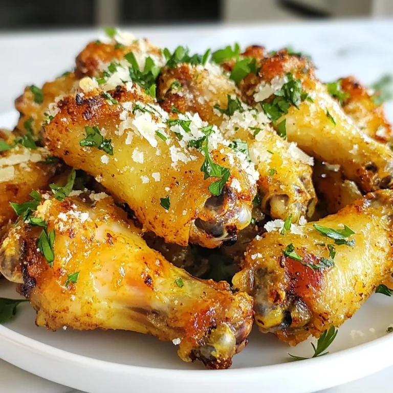 Für diese köstlichen Flügel benötigst du: - 900 g Hähnchenflügel, geteilt und gereinigt - 1 Esslöffel Olivenöl Diese Hauptzutaten sind der Schlüssel zu saftigen und zarten Flügeln. Achte darauf, dass die Hähnchenflügel frisch sind. Die Flügel bekommen ihren tollen Geschmack durch folgende Gewürze: - 1 Teelöffel Knoblauchpulver - 1 Teelöffel Zwiebelpulver - 1 Teelöffel geräuchertes Paprikapulver - ½ Teelöffel schwarzer Pfeffer - 1 Teelöffel Salz Diese Gewürze verleihen den Flügeln eine wunderbare Tiefe. Die Kombination aus Knoblauch und Paprika bringt das Aroma zum Strahlen. Um die Flügel noch besser zu machen, verwende: - 125 g frisch geriebener Parmesan - 3 Esslöffel frische Petersilie, gehackt (zum Garnieren) - 1 Esslöffel gehackter Knoblauch - 2 Esslöffel Butter, geschmolzen Die Garnierung mit Parmesan und Petersilie macht die Flügel nicht nur lecker, sondern auch schön anzusehen. Serviere sie mit frischem Gemüse, wie Karotten und Sellerie. Ein Dip aus Ranch oder Blauschimmelkäse passt perfekt dazu. {{ingredient_image_2}} Zuerst, nimm 900 g Hähnchenflügel und teile sie. Reinige sie gut unter kaltem Wasser. In einer großen Schüssel vermenge 1 Esslöffel Olivenöl, 1 Teelöffel Knoblauchpulver, 1 Teelöffel Zwiebelpulver, 1 Teelöffel geräuchertes Paprikapulver, ½ Teelöffel schwarzer Pfeffer und 1 Teelöffel Salz. Gib die Flügel in die Schüssel und wälze sie gründlich in der Gewürzmischung. Achte darauf, dass die Flügel gleichmäßig bedeckt sind. Heize den Air Fryer auf 200°C (400°F) vor. Lasse ihn etwa 5 Minuten lang laufen. Das Vorheizen sorgt dafür, dass die Flügel von Anfang an schön knusprig werden. Lege die gewürzten Flügel gleichmäßig in den Korb des Air Fryers. Achte darauf, dass sie nicht überfüllt sind. Frittiere die Flügel für 25-30 Minuten. Wende die Flügel nach der Hälfte der Zeit, damit sie gleichmäßig bräunen. Sie sollten goldbraun werden und eine Innentemperatur von 75°C (165°F) erreichen. Während die Flügel garen, bereite die Knoblauch Parmesan Sauce vor. Mische in einer kleinen Schüssel die geschmolzene Butter, den gehackten Knoblauch und den frisch geriebenen Parmesan. Nach dem Frittieren wälze die Flügel sofort in der Sauce. Serviere sie heiß und garniere sie mit gehackter Petersilie. Um knusprige Flügel zu bekommen, gibt es ein paar einfache Tricks. Zuerst solltest du die Flügel gut abtrocknen. Feuchtigkeit macht sie weich. Benutze dann etwas Olivenöl, um die Gewürze an den Flügeln zu halten. Stelle sicher, dass du die Flügel in einer einzigen Schicht im Air Fryer lieferst. Wenn sie sich berühren, werden sie nicht gleichmäßig knusprig. 25 bis 30 Minuten bei 200°C sind optimal für die perfekte Textur. Ein häufiges Problem sind weiche Flügel. Das passiert oft, wenn zu viele Flügel auf einmal im Air Fryer sind. Um das zu vermeiden, teile die Flügel in zwei Chargen auf. Wenn die Flügel nicht gleichmäßig braun werden, wende sie zur Hälfte der Garzeit. Wenn du zu viel Gewürz verwendest, können die Flügel zu salzig werden. Halte dich an die angegebenen Mengen in dem Rezept. Die ideale Garzeit für die Flügel liegt bei 25 bis 30 Minuten. Bei 200°C (400°F) erhältst du die besten Ergebnisse. Die Flügel sollten goldbraun sein und eine Innentemperatur von 75°C (165°F) erreichen. Ein Fleischthermometer hilft dir, die Temperatur zu überprüfen. Wenn du es nicht hast, schneide eine Flügelspitze auf. Das Fleisch sollte weiß und saftig sein. Pro Tipps Die Flügel richtig vorbereiten: Achten Sie darauf, die Hähnchenflügel gut abzutrocknen, bevor Sie sie würzen. Dies sorgt für eine knusprigere Haut im Air Fryer. Variationen der Gewürze: Experimentieren Sie mit verschiedenen Gewürzen wie Cayennepfeffer oder italienischen Kräutern, um den Geschmack Ihrer Flügel anzupassen. Die richtige Temperatur: Stellen Sie sicher, dass der Air Fryer vor dem Frittieren vollständig vorgeheizt ist, um gleichmäßiges Garen zu gewährleisten. Die Flügel heiß servieren: Servieren Sie die Flügel sofort nach dem Wenden in der Knoblauch Parmesan Sauce, damit sie frisch und warm bleiben. {{image_4}} Wenn du die Flügel etwas anders machen willst, gibt es viele Möglichkeiten. Probiere verschiedene Gewürzmischungen aus. Zum Beispiel kannst du scharfen Paprika für einen würzigen Kick verwenden. Eine Mischung aus Honig und Soja-Sauce sorgt für eine süßliche Note. Du kannst auch italienische Gewürze wie Oregano oder Thymian hinzufügen. Experimentiere mit verschiedenen Aromen, um deine perfekte Mischung zu finden. Die richtige Sauce kann deinem Gericht den letzten Schliff geben. Probiere eine cremige Ranch-Sauce oder einen scharfen Sriracha-Dip. Beide passen gut zu den Flügeln. Du kannst auch eine einfache Knoblauchbutter oder eine BBQ-Sauce machen. Diese Dips machen die Flügel noch schmackhafter. Denk daran, deine Flügel immer frisch und heiß zu servieren. Wenn du nach einer vegetarischen Option suchst, kannst du Blumenkohl verwenden. Blumenkohlflügel sind eine tolle Alternative. Bereite die Blumenkohlröschen genauso vor wie die Hähnchenflügel. Mariniere sie in den gleichen Gewürzen und frittier sie im Air Fryer. Sie werden schön knusprig und lecker. Diese Option ist perfekt für alle, die kein Fleisch essen. Wenn du Reste von deinen Air Fryer Garlic Parmesan Wings hast, lagere sie richtig. Lege die Flügel in einen luftdichten Behälter. So bleiben sie frisch. Stelle sicher, dass sie abgekühlt sind, bevor du sie einpackst. Im Kühlschrank halten sie sich bis zu drei Tage. Möchtest du die Flügel länger lagern? Dann friere sie ein! Lege die abgekühlten Flügel in einen Gefrierbeutel. Drücke die Luft heraus und verschließe den Beutel gut. Die Flügel halten sich bis zu drei Monate im Gefrierfach. Zum Aufwärmen lege sie in den Air Fryer bei 180°C (350°F) für etwa 10-15 Minuten. So werden sie wieder knusprig. Die Haltbarkeit der Flügel hängt von der Lagerung ab. Im Kühlschrank sind sie für drei Tage gut. Im Gefrierfach bleiben sie bis zu drei Monate frisch. Achte darauf, sie vor dem Verzehr gut zu überprüfen. Bei einem seltsamen Geruch oder Aussehen solltest du sie nicht essen. Air Fryer Flügel brauchen etwa 25 bis 30 Minuten. Du frittierst sie bei 200°C. Wende die Flügel während des Garens. So werden sie gleichmäßig knusprig. Achte darauf, dass sie eine Innentemperatur von 75°C erreichen. So sind sie sicher zu essen und perfekt zubereitet. Ja, du kannst frische Flügel verwenden. Achte darauf, dass sie gut gereinigt sind. Frische Flügel brauchen in der Regel die gleiche Zeit wie gefrorene. Sie können sogar noch saftiger sein. Wenn du frische Flügel nimmst, achte auf die gleiche Gewürzmischung. Die besten Beilagen sind frisches Gemüse. Karotten und Sellerie passen gut dazu. Du kannst auch einen Dip aus Ranch oder Blauschimmelkäse anbieten. Diese Beilagen ergänzen die Flügel perfekt. Sie bringen frische und Crunch auf den Tisch. Zusammengefasst hast du gelernt, wie man perfekte Hähnchenflügel im Air Fryer zubereitet. Der Schlüssel sind die richtigen Zutaten und Gewürze. Auch die Vorbereitung und Garzeit spielen eine große Rolle. Du kannst kreativ sein, indem du verschiedene Variationen und Saucen ausprobierst. Reste lassen sich einfach lagern und aufbewahren. Halte diese Tipps im Hinterkopf, um jeden Biss zu genießen. Probiere es aus und teile deine besten Flügel mit Freunden!