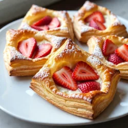 Für diesen leckeren Erdbeer-Creme-Käse-Danish benötigst du folgende Zutaten: - 1 Paket (225 g) Frischkäse, weich - 60 g Puderzucker - 1 Teelöffel Vanilleextrakt - 1 Blatt Blätterteig, aufgetaut - 250 g frische Erdbeeren, in Scheiben geschnitten - 1 Esslöffel Speisestärke - 1 Esslöffel Zitronensaft - 1 Ei, verquirlt (für die Eistreiche) - 1 Esslöffel Milch (für die Eistreiche) - Eine Prise Zucker zum Bestreuen Diese Zutaten ergeben eine köstliche Kombination. Der Frischkäse gibt eine cremige Basis. Die Erdbeeren bringen Frische und Süße. Der Blätterteig sorgt für eine knusprige Textur. Frische Erdbeeren sind für dieses Rezept wichtig. Hier sind einige Tipps: - Wähle Erdbeeren, die fest und rot sind. Vermeide solche mit dunklen Flecken. - Kaufe Erdbeeren, die im Kühlschrank gelagert wurden. So bleiben sie frisch. - Lagere sie im Kühlschrank, aber nicht in der Nähe von Äpfeln oder Bananen. Diese Obstsorten geben Ethylen ab und lassen die Erdbeeren schneller verderben. Frische Erdbeeren bringen den besten Geschmack in deine Danish. Die Wahl des richtigen Frischkäses ist wichtig. Du solltest einen weichen Frischkäse verwenden. Marken wie Philadelphia sind eine gute Wahl. Sie sorgen für eine glatte Füllung. Für den Blätterteig solltest du einen hochwertigen verwenden. Fertigprodukte aus dem Kühlregal sind einfach, aber achte darauf, dass er gut ausgerollt ist. So wird dein Danish gleichmäßig und knusprig. Mit den richtigen Zutaten bereitest du einen köstlichen Erdbeer-Creme-Käse-Danish zu. {{ingredient_image_2}} Zuerst heizen Sie Ihren Ofen auf 190°C vor. Legen Sie ein Backblech mit Backpapier aus. Dies hilft, dass die Danish nicht kleben bleibt. Nehmen Sie dann die Erdbeeren und schneiden Sie sie in dünne Scheiben. Es ist wichtig, dass die Erdbeeren frisch sind. So schmecken sie besser in der Füllung. Nehmen Sie das Blatt Blätterteig und legen Sie es auf eine leicht bemehlte Fläche. Rollen Sie den Teig vorsichtig aus. Achten Sie darauf, dass keine Falten bleiben. Schneiden Sie den Teig in Quadrate von etwa 10x10 cm. Diese Größe ist perfekt für die Füllung. In einer mittelgroßen Schüssel vermengen Sie den weichen Frischkäse, Puderzucker und Vanilleextrakt. Mischen Sie alles gut, bis die Mischung schön cremig ist. Nehmen Sie eine separate Schüssel. Kombinieren Sie die geschnittenen Erdbeeren mit Speisestärke und Zitronensaft. Rühren Sie vorsichtig um, bis die Erdbeeren gleichmäßig bedeckt sind. Legen Sie in die Mitte jedes Teigquadrats einen Esslöffel Frischkäse-Mischung und einen Esslöffel Erdbeermischung. Falten Sie die Ecken des Teigs, um ein Dreieck zu bilden. Drücken Sie die Ränder gut an, damit die Füllung nicht herausläuft. In einer kleinen Schüssel vermengen Sie das verquirlte Ei mit der Milch. Bestreichen Sie die Oberseite des Blätterteigs mit dieser Mischung. Bestreuen Sie die Danish mit einer Prise Zucker für extra Knusprigkeit. Backen Sie die Danish für 20-25 Minuten, bis sie goldbraun sind. Lassen Sie sie vor dem Servieren etwas abkühlen. Um die Füllung perfekt zu machen, mische den Frischkäse gut mit Puderzucker und Vanilleextrakt. Achte darauf, dass keine Klumpen bleiben. Dann füge die Erdbeeren hinzu. Verwende frische Erdbeeren, um einen tollen Geschmack zu erzielen. Die Speisestärke hilft, die Flüssigkeit zu binden. Das macht die Füllung cremig und fest. Für einen goldbraunen Blätterteig rolle den Teig dünn aus. Drücke die Ränder gut an, damit die Füllung nicht herausläuft. Bestreiche den Teig mit dem Eier-Milch-Gemisch. Das gibt dem Gebäck eine schöne Farbe. Backe die Danish bei 190°C für 20-25 Minuten. Halte ein Auge darauf, denn jeder Ofen ist anders. Ein häufiger Fehler ist, die Füllung zu nass zu machen. Das passiert, wenn die Erdbeeren zu viel Saft geben. Mische die Erdbeeren mit Speisestärke und Zitronensaft. So bleibt die Füllung fest. Ein weiterer Fehler ist, den Teig nicht genug zu kühlen. Stelle den Blätterteig nach dem Ausrollen kurz in den Kühlschrank. So wird er beim Backen lockerer und knuspriger. Pro Tipps Teig auf Raumtemperatur bringen: Lassen Sie den Blätterteig vor der Verwendung etwa 10-15 Minuten bei Raumtemperatur stehen, um ihn geschmeidiger zu machen und das Ausrollen zu erleichtern. Frische Erdbeeren verwenden: Für den besten Geschmack und die beste Textur sollten Sie frische, reife Erdbeeren wählen. Diese sorgen für ein intensives Aroma in Ihrem Danish. Variieren Sie die Füllung: Experimentieren Sie mit verschiedenen Beeren oder sogar anderen Früchten wie Himbeeren oder Pfirsichen, um neue Geschmacksrichtungen zu entdecken. Goldene Kruste erreichen: Um eine besonders goldene und glänzende Kruste zu erzielen, können Sie die Danish vor dem Backen zusätzlich mit etwas Zucker bestreuen. {{image_4}} Erdbeeren sind toll, aber es gibt mehr. Sie können Himbeeren, Brombeeren oder Äpfel verwenden. Diese Früchte bringen ihre eigene Süße und Säure. Diese Variationen bieten neue Geschmäcker und Farben auf dem Teller. Jede Frucht hat ihren eigenen Charme. Probieren Sie es aus! Die Füllung muss nicht immer Frischkäse und Früchte sein. Sie können auch Schokolade oder Nüsse nutzen. Eine Mischung aus Mascarpone und Zitrone ist frisch und lecker. Wenn Sie es süßer mögen, fügen Sie Karamell oder Nutella hinzu. Seien Sie kreativ! Jede Füllung bietet ein neues Erlebnis. Können Sie vegan oder glutenfrei essen? Ja, das ist möglich! Verwenden Sie pflanzlichen Frischkäse. Ersetzen Sie Blätterteig durch glutenfreies Mehl oder fertigen glutenfreien Teig. Achten Sie darauf, dass alle Zutaten vegan sind. So können auch alle genießen. Jeder kann diese Leckerei probieren! Um die Erdbeer-Danish frisch zu halten, lasse sie zuerst abkühlen. Lege die Danish dann in einen luftdichten Behälter. Stelle sicher, dass sie nicht übereinander liegen. So bleiben sie knusprig. Du kannst sie im Kühlschrank bis zu drei Tage lagern. Wenn du sie länger aufbewahren möchtest, friere sie ein. Wickel jede Danish in Frischhaltefolie. Um die Erdbeer-Danish aufzuwärmen, heize deinen Ofen auf 180°C vor. Lege die Danish auf ein Backblech. Backe sie für etwa 10 Minuten. So bekommst du wieder einen knusprigen Teig. Du kannst sie auch in der Mikrowelle aufwärmen, aber der Teig wird weich. Wenn du die Mikrowelle nutzt, erwärme sie in kurzen Intervallen von 15 Sekunden. Die Zutaten haben unterschiedliche Haltbarkeiten. Frischkäse hält im Kühlschrank etwa 1-2 Wochen. Erdbeeren sind frisch nur 3-5 Tage haltbar. Blätterteig kann bis zu einem Monat im Gefrierfach lagern. Das fertige Produkt, die Erdbeer-Danish, bleibt im Kühlschrank drei Tage frisch. Achte darauf, sie gut zu lagern, damit sie lange lecker bleiben. Die Zubereitung dauert nur 15 Minuten. Das Backen nimmt 20 bis 25 Minuten in Anspruch. In nur 40 Minuten haben Sie ein köstliches Dessert auf dem Tisch. Ja, Sie können die Füllung im Voraus zubereiten. Mischen Sie den Frischkäse, Puderzucker und Vanilleextrakt. Bewahren Sie die Mischung in einem luftdichten Behälter im Kühlschrank auf. So sparen Sie Zeit, wenn Sie die Danish backen möchten. Die besten Zutaten finden Sie in einem gut sortierten Supermarkt. Achten Sie auf frische Erdbeeren. Für den Frischkäse und den Blätterteig empfehle ich, Marken zu wählen, die Sie bereits kennen und mögen. Lokale Märkte haben oft auch frische Produkte. Sie können die Erdbeer-Creme-Käse-Danish einfrieren. Lassen Sie die Danish nach dem Backen vollständig abkühlen. Wickeln Sie jede Danish in Frischhaltefolie. Legen Sie sie dann in einen luftdichten Behälter. So bleiben sie bis zu zwei Monate frisch. In diesem Artikel haben wir die wichtigsten Schritte zur Zubereitung von Erdbeer-Creme-Käse-Danish behandelt. Wir haben die Auswahl der Zutaten, eine einfache Anleitung und hilfreiche Tipps besprochen. Frische Erdbeeren sowie der richtige Blätterteig machen den Unterschied. Variationen und die richtige Lagerung verlängern die Freude an den Leckereien. Denk daran, Fehler zu vermeiden und einfach zu experimentieren. Mit diesen Tipps wirst du sicher köstliche Ergebnisse erzielen. Viel Spaß beim Backen und Genießen!