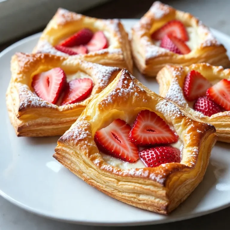 Für diesen leckeren Erdbeer-Creme-Käse-Danish benötigst du folgende Zutaten: - 1 Paket (225 g) Frischkäse, weich - 60 g Puderzucker - 1 Teelöffel Vanilleextrakt - 1 Blatt Blätterteig, aufgetaut - 250 g frische Erdbeeren, in Scheiben geschnitten - 1 Esslöffel Speisestärke - 1 Esslöffel Zitronensaft - 1 Ei, verquirlt (für die Eistreiche) - 1 Esslöffel Milch (für die Eistreiche) - Eine Prise Zucker zum Bestreuen Diese Zutaten ergeben eine köstliche Kombination. Der Frischkäse gibt eine cremige Basis. Die Erdbeeren bringen Frische und Süße. Der Blätterteig sorgt für eine knusprige Textur. Frische Erdbeeren sind für dieses Rezept wichtig. Hier sind einige Tipps: - Wähle Erdbeeren, die fest und rot sind. Vermeide solche mit dunklen Flecken. - Kaufe Erdbeeren, die im Kühlschrank gelagert wurden. So bleiben sie frisch. - Lagere sie im Kühlschrank, aber nicht in der Nähe von Äpfeln oder Bananen. Diese Obstsorten geben Ethylen ab und lassen die Erdbeeren schneller verderben. Frische Erdbeeren bringen den besten Geschmack in deine Danish. Die Wahl des richtigen Frischkäses ist wichtig. Du solltest einen weichen Frischkäse verwenden. Marken wie Philadelphia sind eine gute Wahl. Sie sorgen für eine glatte Füllung. Für den Blätterteig solltest du einen hochwertigen verwenden. Fertigprodukte aus dem Kühlregal sind einfach, aber achte darauf, dass er gut ausgerollt ist. So wird dein Danish gleichmäßig und knusprig. Mit den richtigen Zutaten bereitest du einen köstlichen Erdbeer-Creme-Käse-Danish zu. {{ingredient_image_2}} Zuerst heizen Sie Ihren Ofen auf 190°C vor. Legen Sie ein Backblech mit Backpapier aus. Dies hilft, dass die Danish nicht kleben bleibt. Nehmen Sie dann die Erdbeeren und schneiden Sie sie in dünne Scheiben. Es ist wichtig, dass die Erdbeeren frisch sind. So schmecken sie besser in der Füllung. Nehmen Sie das Blatt Blätterteig und legen Sie es auf eine leicht bemehlte Fläche. Rollen Sie den Teig vorsichtig aus. Achten Sie darauf, dass keine Falten bleiben. Schneiden Sie den Teig in Quadrate von etwa 10x10 cm. Diese Größe ist perfekt für die Füllung. In einer mittelgroßen Schüssel vermengen Sie den weichen Frischkäse, Puderzucker und Vanilleextrakt. Mischen Sie alles gut, bis die Mischung schön cremig ist. Nehmen Sie eine separate Schüssel. Kombinieren Sie die geschnittenen Erdbeeren mit Speisestärke und Zitronensaft. Rühren Sie vorsichtig um, bis die Erdbeeren gleichmäßig bedeckt sind. Legen Sie in die Mitte jedes Teigquadrats einen Esslöffel Frischkäse-Mischung und einen Esslöffel Erdbeermischung. Falten Sie die Ecken des Teigs, um ein Dreieck zu bilden. Drücken Sie die Ränder gut an, damit die Füllung nicht herausläuft. In einer kleinen Schüssel vermengen Sie das verquirlte Ei mit der Milch. Bestreichen Sie die Oberseite des Blätterteigs mit dieser Mischung. Bestreuen Sie die Danish mit einer Prise Zucker für extra Knusprigkeit. Backen Sie die Danish für 20-25 Minuten, bis sie goldbraun sind. Lassen Sie sie vor dem Servieren etwas abkühlen. Um die Füllung perfekt zu machen, mische den Frischkäse gut mit Puderzucker und Vanilleextrakt. Achte darauf, dass keine Klumpen bleiben. Dann füge die Erdbeeren hinzu. Verwende frische Erdbeeren, um einen tollen Geschmack zu erzielen. Die Speisestärke hilft, die Flüssigkeit zu binden. Das macht die Füllung cremig und fest. Für einen goldbraunen Blätterteig rolle den Teig dünn aus. Drücke die Ränder gut an, damit die Füllung nicht herausläuft. Bestreiche den Teig mit dem Eier-Milch-Gemisch. Das gibt dem Gebäck eine schöne Farbe. Backe die Danish bei 190°C für 20-25 Minuten. Halte ein Auge darauf, denn jeder Ofen ist anders. Ein häufiger Fehler ist, die Füllung zu nass zu machen. Das passiert, wenn die Erdbeeren zu viel Saft geben. Mische die Erdbeeren mit Speisestärke und Zitronensaft. So bleibt die Füllung fest. Ein weiterer Fehler ist, den Teig nicht genug zu kühlen. Stelle den Blätterteig nach dem Ausrollen kurz in den Kühlschrank. So wird er beim Backen lockerer und knuspriger. Pro Tipps Teig auf Raumtemperatur bringen: Lassen Sie den Blätterteig vor der Verwendung etwa 10-15 Minuten bei Raumtemperatur stehen, um ihn geschmeidiger zu machen und das Ausrollen zu erleichtern. Frische Erdbeeren verwenden: Für den besten Geschmack und die beste Textur sollten Sie frische, reife Erdbeeren wählen. Diese sorgen für ein intensives Aroma in Ihrem Danish. Variieren Sie die Füllung: Experimentieren Sie mit verschiedenen Beeren oder sogar anderen Früchten wie Himbeeren oder Pfirsichen, um neue Geschmacksrichtungen zu entdecken. Goldene Kruste erreichen: Um eine besonders goldene und glänzende Kruste zu erzielen, können Sie die Danish vor dem Backen zusätzlich mit etwas Zucker bestreuen. {{image_4}} Erdbeeren sind toll, aber es gibt mehr. Sie können Himbeeren, Brombeeren oder Äpfel verwenden. Diese Früchte bringen ihre eigene Süße und Säure. Diese Variationen bieten neue Geschmäcker und Farben auf dem Teller. Jede Frucht hat ihren eigenen Charme. Probieren Sie es aus! Die Füllung muss nicht immer Frischkäse und Früchte sein. Sie können auch Schokolade oder Nüsse nutzen. Eine Mischung aus Mascarpone und Zitrone ist frisch und lecker. Wenn Sie es süßer mögen, fügen Sie Karamell oder Nutella hinzu. Seien Sie kreativ! Jede Füllung bietet ein neues Erlebnis. Können Sie vegan oder glutenfrei essen? Ja, das ist möglich! Verwenden Sie pflanzlichen Frischkäse. Ersetzen Sie Blätterteig durch glutenfreies Mehl oder fertigen glutenfreien Teig. Achten Sie darauf, dass alle Zutaten vegan sind. So können auch alle genießen. Jeder kann diese Leckerei probieren! Um die Erdbeer-Danish frisch zu halten, lasse sie zuerst abkühlen. Lege die Danish dann in einen luftdichten Behälter. Stelle sicher, dass sie nicht übereinander liegen. So bleiben sie knusprig. Du kannst sie im Kühlschrank bis zu drei Tage lagern. Wenn du sie länger aufbewahren möchtest, friere sie ein. Wickel jede Danish in Frischhaltefolie. Um die Erdbeer-Danish aufzuwärmen, heize deinen Ofen auf 180°C vor. Lege die Danish auf ein Backblech. Backe sie für etwa 10 Minuten. So bekommst du wieder einen knusprigen Teig. Du kannst sie auch in der Mikrowelle aufwärmen, aber der Teig wird weich. Wenn du die Mikrowelle nutzt, erwärme sie in kurzen Intervallen von 15 Sekunden. Die Zutaten haben unterschiedliche Haltbarkeiten. Frischkäse hält im Kühlschrank etwa 1-2 Wochen. Erdbeeren sind frisch nur 3-5 Tage haltbar. Blätterteig kann bis zu einem Monat im Gefrierfach lagern. Das fertige Produkt, die Erdbeer-Danish, bleibt im Kühlschrank drei Tage frisch. Achte darauf, sie gut zu lagern, damit sie lange lecker bleiben. Die Zubereitung dauert nur 15 Minuten. Das Backen nimmt 20 bis 25 Minuten in Anspruch. In nur 40 Minuten haben Sie ein köstliches Dessert auf dem Tisch. Ja, Sie können die Füllung im Voraus zubereiten. Mischen Sie den Frischkäse, Puderzucker und Vanilleextrakt. Bewahren Sie die Mischung in einem luftdichten Behälter im Kühlschrank auf. So sparen Sie Zeit, wenn Sie die Danish backen möchten. Die besten Zutaten finden Sie in einem gut sortierten Supermarkt. Achten Sie auf frische Erdbeeren. Für den Frischkäse und den Blätterteig empfehle ich, Marken zu wählen, die Sie bereits kennen und mögen. Lokale Märkte haben oft auch frische Produkte. Sie können die Erdbeer-Creme-Käse-Danish einfrieren. Lassen Sie die Danish nach dem Backen vollständig abkühlen. Wickeln Sie jede Danish in Frischhaltefolie. Legen Sie sie dann in einen luftdichten Behälter. So bleiben sie bis zu zwei Monate frisch. In diesem Artikel haben wir die wichtigsten Schritte zur Zubereitung von Erdbeer-Creme-Käse-Danish behandelt. Wir haben die Auswahl der Zutaten, eine einfache Anleitung und hilfreiche Tipps besprochen. Frische Erdbeeren sowie der richtige Blätterteig machen den Unterschied. Variationen und die richtige Lagerung verlängern die Freude an den Leckereien. Denk daran, Fehler zu vermeiden und einfach zu experimentieren. Mit diesen Tipps wirst du sicher köstliche Ergebnisse erzielen. Viel Spaß beim Backen und Genießen!