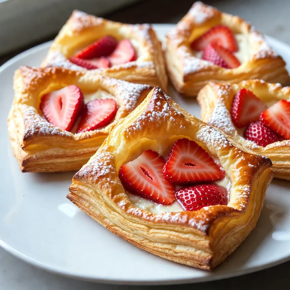 Für diesen leckeren Erdbeer-Creme-Käse-Danish benötigst du folgende Zutaten: - 1 Paket (225 g) Frischkäse, weich - 60 g Puderzucker - 1 Teelöffel Vanilleextrakt - 1 Blatt Blätterteig, aufgetaut - 250 g frische Erdbeeren, in Scheiben geschnitten - 1 Esslöffel Speisestärke - 1 Esslöffel Zitronensaft - 1 Ei, verquirlt (für die Eistreiche) - 1 Esslöffel Milch (für die Eistreiche) - Eine Prise Zucker zum Bestreuen Diese Zutaten ergeben eine köstliche Kombination. Der Frischkäse gibt eine cremige Basis. Die Erdbeeren bringen Frische und Süße. Der Blätterteig sorgt für eine knusprige Textur. Frische Erdbeeren sind für dieses Rezept wichtig. Hier sind einige Tipps: - Wähle Erdbeeren, die fest und rot sind. Vermeide solche mit dunklen Flecken. - Kaufe Erdbeeren, die im Kühlschrank gelagert wurden. So bleiben sie frisch. - Lagere sie im Kühlschrank, aber nicht in der Nähe von Äpfeln oder Bananen. Diese Obstsorten geben Ethylen ab und lassen die Erdbeeren schneller verderben. Frische Erdbeeren bringen den besten Geschmack in deine Danish. Die Wahl des richtigen Frischkäses ist wichtig. Du solltest einen weichen Frischkäse verwenden. Marken wie Philadelphia sind eine gute Wahl. Sie sorgen für eine glatte Füllung. Für den Blätterteig solltest du einen hochwertigen verwenden. Fertigprodukte aus dem Kühlregal sind einfach, aber achte darauf, dass er gut ausgerollt ist. So wird dein Danish gleichmäßig und knusprig. Mit den richtigen Zutaten bereitest du einen köstlichen Erdbeer-Creme-Käse-Danish zu. {{ingredient_image_2}} Zuerst heizen Sie Ihren Ofen auf 190°C vor. Legen Sie ein Backblech mit Backpapier aus. Dies hilft, dass die Danish nicht kleben bleibt. Nehmen Sie dann die Erdbeeren und schneiden Sie sie in dünne Scheiben. Es ist wichtig, dass die Erdbeeren frisch sind. So schmecken sie besser in der Füllung. Nehmen Sie das Blatt Blätterteig und legen Sie es auf eine leicht bemehlte Fläche. Rollen Sie den Teig vorsichtig aus. Achten Sie darauf, dass keine Falten bleiben. Schneiden Sie den Teig in Quadrate von etwa 10x10 cm. Diese Größe ist perfekt für die Füllung. In einer mittelgroßen Schüssel vermengen Sie den weichen Frischkäse, Puderzucker und Vanilleextrakt. Mischen Sie alles gut, bis die Mischung schön cremig ist. Nehmen Sie eine separate Schüssel. Kombinieren Sie die geschnittenen Erdbeeren mit Speisestärke und Zitronensaft. Rühren Sie vorsichtig um, bis die Erdbeeren gleichmäßig bedeckt sind. Legen Sie in die Mitte jedes Teigquadrats einen Esslöffel Frischkäse-Mischung und einen Esslöffel Erdbeermischung. Falten Sie die Ecken des Teigs, um ein Dreieck zu bilden. Drücken Sie die Ränder gut an, damit die Füllung nicht herausläuft. In einer kleinen Schüssel vermengen Sie das verquirlte Ei mit der Milch. Bestreichen Sie die Oberseite des Blätterteigs mit dieser Mischung. Bestreuen Sie die Danish mit einer Prise Zucker für extra Knusprigkeit. Backen Sie die Danish für 20-25 Minuten, bis sie goldbraun sind. Lassen Sie sie vor dem Servieren etwas abkühlen. Um die Füllung perfekt zu machen, mische den Frischkäse gut mit Puderzucker und Vanilleextrakt. Achte darauf, dass keine Klumpen bleiben. Dann füge die Erdbeeren hinzu. Verwende frische Erdbeeren, um einen tollen Geschmack zu erzielen. Die Speisestärke hilft, die Flüssigkeit zu binden. Das macht die Füllung cremig und fest. Für einen goldbraunen Blätterteig rolle den Teig dünn aus. Drücke die Ränder gut an, damit die Füllung nicht herausläuft. Bestreiche den Teig mit dem Eier-Milch-Gemisch. Das gibt dem Gebäck eine schöne Farbe. Backe die Danish bei 190°C für 20-25 Minuten. Halte ein Auge darauf, denn jeder Ofen ist anders. Ein häufiger Fehler ist, die Füllung zu nass zu machen. Das passiert, wenn die Erdbeeren zu viel Saft geben. Mische die Erdbeeren mit Speisestärke und Zitronensaft. So bleibt die Füllung fest. Ein weiterer Fehler ist, den Teig nicht genug zu kühlen. Stelle den Blätterteig nach dem Ausrollen kurz in den Kühlschrank. So wird er beim Backen lockerer und knuspriger. Pro Tipps Teig auf Raumtemperatur bringen: Lassen Sie den Blätterteig vor der Verwendung etwa 10-15 Minuten bei Raumtemperatur stehen, um ihn geschmeidiger zu machen und das Ausrollen zu erleichtern. Frische Erdbeeren verwenden: Für den besten Geschmack und die beste Textur sollten Sie frische, reife Erdbeeren wählen. Diese sorgen für ein intensives Aroma in Ihrem Danish. Variieren Sie die Füllung: Experimentieren Sie mit verschiedenen Beeren oder sogar anderen Früchten wie Himbeeren oder Pfirsichen, um neue Geschmacksrichtungen zu entdecken. Goldene Kruste erreichen: Um eine besonders goldene und glänzende Kruste zu erzielen, können Sie die Danish vor dem Backen zusätzlich mit etwas Zucker bestreuen. {{image_4}} Erdbeeren sind toll, aber es gibt mehr. Sie können Himbeeren, Brombeeren oder Äpfel verwenden. Diese Früchte bringen ihre eigene Süße und Säure. Diese Variationen bieten neue Geschmäcker und Farben auf dem Teller. Jede Frucht hat ihren eigenen Charme. Probieren Sie es aus! Die Füllung muss nicht immer Frischkäse und Früchte sein. Sie können auch Schokolade oder Nüsse nutzen. Eine Mischung aus Mascarpone und Zitrone ist frisch und lecker. Wenn Sie es süßer mögen, fügen Sie Karamell oder Nutella hinzu. Seien Sie kreativ! Jede Füllung bietet ein neues Erlebnis. Können Sie vegan oder glutenfrei essen? Ja, das ist möglich! Verwenden Sie pflanzlichen Frischkäse. Ersetzen Sie Blätterteig durch glutenfreies Mehl oder fertigen glutenfreien Teig. Achten Sie darauf, dass alle Zutaten vegan sind. So können auch alle genießen. Jeder kann diese Leckerei probieren! Um die Erdbeer-Danish frisch zu halten, lasse sie zuerst abkühlen. Lege die Danish dann in einen luftdichten Behälter. Stelle sicher, dass sie nicht übereinander liegen. So bleiben sie knusprig. Du kannst sie im Kühlschrank bis zu drei Tage lagern. Wenn du sie länger aufbewahren möchtest, friere sie ein. Wickel jede Danish in Frischhaltefolie. Um die Erdbeer-Danish aufzuwärmen, heize deinen Ofen auf 180°C vor. Lege die Danish auf ein Backblech. Backe sie für etwa 10 Minuten. So bekommst du wieder einen knusprigen Teig. Du kannst sie auch in der Mikrowelle aufwärmen, aber der Teig wird weich. Wenn du die Mikrowelle nutzt, erwärme sie in kurzen Intervallen von 15 Sekunden. Die Zutaten haben unterschiedliche Haltbarkeiten. Frischkäse hält im Kühlschrank etwa 1-2 Wochen. Erdbeeren sind frisch nur 3-5 Tage haltbar. Blätterteig kann bis zu einem Monat im Gefrierfach lagern. Das fertige Produkt, die Erdbeer-Danish, bleibt im Kühlschrank drei Tage frisch. Achte darauf, sie gut zu lagern, damit sie lange lecker bleiben. Die Zubereitung dauert nur 15 Minuten. Das Backen nimmt 20 bis 25 Minuten in Anspruch. In nur 40 Minuten haben Sie ein köstliches Dessert auf dem Tisch. Ja, Sie können die Füllung im Voraus zubereiten. Mischen Sie den Frischkäse, Puderzucker und Vanilleextrakt. Bewahren Sie die Mischung in einem luftdichten Behälter im Kühlschrank auf. So sparen Sie Zeit, wenn Sie die Danish backen möchten. Die besten Zutaten finden Sie in einem gut sortierten Supermarkt. Achten Sie auf frische Erdbeeren. Für den Frischkäse und den Blätterteig empfehle ich, Marken zu wählen, die Sie bereits kennen und mögen. Lokale Märkte haben oft auch frische Produkte. Sie können die Erdbeer-Creme-Käse-Danish einfrieren. Lassen Sie die Danish nach dem Backen vollständig abkühlen. Wickeln Sie jede Danish in Frischhaltefolie. Legen Sie sie dann in einen luftdichten Behälter. So bleiben sie bis zu zwei Monate frisch. In diesem Artikel haben wir die wichtigsten Schritte zur Zubereitung von Erdbeer-Creme-Käse-Danish behandelt. Wir haben die Auswahl der Zutaten, eine einfache Anleitung und hilfreiche Tipps besprochen. Frische Erdbeeren sowie der richtige Blätterteig machen den Unterschied. Variationen und die richtige Lagerung verlängern die Freude an den Leckereien. Denk daran, Fehler zu vermeiden und einfach zu experimentieren. Mit diesen Tipps wirst du sicher köstliche Ergebnisse erzielen. Viel Spaß beim Backen und Genießen!