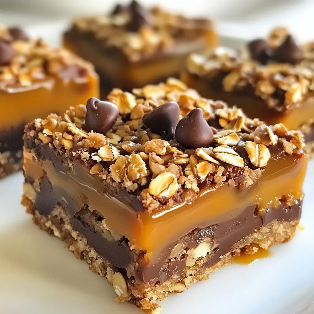 Um diese köstlichen Schokoladen-Karamell Oat-Carmelitas zu machen, benötigen Sie folgende Zutaten: - 1 Tasse Haferflocken - 1 Tasse Allzweckmehl - 1/2 Tasse brauner Zucker - 1/2 Teelöffel Backpulver - 1/2 Teelöffel Salz - 1/2 Tasse ungesalzene Butter, geschmolzen - 1/2 Tasse Schokoladenstückchen - 1/2 Tasse Karamellsauce - 1/4 Tasse gehackte Pekannüsse (optional) Diese Zutaten sind einfach zu finden und machen das Rezept leicht. Die Haferflocken geben dem Snack einen tollen Biss. Die Schokoladenstückchen und die Karamellsauce sind der Star des Rezepts. Sie können das Rezept nach Ihrem Geschmack anpassen. Hier sind einige Ideen: - Fügen Sie getrocknete Früchte wie Cranberries oder Rosinen hinzu. - Wechseln Sie die Schokoladenstückchen gegen weiße Schokolade oder Erdnussbutterstückchen aus. - Ersetzen Sie die Pekannüsse durch Walnüsse oder Mandeln. Diese Variationen bringen Abwechslung in Ihr Rezept. Experimentieren Sie und finden Sie Ihre Lieblingskombination! Wenn Sie glutenfrei essen müssen, wählen Sie glutenfreies Mehl. Achten Sie darauf, dass auch die Haferflocken glutenfrei sind. Sie sind oft nicht kontaminiert, aber es ist wichtig, das Etikett zu prüfen. Verwenden Sie ungesalzene Butter für den besten Geschmack. Gesalzene Butter kann den Geschmack des Karamells verändern. Die Qualität der Karamellsauce macht einen großen Unterschied. Wenn Sie Zeit haben, machen Sie Ihre eigene. Sie können Karamell einfach aus Zucker und Sahne herstellen. {{ingredient_image_2}} Heize zuerst deinen Ofen auf 175 °C vor. Das sorgt für gleichmäßiges Backen. Nimm eine 23x23 cm große Backform. Fette sie gut ein oder lege sie mit Backpapier aus. So kannst du die Carmelitas später leicht herausnehmen. In einer großen Rührschüssel vermische die Haferflocken, das Allzweckmehl, den braunen Zucker, das Backpulver und das Salz. Rühre alles gut durch. Achte darauf, dass keine Klumpen entstehen. Diese Mischung bildet die Basis für deine Carmelitas. Gieße die geschmolzene Butter über die trockenen Zutaten. Rühre, bis sich eine krümelige Teigmischung bildet. Nimm die Hälfte dieser Mischung und drücke sie fest auf den Boden der Backform. Gieße dann die Karamellsauce gleichmäßig darüber. Streue die Schokoladenstückchen und optional die gehackten Pekannüsse darüber. Zum Schluss verteile die restliche Hafermischung gleichmäßig obenauf. Backe die Mischung im vorgeheizten Ofen für 25 bis 30 Minuten. Die Oberseite sollte goldbraun sein. Lass die Carmelitas vollständig in der Form abkühlen. So können sie fest werden. Schneide sie erst dann in Quadrate. So bleibt die Form schön und sie zerfallen nicht. Um perfekten Karamell zu machen, verwenden Sie gleichmäßige Hitze. Beginnen Sie bei mittlerer Hitze. Rühren Sie die Mischung häufig, bis sie dick wird. Wenn der Karamell blubbert, reduzieren Sie die Hitze. Achten Sie darauf, dass der Karamell nicht anbrennt. Lassen Sie ihn nicht zu lange kochen, sonst wird er hart. Ein guter Karamell sollte leicht zäh und glänzend sein. Sie können auch etwas Meersalz hinzufügen. Das gibt dem Karamell einen tollen Geschmack. Der Schlüssel zu einem krümeligen Teig ist kalte Butter. Verwenden Sie ungesalzene Butter und schmelzen Sie sie leicht. Mischen Sie die trockenen Zutaten gut. Gießen Sie die Butter langsam dazu. Rühren Sie die Mischung nur kurz, bis alles zusammenkommt. Vermeiden Sie es, zu lange zu rühren. Das gibt dem Teig eine schöne Textur. Wenn Sie möchten, können Sie auch Haferflocken grob mahlen. Das gibt mehr Struktur und sorgt für knusprige Ecken. Möchten Sie Ihre Carmelitas einzigartig machen? Fügen Sie verschiedene Nüsse hinzu. Mandeln oder Walnüsse passen gut. Sie können auch andere Schokoladensorten verwenden. Probieren Sie weiße Schokolade oder Zartbitterschokolade aus. Für einen besonderen Touch können Sie Keksstückchen hinzufügen. Auch getrocknete Früchte wie Cranberries oder Aprikosen sind lecker. Seien Sie kreativ und mischen Sie nach Ihrem Geschmack! Pro Tipps Verwenden Sie frische Zutaten: Achten Sie darauf, frische Haferflocken und hochwertige Schokoladenstückchen zu verwenden, um den besten Geschmack zu erzielen. Karamellsauce selbst machen: Für einen intensiveren Geschmack können Sie die Karamellsauce selbst zubereiten, indem Sie Zucker, Butter und Sahne langsam erhitzen. Abkühlen lassen: Lassen Sie die Carmelitas vollständig in der Form abkühlen, bevor Sie sie schneiden, damit sie ihre Form behalten und nicht zerbröckeln. Variationen ausprobieren: Experimentieren Sie mit verschiedenen Nüssen oder Füllungen wie getrockneten Früchten, um Ihre eigene Note hinzuzufügen. {{image_4}} Wenn Sie eine glutenfreie Option wünschen, verwenden Sie glutenfreies Mehl. Dieses ersetzt das Allzweckmehl. Achten Sie darauf, dass auch die Haferflocken glutenfrei sind. Viele Marken bieten solche Haferflocken an. So können Sie die gleichen köstlichen Carmelitas genießen, ohne Gluten. Um die Carmelitas vegan zu machen, ersetzen Sie die Butter durch pflanzliche Margarine. Wählen Sie eine vegane Schokoladenmarke für die Schokoladenstückchen. Achten Sie darauf, eine Karamellsauce ohne tierische Produkte zu wählen. Diese kleinen Anpassungen machen die Carmelitas perfekt für eine vegane Ernährung. Für mehr Geschmack können Sie Erdnussbutter hinzufügen. Verteilen Sie sie vor der Karamellsauce. Sie können auch Kokosraspeln in die Mischung einfügen. Diese Zutaten fügen eine neue Dimension hinzu. Experimentieren Sie mit verschiedenen Nüssen oder Trockenfrüchten, um Ihre eigenen Kreationen zu schaffen. Um die Schokoladen-Karamell Oat-Carmelitas frisch zu halten, sollten Sie sie in einem luftdichten Behälter aufbewahren. Stellen Sie sicher, dass sie vollständig abgekühlt sind, bevor Sie sie einlagern. So vermeiden Sie, dass die Feuchtigkeit die Konsistenz beeinträchtigt. Lagern Sie die Carmelitas bei Raumtemperatur. Die Carmelitas bleiben bei richtiger Lagerung bis zu einer Woche frisch. Wenn Sie sie länger aufbewahren möchten, können Sie die Riegel einfrieren. Wickeln Sie jede Portion in Frischhaltefolie und legen Sie sie in einen Gefrierbeutel. So bleiben sie bis zu drei Monate haltbar. Um die Carmelitas wieder aufzuwärmen, legen Sie sie einfach für etwa 10 Minuten in einen vorgeheizten Ofen bei 150 °C. Das macht sie weich und schmelzig. Sie können auch die Mikrowelle verwenden. Erwärmen Sie sie für 15-20 Sekunden, bis sie warm sind. Genießen Sie sie warm mit etwas extra Karamellsauce oder Eiscreme! Carmelitas bleiben bei richtiger Lagerung bis zu einer Woche frisch. Bewahren Sie sie in einem luftdichten Behälter auf. So bleibt die Textur weich und das Karamell klebrig. Wenn Sie sie länger aufbewahren möchten, können Sie sie bis zu drei Monate im Gefrierschrank lagern. Achten Sie darauf, sie in Frischhaltefolie einzuwickeln und in einem Gefrierbehälter zu lagern. Ja, Sie können die Karamellsauce leicht selbst machen. Sie benötigen nur Zucker, Butter und Sahne. Schmelzen Sie den Zucker in einem Topf, bis er goldbraun ist. Fügen Sie dann Butter und Sahne hinzu. Rühren Sie gut um, bis die Sauce glatt ist. Lassen Sie die Sauce abkühlen und verwenden Sie sie in Ihrem Rezept. Selbstgemachte Karamellsauce schmeckt frisch und intensiv. Um Carmelitas gut zu schneiden, warten Sie, bis sie vollständig abgekühlt sind. Nutzen Sie ein scharfes Messer, um gleichmäßige Stücke zu machen. Um das Ankleben zu vermeiden, können Sie das Messer leicht mit Öl einfetten. Schneiden Sie die Riegel in einem sauberen Schnitt, um die Schichten nicht zu zerdrücken. So bleiben die Riegel schön und appetitlich. Carmelitas sind lecker und vielseitig. Wir haben die besten Zutaten und Variationen besprochen. Du hast auch gelernt, wie man das Karamell perfekt hinbekommt und den Teig locker hält. Denke daran, verschiedene Geschmäcker zu probieren und die Aufbewahrung richtig zu machen. Diese Süßigkeit ist einfach und beliebt. Probiere deine eigene Version! Du wirst sicher Freude daran haben. Viel Spaß beim Backen!