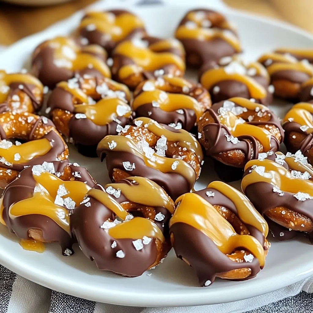 Für die Schokoladen-Karamell-Pretzel-Bites benötigst du: - 1 Tasse Mini-Pretzeln - 1 Tasse Milchschokoladenstückchen - 1/2 Tasse Karamellstückchen - 1 Esslöffel Schlagsahne - Meersalz, zur Garnitur Jede Zutat hat ihren eigenen Beitrag. Die Mini-Pretzeln geben den Bissen Crunch. Die Milchschokolade sorgt für süßen Geschmack. Karamellstückchen fügen eine cremige Note hinzu. Schlagsahne hilft, das Karamell glatt zu machen. Meersalz gibt einen tollen Kontrast. Falls du etwas Abwechslung möchtest, probiere diese Optionen: - Statt Mini-Pretzeln kannst du große Pretzeln verwenden. - Dunkle Schokolade ist eine gute Wahl für weniger Süße. - Für eine vegane Variante nutze pflanzliche Schokolade und Karamell. - Füge Nüsse oder getrocknete Früchte hinzu, um mehr Textur zu bekommen. Jede Option bringt einen neuen Geschmack. Experimentiere und finde deine Lieblingskombination! Die Qualität der Zutaten macht einen großen Unterschied. Verwende frische Mini-Pretzeln für den besten Crunch. Achte auf hochwertige Schokoladenstückchen. Sie sollten gut schmelzen und reich im Geschmack sein. Karamellstückchen sollten weich und klebrig sein. Meersalz sollte grob sein, um den Bissen mehr Charakter zu geben. Hochwertige Zutaten führen zu einem besseren Endprodukt. {{ingredient_image_2}} Zuerst heizen Sie den Ofen auf 175°C vor. Diese Temperatur sorgt dafür, dass die Pretzeln warm und weich werden. Nehmen Sie dann ein Backblech und legen Sie es mit Backpapier aus. Verbreiten Sie die Mini-Pretzeln gleichmäßig darauf. So bekommen alle die gleiche Hitze. Jetzt kommt der spannende Teil. Stellen Sie das Backblech in den Ofen. Backen Sie die Pretzeln für 3 bis 5 Minuten. Achten Sie darauf, dass sie nur leicht warm werden. Nehmen Sie das Blech aus dem Ofen und legen Sie sofort ein Schokoladenstückchen auf jede Pretzel. Geben Sie das Blech für 1-2 Minuten zurück in den Ofen. Die Schokolade sollte schmelzen, aber nicht verbrennen. Wenn die Schokolade weich ist, sind Sie bereit für den nächsten Schritt. Mischen Sie in einer mikrowellengeeigneten Schüssel die Karamellstückchen mit der Schlagsahne. Diese Mischung macht das Karamell cremig. Stellen Sie die Schüssel in die Mikrowelle. Erhitzen Sie sie in 30-Sekunden-Intervallen. Rühren Sie nach jeder Runde um. So wird die Mischung glatt und gleichmäßig. Sobald das Karamell fertig ist, verwenden Sie einen Löffel. Träufeln Sie die Karamellmasse über die geschmolzene Schokolade auf jedem Pretzel. Zum Schluss streuen Sie eine kleine Prise Meersalz darüber. Das gibt einen tollen Geschmack. Lassen Sie die Pretzel-Bites abkühlen, bis alles fest ist. Dann sind sie bereit zum Servieren! Ein häufiger Fehler ist, die Pretzeln zu lange zu backen. Achte darauf, sie nur 3-5 Minuten zu backen. Wenn sie zu knusprig werden, halten die Schokoladenstückchen nicht gut. Ein anderer Fehler ist, die Karamellmasse nicht gut zu rühren. Wenn du die Karamellstückchen in der Mikrowelle erhitzt, rühre alle 30 Sekunden um. So wird die Mischung schön glatt. Um den besten Geschmack zu erhalten, lagere die Pretzel-Bites in einem luftdichten Behälter. So bleiben sie frisch und knackig. Stelle sicher, dass sie vollständig abgekühlt sind, bevor du sie lagerst. Wärme kann die Schokolade und das Karamell weich machen, was den Genuss mindert. Die Vorbereitungszeit für dieses Rezept beträgt nur 10 Minuten. Wenn du jedoch mehr Bites zubereiten möchtest, plane mehr Zeit ein. Du kannst die Menge der Zutaten einfach verdoppeln. Denke daran, dass das Backen und die Kühlzeit gleich bleiben. So kannst du mehr Köstlichkeiten für deine Gäste schaffen! Pro Tipps Wählen Sie die richtigen Pretzeln: Verwenden Sie Mini-Pretzeln für die perfekte Größe und Textur, um die Kombination aus Schokolade und Karamell zu ergänzen. Schokolade richtig schmelzen: Seien Sie vorsichtig beim Schmelzen der Schokolade, um ein Anbrennen zu vermeiden. Nutzen Sie die Mikrowelle in kurzen Intervallen und rühren Sie oft um. Karamellvariationen: Experimentieren Sie mit verschiedenen Karamellsorten, z.B. gesalzenem Karamell für einen zusätzlichen Geschmacksboost. Präsentation ist alles: Servieren Sie die Pretzel-Bites auf einem schönen Teller und garnieren Sie sie mit zusätzlichen Schokoladentröpfchen oder Karamell für einen visuellen Reiz. {{image_4}} Ich liebe es, mit verschiedenen Schokoladensorten zu experimentieren. Milchschokolade ist klassisch, aber dunkle Schokolade bringt einen tollen Geschmack. Weiße Schokolade hat eine süße Note, die gut mit Karamell harmoniert. Versuchen Sie, eine Mischung aus verschiedenen Schokoladensorten zu verwenden. Das macht Ihre Pretzel-Bites noch interessanter und leckerer. Toppings bringen die Pretzel-Bites auf die nächste Stufe. Streuen Sie gehackte Nüsse, wie Mandeln oder Haselnüsse, über die Karamellschicht. Diese geben einen schönen Crunch. Sie können auch kleine Stücke von getrockneten Früchten hinzufügen. Diese bringen Farbe und einen fruchtigen Geschmack. Für einen extra Kick verwenden Sie Chili-Pulver oder Zimt. Diese Kombinationen machen jedes Bisschen spannend. Süß und salzig sind eine wunderbare Kombination. Um salzige Varianten zu machen, können Sie die Menge des Meersalzes erhöhen. Fügen Sie geräuchertes Salz hinzu, um einen tiefen Geschmack zu erzielen. Sie können auch eine Schicht Erdnussbutter unter die Schokolade geben. Diese salzige Note ergänzt die Süße des Karamells. Wenn Sie nach einer ganz anderen Variante suchen, versuchen Sie, die Pretzeln mit verschiedenen Karamellsoßen zu kombinieren. Das gibt jedem Biss eine neue Richtung. Ich empfehle, die Pretzel-Bites in einem luftdichten Behälter aufzubewahren. Dies hält sie frisch und knusprig. Wenn Sie sie länger aufbewahren möchten, lassen Sie sie zuerst vollständig abkühlen. Legen Sie dann die Bites in den Behälter und trennen Sie jede Schicht mit Backpapier. So vermeiden Sie, dass sie aneinander kleben. Die Pretzel-Bites bleiben bei Raumtemperatur etwa eine Woche frisch. Wenn Sie sie im Kühlschrank lagern, können sie bis zu zwei Wochen halten. Achten Sie darauf, die Bites gut zu verpacken. Feuchtigkeit kann die Schokolade und das Karamell weich machen. Bei Zimmertemperatur schmecken sie am besten. Wenn Sie die Pretzel-Bites länger aufbewahren möchten, können Sie sie einfrieren. Legen Sie die abgekühlten Bites auf ein Backblech und frieren Sie sie für eine Stunde ein. Danach können Sie sie in einen Gefrierbeutel geben. So bleiben sie bis zu drei Monate haltbar. Zum Auftauen einfach die Bites bei Raumtemperatur für etwa 30 Minuten liegen lassen. Die Zubereitung der Chocolate Caramel Pretzel Bites dauert etwa 10 Minuten. Das Backen im Ofen benötigt 3 bis 5 Minuten. Danach kommen die Schokoladenstückchen für 1 bis 2 Minuten in den Ofen. Die gesamte Zeit bis sie fertig sind, beträgt etwa 35 Minuten. Ja, du kannst die Pretzel-Bites im Voraus zubereiten. Du kannst sie nach dem Abkühlen für ein paar Tage in einem luftdichten Behälter aufbewahren. Das macht sie ideal für Partys oder als Snack. Fertige Chocolate Caramel Pretzel Bites findest du in vielen Supermärkten oder Süßwarenläden. Oft gibt es sie auch online. Achte auf gute Marken, die frische Zutaten verwenden. Die Zutaten sind der Schlüssel zu köstlichen Pretzel-Bites. Gute Qualität macht einen großen Unterschied. Schritt für Schritt wirst du sicher zum Ziel kommen. Beachte die Tipps und Tricks, um Fehler zu vermeiden. Variationen bringen deinen Bites neuen Geschmack. Denk an die richtige Lagerung, um die Frische zu bewahren. Mit diesen Informationen kannst du leckere Pretzel-Bites selbst machen. Viel Spaß beim Ausprobieren!