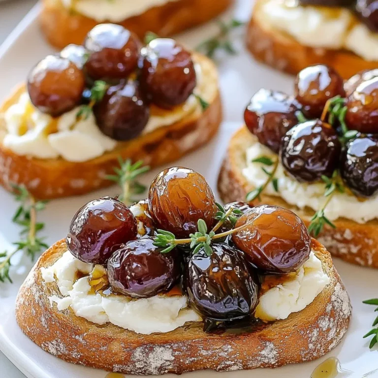 Für die Balsamico Rösttrauben-Crostini benötigst du folgende Zutaten: - 1 Baguette, in 1,5 cm dicke Scheiben geschnitten - 2 Tassen kernlose Trauben (rot oder grün) - 2 Esslöffel Balsamico-Essig - 2 Esslöffel Olivenöl - 115 g Ziegenkäse, weich - 2 Esslöffel Honig - Frische Thymianblätter, zum Garnieren - Salz und Pfeffer nach Geschmack Die Trauben sind der Star dieses Gerichts. Wähle frische, reife Trauben für den besten Geschmack. Kernlose Trauben sind wichtig, da sie einfach zu essen sind. Der Ziegenkäse bringt eine cremige Textur und einen kräftigen Geschmack. Verwende frischen Balsamico-Essig für einen intensiven Geschmack. Wenn du keinen Ziegenkäse magst, probiere Feta oder Ricotta. Diese Käse haben unterschiedliche Texturen, aber sie schmecken gut. Für Honig kannst du auch Agavendicksaft oder einen anderen süßen Sirup nehmen. Beide Optionen bieten einen ähnlichen süßen Geschmack. {{ingredient_image_2}} Zuerst heizen Sie Ihren Ofen auf 200°C vor. Bereiten Sie ein Backblech vor und legen Sie es mit Backpapier aus. Waschen Sie die Trauben gut und entfernen Sie die Stiele. Das ist wichtig, damit die Trauben gleichmäßig rösten. Schneiden Sie das Baguette in 1,5 cm dicke Scheiben. Dies sorgt für den perfekten Biss. Legen Sie die Trauben auf das Backblech. Beträufeln Sie sie mit Balsamico-Essig und Olivenöl. Fügen Sie eine Prise Salz und Pfeffer hinzu. Mischen Sie die Trauben vorsichtig, damit die Aromen gut einziehen. Rösten Sie die Trauben für 15 bis 20 Minuten. Sie sollten leicht geschrumpft und süßlich sein. Nehmen Sie ein weiteres Backblech und legen Sie die Baguettescheiben darauf. Pinseln Sie jede Scheibe leicht mit Olivenöl ein. Dies gibt ihnen eine goldene, knusprige Textur. Toasten Sie die Baguettes für etwa 5 bis 7 Minuten. Beobachten Sie sie, damit sie nicht verbrennen. In einer kleinen Schüssel mischen Sie den weichen Ziegenkäse mit dem Honig. Rühren Sie, bis die Mischung glatt und cremig ist. Nehmen Sie die gerösteten Trauben aus dem Ofen und lassen Sie sie kurz abkühlen. Verteilen Sie die Honig-Ziegenkäsemischung auf den Baguettescheiben. Toppen Sie jede Scheibe mit den gerösteten Trauben und garnieren Sie sie mit frischen Thymianblättern. Servieren Sie die Crostini warm und genießen Sie den tollen Geschmack! Die Röstzeit ist entscheidend für den Geschmack. Röstet die Trauben 15-20 Minuten bei 200°C. Achte darauf, dass sie leicht schrumpfen und karamellisieren. So bleibt ihr süßer Geschmack erhalten. Zu langes Rösten macht sie matschig. Überprüfe sie nach 15 Minuten. Sie sollten weich, aber noch ganz sein. Crostini sind am besten frisch. Lagere sie bei Raumtemperatur. Wenn du sie kühlen musst, lege sie in eine luftdichte Box. So bleiben sie knusprig. Vermeide den Kühlschrank, da die Feuchtigkeit sie weich macht. Vor dem Servieren kannst du sie kurz im Ofen erwärmen, um die Knusprigkeit zurückzubringen. Du kannst mit verschiedenen Käsesorten experimentieren. Feta passt gut und bringt eine salzige Note. Auch Frischkäse ist lecker und milder. Für eine würzige Note probiere Blauschimmelkäse. Du kannst auch verschiedene Kräuter verwenden, wie Basilikum oder Oregano. So bleibt das Rezept spannend und vielfältig. Pro Tipps Traubenwahl: Verwenden Sie eine Mischung aus roten und grünen Trauben für eine ansprechende Farbvielfalt und einen ausgewogenen Geschmack. Ziegenkäse-Variationen: Experimentieren Sie mit verschiedenen Ziegenkäsesorten, wie z.B. würzigen oder aromatisierten Varianten, um den Geschmack zu variieren. Röstaroma: Um den Röstaroma der Trauben zu intensivieren, fügen Sie beim Rösten etwas frischen Rosmarin hinzu. Serviertemperatur: Servieren Sie die Crostini warm, um die cremige Textur des Ziegenkäses zu betonen und die Aromen optimal zur Geltung zu bringen. {{image_4}} Für eine tolle vegetarische Variante können Sie den Ziegenkäse durch Ricotta ersetzen. Ricotta hat eine ähnliche Textur und bleibt leicht. Sie können auch etwas frischen Basilikum hinzufügen. Das gibt einen neuen, frischen Geschmack. Wenn Sie glutenfrei kochen, nutzen Sie glutenfreies Baguette. Es gibt viele leckere Sorten im Handel. Achten Sie darauf, dass auch der Balsamico-Essig glutenfrei ist. So bleibt Ihr Gericht für alle genießbar. Nutzen Sie saisonale Früchte, um die Crostini zu variieren. Im Herbst sind Feigen eine tolle Wahl. Im Sommer passen Kirschen oder Pfirsiche sehr gut. Diese Früchte bringen eine süße Note und passen perfekt zu Balsamico. Fühlen Sie sich frei, kreativ zu sein! Wenn Sie Crostini übrig haben, lassen Sie sie zuerst abkühlen. Wickeln Sie sie dann in Frischhaltefolie oder legen Sie sie in einen luftdichten Behälter. So bleiben sie frisch. Lagern Sie die Crostini bei Raumtemperatur, wenn Sie sie innerhalb eines Tages essen wollen. Für eine längere Lagerung, stellen Sie sie in den Kühlschrank. Um die Crostini wieder aufzuwärmen, heizen Sie Ihren Ofen auf 180°C vor. Legen Sie die Crostini auf ein Backblech und erwärmen Sie sie etwa 5-7 Minuten. So werden sie wieder knusprig. Vermeiden Sie die Mikrowelle, da sie die Crostini weich macht. Im Kühlschrank bleiben die Crostini bis zu drei Tage frisch. Achten Sie darauf, sie gut verpackt zu halten. Wenn Sie sie länger aufbewahren möchten, können Sie sie einfrieren. Legen Sie sie in einen Gefrierbeutel und entfernen Sie die Luft. Im Gefrierfach halten sie bis zu drei Monate. Um die Trauben optimal vorzubereiten, wasche sie zuerst gründlich. Entferne die Stiele und trockne sie mit einem Küchentuch. Dies hilft, das Rösten gleichmäßig zu gestalten. Lege die Trauben dann auf ein Backblech. Beträufle sie mit Balsamico-Essig und Olivenöl. Würze die Trauben mit Salz und Pfeffer. Mische alles gut, damit der Geschmack gleichmäßig verteilt ist. Ja, du kannst Balsamico-Reduktion verwenden. Sie ist dicker und süßer. Das gibt den Trauben einen intensiveren Geschmack. Achte darauf, die Menge anzupassen. Beginne mit weniger und probiere es aus. So erhältst du die perfekte Balance für deine Crostini. Es gibt viele tolle Beläge für Crostini. Hier sind einige Ideen: - Frischkäse mit Kräutern - Avocado mit Limette - Tomaten mit Basilikum - Rote-Bete-Hummus - Olivenpaste Diese Beläge bieten verschiedene Texturen und Geschmäcker. Probiere sie aus und finde deine Favoriten. Ja, du kannst dieses Rezept leicht anpassen. Verdopple einfach die Zutaten. Wenn du mehr Crostini machen möchtest, erhöhe die Anzahl der Baguettescheiben. Achte darauf, die Trauben gleichmäßig auf dem Blech zu verteilen. So röstet alles gleichmäßig. Du kannst auch andere Zutaten hinzufügen, um die Menge zu erhöhen. In diesem Beitrag haben wir die besten Zutaten für Crostini behandelt. Wir haben die Zubereitung, die Röstung der Trauben und das Zusammenstellen der Snacks erklärt. Außerdem gab es Tipps für die perfekte Röstzeit und Variationen des Rezepts. Vergiss nicht die Aufbewahrungs- und Lagerhinweise! Crostini sind vielseitig und einfach anzupassen. Du kannst die Rezepte an deine Geschmäcker und Bedürfnisse anpassen. Probiere neue Kombinationen aus und genieße den Prozess!