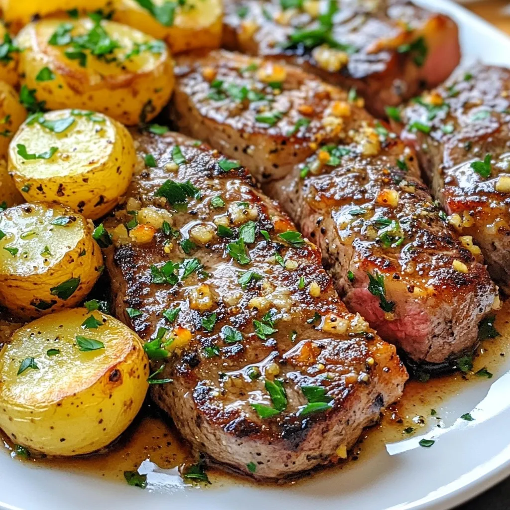 - 2 Ribeye-Steaks (ca. 2,5 cm dick) - 4 mittelgroße Babykartoffeln, halbiert - 4 Esslöffel ungesalzene Butter - 4 Knoblauchzehen, fein gehackt - 1 Teelöffel frischer Rosmarin, gehackt - 1 Teelöffel frischer Thymian, gehackt - Salz und schwarzer Pfeffer nach Geschmack - 1 Esslöffel Olivenöl - Frische Petersilie, gehackt (zum Garnieren) Für zwei Portionen benötigst du zwei Ribeye-Steaks. Diese sind zart und saftig. Die Kartoffeln sollten klein sein, damit sie schnell garen. Die Butter bringt den besonderen Geschmack. Knoblauch und Kräuter machen das Gericht frisch und aromatisch. Achte darauf, die Gewürze gut zu dosieren. Salz und Pfeffer sind wichtig für den Geschmack. Wenn du kein Ribeye-Steak magst, kannst du auch Filetsteak verwenden. Es ist ebenfalls zart und lecker. Anstelle von Babykartoffeln kannst du auch kleine neue Kartoffeln nehmen. Die Kräuter können variieren. Probiere Basilikum oder Oregano für einen anderen Geschmack. Wenn du vegan kochen möchtest, ersetze das Steak durch Tofu und die Butter durch pflanzliche Alternativen. {{ingredient_image_2}} Zuerst bringe ich in einem großen Topf gesalzenes Wasser zum Kochen. Ich nehme vier mittelgroße Babykartoffeln und halbiere sie. Diese Kartoffeln gebe ich ins kochende Wasser. Ich koche sie etwa 10 bis 12 Minuten. Wenn sie zart sind, gieße ich sie ab und stelle sie beiseite. Das ist der erste Schritt zu meinem leckeren Gericht. Während die Kartoffeln kochen, bereite ich die Ribeye-Steaks vor. Ich würze sie großzügig mit Salz und schwarzem Pfeffer auf beiden Seiten. In einer großen Pfanne erhitze ich einen Esslöffel Olivenöl bei mittelhoher Hitze. Wenn das Öl heiß ist, lege ich die Steaks in die Pfanne. Ich brate sie für 4 bis 5 Minuten auf jeder Seite. So werden sie medium-rare oder nach meinem Wunsch gar. Nach dem Braten nehme ich die Steaks aus der Pfanne. Ich lasse sie kurz auf einem Schneidebrett ruhen. Jetzt reduziere ich die Hitze der Pfanne auf mittlere Stufe. Ich füge zwei Esslöffel Butter hinzu. Sobald die Butter geschmolzen ist, gebe ich vier fein gehackte Knoblauchzehen, einen Teelöffel frischen Rosmarin und einen Teelöffel frischen Thymian dazu. Ich brate alles für etwa eine Minute an. Der Duft ist einfach himmlisch! Jetzt sind wir bereit für den nächsten Schritt. Um ein perfektes Steak zu braten, achte auf die Dicke. Ich empfehle Ribeye-Steaks, die etwa 2,5 cm dick sind. Würze sie vor dem Braten großzügig mit Salz und Pfeffer. Erhitze das Olivenöl in der Pfanne, bis es heiß ist. Lege die Steaks hinein und brate sie für 4-5 Minuten auf jeder Seite. So erhältst du einen schönen Bräunungseffekt. Lass die Steaks nach dem Braten kurz ruhen. So bleiben sie saftig. Für die Kartoffeln empfehle ich Babykartoffeln. Sie sind einfach und lecker. Halbiere sie und koche sie in gesalzenem Wasser für 10-12 Minuten. Du kannst auch andere Sorten wie rote oder goldene Kartoffeln verwenden. Achte darauf, dass sie gleichmäßig garen. So sind sie zart und perfekt für die Pfanne. Ein häufiger Fehler ist, das Steak zu früh zu wenden. Lass es erst braten, damit sich eine schöne Kruste bildet. Bei den Kartoffeln, achte darauf, dass sie nicht zu weich werden. Sie sollen einen leichten Biss haben, wenn du sie brätst. Zu viel Hitze kann sie verbrennen, also halte die Temperatur im Auge. Pro Tipps Steaks Zimmertemperatur: Bevor Sie die Steaks anbraten, lassen Sie sie etwa 30 Minuten bei Zimmertemperatur ruhen. Dies sorgt für eine gleichmäßigere Garung. Butter nicht verbrennen: Achten Sie darauf, die Hitze beim Hinzufügen der Butter zu reduzieren. Zu hohe Temperaturen können die Butter verbrennen und einen bitteren Geschmack hinterlassen. Kartoffeln knusprig: Um die Kartoffeln extra knusprig zu bekommen, braten Sie sie in der Knoblauchbutter bei mittlerer Hitze und lassen Sie genug Platz in der Pfanne, damit sie nicht dampfen. Kräuter frisch verwenden: Frische Kräuter verleihen dem Gericht ein intensiveres Aroma. Verwenden Sie immer frischen Rosmarin und Thymian, um den besten Geschmack zu erzielen. {{image_4}} Um das Gericht bunter und gesünder zu machen, füge Gemüse hinzu. Brokkoli, Paprika oder Zucchini passen gut. Du kannst sie einfach in die Pfanne geben, wenn die Kartoffeln fast fertig sind. Das Gemüse nimmt die Aromen der Knoblauchbutter auf und wird zart. Wenn du kein Ribeye-Steak magst, probiere Hähnchen oder Schweinefleisch. Hähnchenbrust ist eine gute Wahl. Es ist leicht und saftig. Auch Schweinefilet ist eine tolle Option. Achte darauf, die Garzeit anzupassen, da diese Fleischsorten unterschiedlich schnell garen. Experimentiere mit Gewürzen, um neue Geschmäcker zu entdecken. Paprika oder Kreuzkümmel geben dem Gericht eine besondere Note. Frische Kräuter wie Basilikum oder Oregano bringen Frische. Du kannst auch etwas Zitronensaft hinzufügen, um das Gericht aufzuhellen. Um die Reste der Knoblauchbutter Steak und Kartoffeln Pfanne gut zu lagern, folgen Sie diesen einfachen Schritten. Lassen Sie das Gericht zuerst auf Raumtemperatur abkühlen. Dann geben Sie die Reste in einen luftdichten Behälter. Lagern Sie ihn im Kühlschrank. Genießen Sie die Reste innerhalb von 3 bis 4 Tagen für den besten Geschmack. Um die Reste wieder aufzuwärmen, verwenden Sie eine Pfanne oder die Mikrowelle. Wenn Sie eine Pfanne nutzen, geben Sie die Reste bei mittlerer Hitze hinzu. Fügen Sie einen kleinen Löffel Butter oder Öl hinzu, um die Feuchtigkeit zu erhöhen. Rühren Sie oft um, bis alles heiß ist. In der Mikrowelle, erhitzen Sie das Gericht in kurzen 30-Sekunden-Intervallen. Decken Sie den Behälter ab, um das Austrocknen zu vermeiden. Wenn Sie das Gericht länger aufbewahren möchten, können Sie es einfrieren. Teilen Sie die Portionen in geeignete Behälter auf. Achten Sie darauf, die Luft so gut wie möglich zu entfernen. Decken Sie die Behälter gut ab oder verwenden Sie Gefrierbeutel. So bleibt das Gericht bis zu 3 Monate frisch. Zum Auftauen stellen Sie das Gericht über Nacht in den Kühlschrank. Erwärmen Sie es dann wie oben beschrieben. Du kannst Knoblauchbutter Steak und Kartoffeln bis zu drei Tage im Kühlschrank aufbewahren. Achte darauf, das Gericht in einem luftdichten Behälter zu lagern. So bleibt der Geschmack frisch. Du kannst die Reste auch in eine Schüssel umfüllen. Vor dem Essen einfach aufwärmen. Ja, dieses Rezept ist sehr anpassbar. Du kannst einfach die Menge der Zutaten verdoppeln oder verdreifachen. Wenn du mehr Kartoffeln oder Steaks brauchst, achte darauf, die Pfanne nicht zu überladen. So garen die Zutaten gleichmäßig. Plane auch etwas mehr Zeit zum Kochen ein. Ribeye-Steaks sind ideal für dieses Gericht. Sie haben viel Geschmack und sind zart. Du kannst auch andere Steaks wie Filet oder Sirloin verwenden. Achte darauf, dass sie etwa 2,5 cm dick sind. So bleiben sie saftig und zart beim Braten. Fassen wir zusammen: In diesem Blogbeitrag haben wir Zutaten, Zubereitung und Tipps für ein perfektes Steak mit Kartoffeln behandelt. Du hast gelernt, wie du die Zutaten vorbereitest und das Steak richtig anbrätst. Wir haben auch Variationen besprochen, um deine Mahlzeit anzupassen. Denk daran, Reste gut aufzubewahren und häufige Fehler zu vermeiden. Mit diesen Informationen kannst du ein schmackhaftes Gericht zubereiten. Probiere es aus und genieße deine Kochkunst!