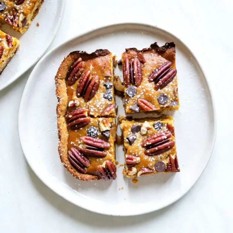 Für die Kürbis-Pekan-Kuchen-Riegel brauchst du folgende Hauptzutaten: - 1 ½ Tassen Allzweckmehl - ½ Tasse brauner Zucker - ½ Tasse ungesalzene Butter, weich - 1 Tasse Kürbispüree aus der Dose - 1 Tasse gesüßte kondensierte Milch - ½ Tasse weißer Zucker - 2 große Eier - 1 Teelöffel Vanilleextrakt - 1 Tasse Pekannüsse, grob gehackt Diese Zutaten machen die Riegel lecker und cremig. Das Kürbispüree gibt den Riegeln das besondere Aroma. Für den Boden der Riegel benötigst du: - 1 ½ Tassen Allzweckmehl - ½ Tasse brauner Zucker - ½ Tasse ungesalzene Butter, weich Diese Zutaten sorgen für eine feste und süße Basis. Der Boden sollte goldbraun sein, um das beste Ergebnis zu erzielen. Die Gewürze machen diese Riegel einzigartig. Du brauchst: - 1 Teelöffel gemahlener Zimt - ½ Teelöffel gemahlene Muskatnuss - ½ Teelöffel gemahlener Ingwer - ½ Teelöffel Salz Diese Aromen geben den Riegeln den perfekten Herbstgeschmack. Sie machen die Riegel warm und einladend. {{ingredient_image_2}} Heize deinen Ofen auf 175 °C vor. Fette eine 9x13 Zoll große Backform ein oder lege sie mit Backpapier aus. Dies hilft dir, die Riegel später leicht herauszunehmen. In einer mittleren Schüssel mische 1 ½ Tassen Allzweckmehl und ½ Tasse braunen Zucker. Füge ½ Tasse weiche ungesalzene Butter hinzu. Rühre die Mischung, bis sie groben Krümeln ähnelt. Drücke diese Mischung gleichmäßig auf den Boden der Backform. Backe den Boden für 15-18 Minuten, bis er leicht goldbraun ist. Lass ihn einige Minuten abkühlen. In einer großen Schüssel verquirle 1 Tasse Kürbispüree, 1 Tasse gesüßte kondensierte Milch, ½ Tasse weißen Zucker, 2 große Eier, 1 Teelöffel Vanilleextrakt, 1 Teelöffel gemahlenen Zimt, ½ Teelöffel gemahlene Muskatnuss, ½ Teelöffel gemahlenen Ingwer und ½ Teelöffel Salz. Rühre, bis die Mischung glatt ist. Füge 1 Tasse grob gehackte Pekannüsse und eventuell ½ Tasse Mini-Schokoladenstückchen hinzu. Gieße die Füllung gleichmäßig über den vorgebackenen Boden. Backe die Riegel für 25-30 Minuten. Sie sind bereit, wenn ein Zahnstocher sauber herauskommt. Lass sie komplett abkühlen und kühl sie dann 1-2 Stunden im Kühlschrank. Schneide die Riegel nach dem Kühlen in Stücke. Serviere sie gekühlt oder bei Raumtemperatur. Die Konsistenz der Kürbis-Pekan-Kuchen-Riegel ist wichtig. Um sie perfekt zu machen, achten Sie darauf, die Füllung gut zu mischen. Verwenden Sie eine große Schüssel und einen Schneebesen, um Klumpen zu vermeiden. Die Mischung sollte glatt sein, bevor Sie die Pekannüsse hinzufügen. Ein weiterer Tipp ist, die Füllung nicht zu überbacken. Überprüfen Sie die Riegel nach 25 Minuten. Ein Zahnstocher sollte sauber herauskommen, wenn die Füllung fest ist. Nach dem Backen lassen Sie die Riegel in der Form abkühlen. Dies dauert etwa 30 Minuten. Danach stellen Sie die Form in den Kühlschrank für 1-2 Stunden. Kühlen hilft, die Riegel fest zu machen. Wenn Sie schneiden, verwenden Sie ein scharfes Messer. Schneiden Sie die Riegel gleichmäßig, um eine schöne Präsentation zu erzielen. Vermeiden Sie es, die Riegel zu warm zu schneiden, da sie zerfallen können. Eine schöne Präsentation macht viel aus. Schneiden Sie die Riegel in quadratische Stücke. Legen Sie sie auf einen dekorativen Teller. Garnieren Sie die Riegel mit einem Hauch Schlagsahne und etwas Zimt. Ein bisschen Puderzucker oben drauf sieht auch toll aus. Diese Tipps machen Ihre Riegel nicht nur lecker, sondern auch ansprechend! Pro Tipps Verwenden Sie frisches Kürbispüree: Für einen intensiveren Geschmack können Sie frisches Kürbispüree statt der Dose verwenden. Röstet den Kürbis vorher, um die Süße zu intensivieren. Variieren Sie die Nüsse: Experimentieren Sie mit verschiedenen Nüssen wie Walnüssen oder Mandeln, um den Riegeln eine andere Textur und Geschmack zu verleihen. Perfekte Kühlung: Lassen Sie die Riegel vollständig abkühlen, bevor Sie sie schneiden. Dies hilft, die Struktur zu festigen und ein sauberes Schneiden zu gewährleisten. Garnierungen hinzufügen: Für zusätzlichen Geschmack und eine schöne Präsentation können Sie die Riegel vor dem Servieren mit karamellisierten Pekannüssen oder Schokoladensauce garnieren. {{image_4}} Ein toller Zusatz sind Mini-Schokoladenstückchen. Sie geben den Riegeln eine süße Note. Fügen Sie sie einfach in die Füllung hinzu. Ein Drittel Tasse reicht oft aus. Sie schmelzen und verbinden sich mit dem Kürbis. So entsteht ein leckerer Kontrast zu den Nüssen. Pekannüsse sind klassisch, aber auch andere Nüsse sind gut. Mandeln oder Walnüsse passen ebenfalls prima. Hacken Sie sie grob und mischen Sie sie in die Füllung. Für ein knuspriges Topping können Sie die Nüsse auch oben drauf streuen. So bekommen die Riegel eine schöne Textur. Für glutenfreie Riegel nutzen Sie einfach ein glutenfreies Mehl. Achten Sie darauf, das richtige Mehl zu wählen, das gut bindet. Für vegane Riegel ersetzen Sie die Eier durch Apfelmus oder Leinsamen. Die gesüßte kondensierte Milch kann durch eine pflanzliche Alternative ersetzt werden. So bleibt der Geschmack trotzdem toll. Kürbis-Pekan-Kuchen-Riegel lieben kühle und trockene Orte. Sie sollten in einem luftdichten Behälter aufbewahrt werden. So bleiben sie frisch und lecker. Vermeiden Sie Feuchtigkeit, da sie die Riegel matschig machen kann. Ein kühler Platz in der Küche ist ideal. Wenn Sie die Riegel länger aufbewahren möchten, legen Sie sie in den Kühlschrank. Sie bleiben dort bis zu einer Woche frisch. Für eine längere Lagerung können Sie die Riegel einfrieren. Wickeln Sie sie gut in Frischhaltefolie und legen Sie sie in einen Gefrierbeutel. So sind sie bis zu drei Monate haltbar. Lassen Sie sie vor dem Essen einfach bei Raumtemperatur auftauen. Die Riegel halten sich im Kühlschrank etwa eine Woche. Im Gefrierschrank sind sie bis zu drei Monate gut. Achten Sie darauf, dass Sie sie richtig lagern. So bleibt der Geschmack und die Konsistenz perfekt. Wenn die Riegel anfangen, seltsam zu riechen oder ihre Farbe ändern, sollten Sie sie wegwerfen. Du kannst die Riegel bis zu einer Woche im Kühlschrank aufbewahren. Stelle sicher, dass sie in einem luftdichten Behälter sind. So bleiben sie frisch und lecker. Wenn du sie länger aufbewahren willst, kannst du sie einfrieren. Sie halten sich im Gefrierfach bis zu drei Monate. Ja, frisches Kürbispüree ist eine tolle Option! Du musst den Kürbis zuerst kochen oder rösten und dann pürieren. Achte darauf, dass es nicht zu wässrig ist, da dies die Füllung beeinflussen kann. Frisches Püree hat einen tollen Geschmack. Lass die Riegel zuerst ganz abkühlen. Schneide sie dann in Stücke und lege sie in einen luftdichten Behälter. Wenn du ein paar Riegel übrig hast, kannst du sie auch zwischen Lagen Backpapier legen. Das verhindert, dass sie aneinander kleben. Zusammengefasst haben wir die Zutaten für Kürbis-Pekan-Kuchen-Riegel behandelt. Wir schauten uns die Hauptzutaten, die Backzutaten und die Gewürze an. Die Schritt-für-Schritt-Anleitung führte uns durch das Backen. Tipps zur Konsistenz und Präsentation helfen, die Riegel perfekt zu servieren. Variationen bieten Spaß beim Ausprobieren. Schließlich klärte ich Lagerungshinweise und häufige Fragen. Mit diesen Tipps kannst du leckere Riegel kreieren, die jeder liebt. Viel Spaß beim Backen!