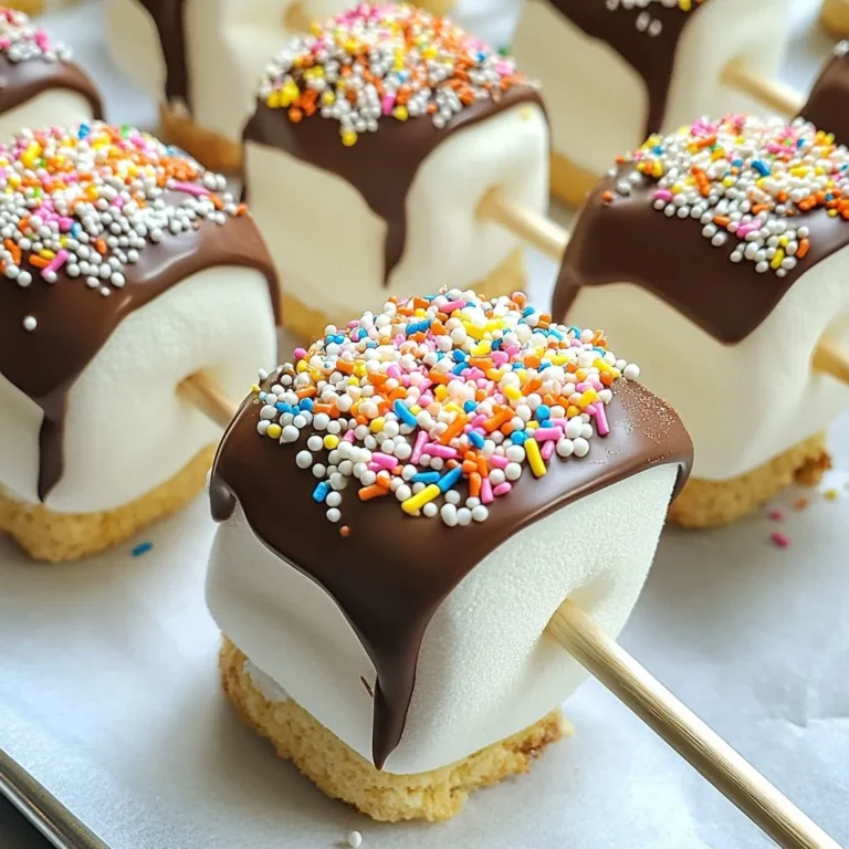 Um die Schokoladen-getauchten Marshmallow-Pops zu machen, brauchst du: - 10 große Marshmallows - 1 Tasse semi-süße Schokoladenstückchen - 1 Esslöffel Kokosnussöl - 1/2 Tasse bunte Streusel (oder zerstoßene Nüsse) - 10 Lollipop-Stiele oder Holzspieße - Optional: 1/4 Tasse zerbröselte Graham-Cracker für einen S'mores-Twist Für das beste Ergebnis wähle hochwertige Zutaten. Ich empfehle: - Verwende echte semi-süße Schokolade. Diese hat den besten Geschmack. - Achte darauf, dass die Marshmallows frisch sind. Sie sollten weich und fluffig sein. - Für die Streusel, wähle bunte und knackige Marken. Sie machen deine Pops lebendig. Wenn du spezielle diätetische Wünsche hast, gibt es tolle Alternativen: - Für vegane Schokolade, wähle dunkle Schokolade ohne Milchprodukte. - Nutze glutenfreie Graham-Cracker oder lasse sie ganz weg, wenn du glutenfrei sein musst. - Statt Zuckerstreuseln, verwende gesunde Nüsse oder Trockenfrüchte als Topping. Mit diesen Zutaten und Tipps kannst du leckere Schokoladen-getauchte Marshmallow-Pops machen, die jeder lieben wird! {{ingredient_image_2}} Beginnen Sie mit 10 großen Marshmallows. Stecken Sie einen Lollipop-Stiel in jeden Marshmallow. Der Stiel sollte bis zur Hälfte durchgehen. Legen Sie die vorbereiteten Marshmallows auf ein Backblech. Decken Sie das Blech mit Backpapier ab, damit die Marshmallows nicht kleben bleiben. Nehmen Sie eine mikrowellengeeignete Schüssel. Geben Sie 1 Tasse semi-süße Schokoladenstückchen und 1 Esslöffel Kokosnussöl hinein. Schmelzen Sie die Mischung in der Mikrowelle. Tun Sie dies in 30-Sekunden-Intervallen. Rühren Sie nach jedem Intervall um, bis die Schokolade glatt und ganz geschmolzen ist. Achten Sie darauf, die Schokolade nicht zu überhitzen. Halten Sie den Marshmallow-Pop am Stiel. Tauchen Sie ihn in die geschmolzene Schokolade. Drehen Sie den Marshmallow sanft, damit er gleichmäßig bedeckt wird. Lassen Sie überschüssige Schokolade abtropfen. Sofort nach dem Eintauchen streuen Sie bunte Streusel oder zerbröselte Graham-Cracker darüber. Legen Sie den getauchten Marshmallow zurück auf das Backblech. Nachdem alle Marshmallows eingetaucht sind, stellen Sie das Backblech in den Kühlschrank. Lassen Sie die Pops dort für etwa 30 Minuten ruhen, bis die Schokolade fest ist. Nach der Kühlzeit sind Ihre Schokoladen-getauchten Marshmallow-Pops bereit. Servieren Sie sie auf einer dekorativen Platte für einen festlichen Look. Um die Schokolade perfekt zu tauchen, halte den Marshmallow-Pop am Stiel. Tauche ihn langsam in die geschmolzene Schokolade. Drehe ihn vorsichtig, damit die Schokolade gleichmäßig haftet. Lass die Schokolade kurz abtropfen, bevor du ihn zurücklegst. So entsteht eine schöne Schicht. Wenn die Schokolade nicht gut haftet, könnte sie zu dick sein. Füge etwas Kokosnussöl hinzu, um die Textur zu verbessern. Achte darauf, die Schokolade nicht zu überhitzen. Schmelze sie in kurzen Intervallen. Wenn du die Marshmallows vor dem Eintauchen leicht abkühlst, haftet die Schokolade besser. Für Partys kannst du die Marshmallow-Pops mit bunten Streuseln verzieren. Nutze saisonale Farben für Feiertage. Für Kindergeburtstage sind Schokoladenaugen oder Zuckerfiguren eine tolle Idee. Bei einem BBQ sind zerbröselte Graham-Cracker ideal für einen S'mores-Twist. So passt jeder Pop zu deinem Anlass! Pro Tipps Wählen Sie hochwertige Schokolade: Verwenden Sie hochwertige Schokoladenstückchen für den besten Geschmack und eine glatte Konsistenz beim Schmelzen. Experimentieren Sie mit Toppings: Versuchen Sie verschiedene Toppings wie Karamellsoße, gehackte Nüsse oder sogar Kokosraspeln, um Ihre Marshmallow-Pops zu variieren. Temperatur beachten: Stellen Sie sicher, dass die Schokolade nicht zu heiß ist, um ein Überhitzen zu vermeiden, was die Konsistenz beeinträchtigen kann. Vorkühlen: Kühlen Sie die Marshmallows vor dem Eintauchen für eine bessere Haftung der Schokolade. {{image_4}} Du kannst viele Schokoladensorten für deine Marshmallow-Pops verwenden. Neben semi-süßer Schokolade probiere auch Zartbitter oder Milchschokolade. Weiße Schokolade sorgt für einen tollen Kontrast und sieht auch hübsch aus. Für einen besonderen Twist, füge etwas Lebensmittelfarbe zur weißen Schokolade hinzu. Das gibt den Pops einen bunten Look. Die Toppings machen die Pops interessant. Verwende bunte Streusel für einen fröhlichen Effekt. Du kannst auch zerstoßene Nüsse, wie Mandeln oder Walnüsse, nutzen. Für Schokoladenliebhaber sind kleine Schokoladenstückchen eine tolle Wahl. Überlege, Mini-M&Ms oder Karamellstückchen zu verwenden. Das gibt einen süßen Crunch! Für einen S'mores-Twist, füge zerbröselte Graham-Cracker hinzu. Dies gibt den Pops den typischen S'mores-Geschmack. Du kannst auch Keksstücke oder Kokosraspel verwenden. Wenn du etwas Fruchtiges magst, probiere gefriergetrocknete Früchte. Diese sorgen für einen frischen Geschmack und eine schöne Optik. Sei kreativ und mische verschiedene Zutaten! Um die Frische deiner Schokoladen-getauchten Marshmallow-Pops zu bewahren, achte auf die richtige Lagerung. Lagere sie in einem luftdichten Behälter. Dies hält die Feuchtigkeit fern und verhindert, dass die Pops hart werden. Du kannst auch ein Stück Brot in den Behälter legen. Das Brot hilft, die Luftfeuchtigkeit zu regulieren. Im Kühlschrank bleiben die Marshmallow-Pops etwa eine Woche frisch. Lege sie auf ein Tablett oder in einen Behälter, der gut schließt. Achte darauf, dass die Pops nicht zusammenkleben. Du kannst sie auch zwischen Schichten von Backpapier trennen. So bleibt jede Pop unversehrt. Wenn du die Marshmallow-Pops länger aufbewahren möchtest, kannst du sie einfrieren. Wickel jeden Pop einzeln in Frischhaltefolie. Lege sie dann in einen Gefrierbeutel. Im Gefrierfach halten sie bis zu drei Monate. Zum Servieren lasse sie einfach bei Raumtemperatur auftauen. So schmecken sie fast wie frisch gemacht! Ja, Sie können viele andere Süßigkeiten verwenden. Zum Beispiel sind zerstoßene Kekse oder Nüsse großartig. Sie können auch Mini-Schokoladenstückchen oder Kokosraspeln probieren. Seien Sie kreativ! Diese Pops halten sich gut im Kühlschrank. Sie bleiben etwa eine Woche frisch. Achten Sie darauf, sie in einem luftdichten Behälter aufzubewahren. So bleiben sie lecker und weich. Ja, man kann vegane Schokolade für das Rezept verwenden. Für eine zuckerfreie Option suchen Sie nach zuckerfreien Schokoladenstückchen. Auch mit diesen Zutaten sind die Pops köstlich. Hochwertige Zutaten finden Sie in gut sortierten Supermärkten oder speziellen Geschäften. Achten Sie auf frische Marshmallows und gute Schokolade. Online-Shops bieten oft auch eine große Auswahl an Zutaten. Die Herstellung von Schokoladen-Marshmallow-Pops ist einfach und macht Spaß. Wir haben die besten Zutaten und Schritte besprochen. Außerdem gab es Tipps für die perfekte Schokoladentechnik und Ideen zur Dekoration. Verschiedene Variationen und Lagerinformationen runden das Ganze ab. Ich hoffe, du fühlst dich nun bereit, deine eigenen Pops zu machen. Probiere verschiedene Toppings und Teile die Ergebnisse! Diese süßen Snacks sind eine tolle Ergänzung für jede Feier. Viel Spaß beim Kreiieren!