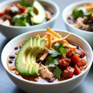 Die Zutaten für die herzhafte Southwest Chicken Tortilla Soup sind einfach zu finden. Sie brauchen: - 2 Esslöffel Olivenöl - 1 mittelgroße Zwiebel, gewürfelt - 3 Knoblauchzehen, fein gehackt - 1 rote Paprika, in Stücke geschnitten - 1 grüne Paprika, in Stücke geschnitten - 1 Teelöffel gemahlener Kreuzkümmel - 1 Teelöffel geräuchertes Paprikapulver - 1/2 Teelöffel Chili-Pulver - 1 Teelöffel Oregano - 4 Tassen Hühnerbrühe - 2 Tassen gekochtes Hühnchen, zerrupft - 1 Dose (425 g) schwarze Bohnen, abgespült und abgetropft - 1 Dose (425 g) Feuer-geröstete Tomatenwürfel - 1 Tasse Maiskörner (frisch oder gefroren) - Salz und Pfeffer nach Geschmack - Saft von 1 Limette - Tortillastreifen zum Garnieren - Frischer Koriander zum Garnieren - Avocadoscheiben zum Garnieren - Geriebener Käse zur Garnierung (optional) Diese frischen Zutaten bringen einen tollen Geschmack in die Suppe. Die Paprika und Zwiebel geben einen süßen, knackigen Biss. Der Knoblauch sorgt für ein tolles Aroma. Gewürze wie Kreuzkümmel und geräuchertes Paprikapulver bringen einen warmen, rauchigen Geschmack. Hühnerbrühe und Hühnchen machen die Suppe herzhaft. Die schwarzen Bohnen und der Mais fügen eine tolle Textur hinzu. Die Limette bringt eine frische Note, während die Garnituren die Suppe schön aussehen lassen. Jede Zutat trägt zur Gesamtwirkung bei. Sie alle arbeiten zusammen und machen die Suppe zu einem echten Genuss. {{ingredient_image_2}} 1. Erhitze 2 Esslöffel Olivenöl in einem großen Topf bei mittlerer Hitze. 2. Füge die gewürfelte Zwiebel hinzu und brate sie 3-4 Minuten an. Sie wird glasig. 3. Gib 3 gehackte Knoblauchzehen sowie 1 rote und 1 grüne Paprika hinzu. Brate alles 2-3 Minuten weiter, bis die Paprika weich sind. 4. Rühre 1 Teelöffel gemahlenen Kreuzkümmel, 1 Teelöffel geräuchertes Paprikapulver, 1/2 Teelöffel Chili-Pulver und 1 Teelöffel Oregano ein. Koche die Mischung 1 Minute lang, um die Aromen zu entfalten. 1. Gieße 4 Tassen Hühnerbrühe in den Topf. 2. Füge 2 Tassen zerrupftes Hühnchen, 1 Dose schwarze Bohnen, 1 Dose gewürfelte Tomaten und 1 Tasse Mais hinzu. 3. Vermenge alles gut und bringe die Suppe zum Köcheln. 4. Lasse die Suppe 15-20 Minuten köcheln, damit die Aromen sich verbinden. 1. Schmecke die Suppe mit Salz und Pfeffer ab. 2. Kurz vor dem Servieren pressest du den Saft einer Limette hinein. 3. Schöpfe die Suppe in bunte Schalen. 4. Garniere jede Schale mit Tortillastreifen, frischem Koriander, Avocadoscheiben und geriebenem Käse, wenn gewünscht. Präsentation ist wichtig! Lebhafte Schalen bringen die Farben der Zutaten zum Strahlen. Um die perfekte Konsistenz für Ihre Suppe zu erreichen, müssen Sie die Kochzeit und Temperatur genau beachten. Beginnen Sie mit mittlerer Hitze, um das Gemüse sanft zu garen. So bleiben die Aromen erhalten. Lassen Sie die Suppe nach dem Hinzufügen aller Zutaten 15-20 Minuten köcheln. Diese Zeit reicht, damit sich die Aromen gut vermischen. Überprüfen Sie die Konsistenz vor dem Servieren. Wenn die Suppe zu dick ist, fügen Sie etwas Hühnerbrühe hinzu. Um die Aromen zu intensivieren, können Sie die Gewürze anpassen. Fügen Sie mehr Kreuzkümmel oder Chili-Pulver hinzu, wenn Sie es würziger mögen. Auch frische Kräuter wie Koriander können den Geschmack verstärken. Experimentieren Sie mit zusätzlichen Zutaten wie Limettenzesten oder frischen Tomaten. Ein Spritzer Limettensaft kurz vor dem Servieren hebt die Aromen hervor. Um Zeit beim Kochen zu sparen, bereiten Sie die Zutaten im Voraus vor. Schneiden Sie das Gemüse und kochen Sie das Hühnchen am Tag zuvor. Sie können auch vorgekochte Hühnchenstücke verwenden. So sparen Sie viel Zeit. Eine schnelle Alternative zu frischem Gemüse sind gefrorene Paprika und Mais. Diese benötigen keine zusätzliche Vorbereitung. Pro Tipps Frische Kräuter verwenden: Fügen Sie frische Kräuter wie Koriander oder Petersilie kurz vor dem Servieren hinzu, um der Suppe einen zusätzlichen Frischekick zu verleihen. Gewürze anpassen: Passen Sie die Menge der Gewürze nach Ihrem Geschmack an. Wenn Sie es schärfer mögen, fügen Sie mehr Chili-Pulver oder frische Chilis hinzu. Vorräte verwenden: Nutzen Sie übrig gebliebenes Hühnchen oder andere Gemüse, um die Suppe noch reichhaltiger und nahrhafter zu machen. Servierideen: Servieren Sie die Suppe mit verschiedenen Toppings wie Joghurt oder Salsa, um den Gästen eine Auswahl zu bieten und das Geschmackserlebnis zu erweitern. {{image_4}} Wenn du eine vegetarische Version der Suppe machen möchtest, kannst du das Hühnchen einfach durch Tofu ersetzen. Tofu nimmt die Aromen gut auf. Du kannst auch zusätzliche Bohnen wie Kidneybohnen oder Pintobohnen hinzufügen. Diese machen die Suppe sättigend und nahrhaft. Achte darauf, den Tofu gut zu würzen, damit er viel Geschmack hat. Für eine schärfere Variante füge frische Jalapeños oder scharfe Gewürze hinzu. Du kannst die Menge an Chili-Pulver auch erhöhen. Wenn du es wirklich scharf magst, probiere auch ein paar Spritzer scharfe Soße. Dies wird den Geschmack intensivieren und der Suppe einen extra Kick geben. Wenn du eine cremige Suppe möchtest, füge etwas Sahne oder Avocado-Creme hinzu. Die Sahne macht die Suppe reichhaltig und glatt. Avocado-Creme sorgt für einen frischen Geschmack und eine schöne Textur. Rühre die Sahne oder die Avocado-Creme kurz vor dem Servieren ein, um die beste Konsistenz zu erreichen. Um die Suppe frisch zu halten, bewahre sie in einem luftdichten Behälter auf. Lasse die Suppe zuerst abkühlen. Stelle sie dann in den Kühlschrank. Sie bleibt dort bis zu fünf Tage gut. Für längere Lagerung kannst du die Suppe auch einfrieren. Fülle sie in gefriergeeignete Behälter oder Beutel. So bleibt sie bis zu drei Monate haltbar. Die Suppe ist im Kühlschrank bis zu fünf Tage genießbar. Achte darauf, sie in einem sauberen Behälter zu lagern. Wenn du sie gefroren hast, verwende sie innerhalb von drei Monaten. Nach dieser Zeit kann der Geschmack leiden. Überprüfe immer das Aussehen und den Geruch, bevor du sie isst. Um die Suppe wieder aufzuwärmen, verwende einen Topf auf dem Herd. Erhitze die Suppe bei mittlerer Hitze. Rühre gut um, damit sie gleichmäßig warm wird. Du kannst sie auch in der Mikrowelle aufwärmen. Stelle die Suppe in eine mikrowellengeeignete Schüssel. Erhitze sie in kurzen Intervallen, bis sie heiß ist. Achte darauf, dass sie nicht überkocht. Füge nach dem Aufwärmen frische Kräuter oder Garnituren hinzu, um den Geschmack zu verbessern. Die Zubereitung der Southwest Chicken Tortilla Soup dauert insgesamt 35 Minuten. Die Vorbereitungszeit ist 15 Minuten. In dieser Zeit schneiden Sie die Zwiebeln, Paprika und Knoblauch. Danach kochen Sie die Suppe für 20 Minuten. So verbinden sich alle Aromen gut. Diese Suppe ist schnell und einfach zu machen. Ja, Sie können die Suppe im Voraus machen. Kochen Sie die Suppe und lassen Sie sie abkühlen. Füllen Sie sie in einen luftdichten Behälter. So bleibt die Suppe bis zu drei Tage im Kühlschrank frisch. Sie können die Suppe auch einfrieren. In einem gefrierfesten Behälter bleibt sie bis zu drei Monate haltbar. Denken Sie daran, die Suppe vor dem Servieren gut aufzuwärmen. Ja, es gibt viele alternative Zutaten, die Sie verwenden können. Hier sind einige Optionen: - Hühnchen: Ersetzen Sie es durch Tofu oder zusätzlich schwarze Bohnen für eine vegetarische Version. - Gemüse: Fügen Sie Zucchini oder Karotten für mehr Geschmack hinzu. - Gewürze: Wenn Sie es schärfer mögen, verwenden Sie frische Jalapeños oder scharfe Paprika. - Käse: Ersetzen Sie geriebenen Käse durch Feta oder lassen Sie ihn ganz weg. Diese Alternativen machen die Suppe vielseitig und anpassbar. Diese Suppe ist einfach und lecker. Sie verlangt nach frischen Zutaten wie Zwiebeln und Paprika. Wir haben Schritt für Schritt gesehen, wie man sie zubereitet. Die Tipps helfen dir, die Konsistenz und den Geschmack zu perfektionieren. Variationen wie vegetarische und cremige Versionen bieten neue Möglichkeiten. Achte auf die Lagerung, damit die Suppe lange frisch bleibt. Probiere die verschiedenen Optionen und finde deine Lieblingsversion! So wird jede Schale ein Genuss.
