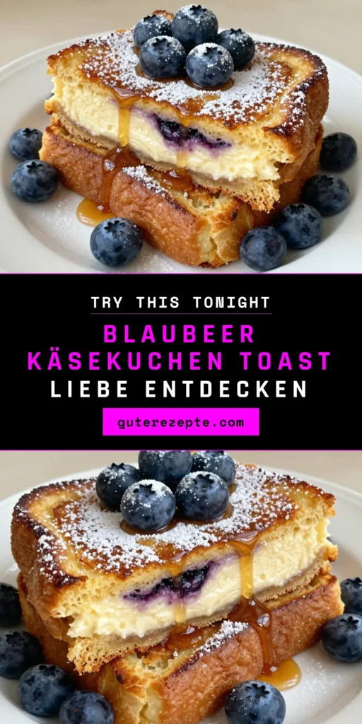 Entdecke das köstliche Blaubeer-Käsekuchen-Toast! Dieses Käsekuchen Toast Rezept kombiniert die Süße frischer Blaubeeren mit cremigem Frischkäse und zartem Brioche-Brot. Perfekt für Frühstücksideen mit Blaubeeren, einfach zuzubereiten und ideal für einen besonderen Start in den Tag. Probiere jetzt dieses süße Brötchenrezept aus und genieße es! Teile deine Kreationen! #BlaubeerKäsekuchenToast #KäsekuchenToastRezept #Frühstücksideen #BriocheKäsekuchenSandwich