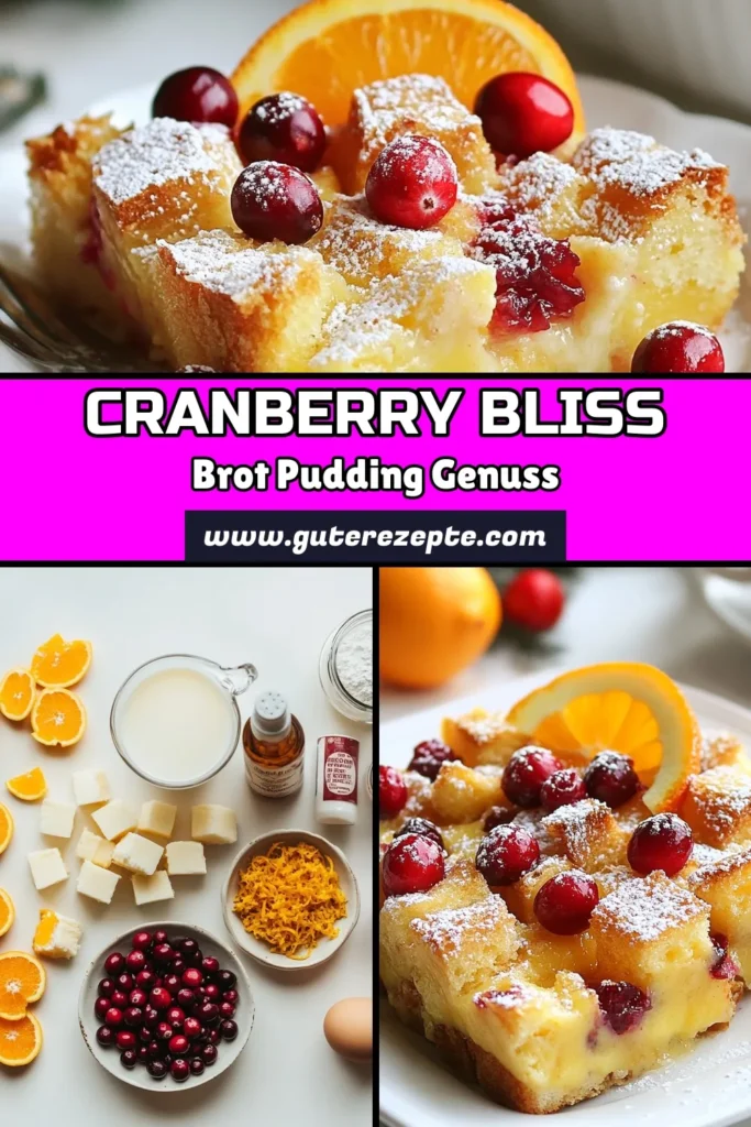 Genießen Sie den köstlichen Cranberry Bliss Brot Pudding mit unserem einfachen Orangensaft Pudding Rezept. Dieses altbackenes Brot Dessert ist der perfekte Festtagsnachtisch mit Cranberries und wird Ihre Gäste begeistern. Schnell zubereitet und ideal für besondere Anlässe. Lassen Sie diesen Genuss nicht entgehen und probieren Sie jetzt unser einfaches Puddingrezept! #BrotPudding #DessertRezepte #Festtagsküche #Cranberries