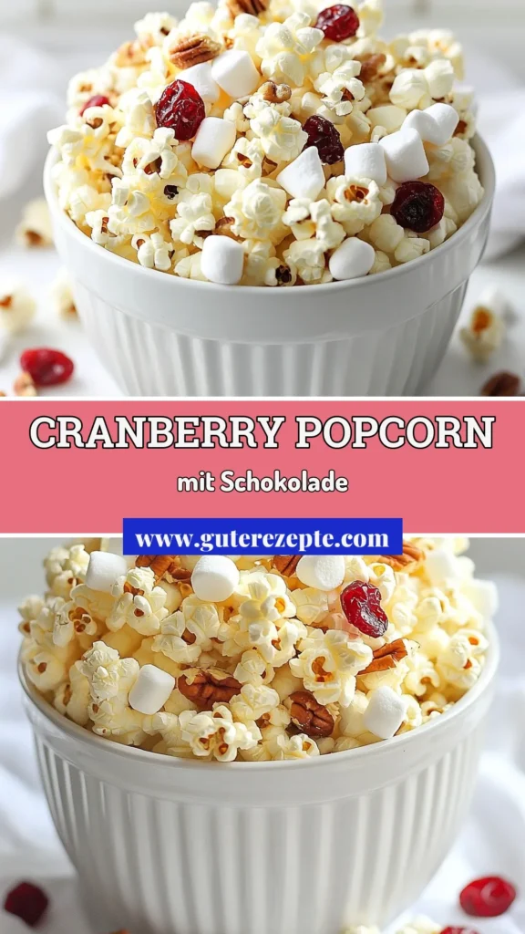 Entdecke unser köstliches Cranberry Popcorn Rezept mit weißer Schokolade! Diese gesunde Snack Idee kombiniert das süße Aroma von Popcorn mit Cranberries und schockiert Freunde und Familie mit einem leckeren Geschmack. Perfekt für Filmabende oder als Snack zwischendurch! Bereite jetzt dieses schokoladige Popcorn Snacks zu und genieße jeden Bissen. Klicke auf „Speichern“ für mehr Rezeptideen! #CranberryPopcorn #weißeSchokolade #gesundeSnacks #Popcornliebe