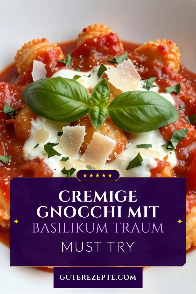 Entdecke unser cremiges Gnocchi Rezept mit Tomaten und Basilikum – ein einfaches Gnocchi Zubereitung für ein köstliches italienisches vegetarisches Abendessen! Dieses Tomaten-Basilikum Gericht kombiniert zarte Gnocchi mit einer reichhaltigen, cremigen Sauce, die schnell zubereitet ist. Verwöhne dich und deine Liebsten mit diesem schnellen Rezept. Probier es aus und lass dich von der italienischen Küche verzaubern! #GnocchiRezept #TomatenBasilikum #ItalienischeKüche #VegetarischesAbendessen