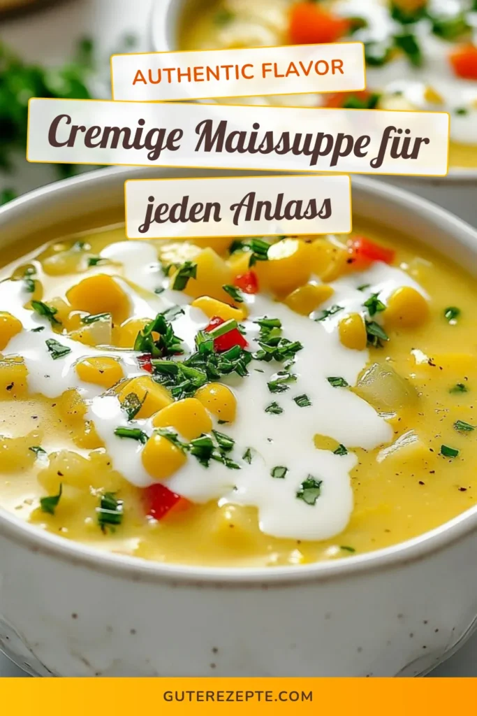 Entdecken Sie unser einfaches Rezept für cremige Maissuppe, das Ihre Geschmacksknospen verwöhnt! Diese gesunde Maissuppe kombiniert frischen Mais, Kartoffeln und Paprika zu einer herzhaften Gemüsesuppe. Perfekt für vegane Suppenrezepte! Kochen Sie diese einfache Rezeptidee und genießen Sie sie mit knusprigem Brot. Teilen Sie Ihr Ergebnis und lassen Sie sich inspirieren! #cremigemaissuppe #einfacherezepte #gesundeernährung #veganegerichte