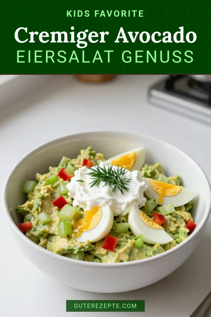 Entdecken Sie unseren cremigen Avocado-Eiersalat, eine gesunde Eiervariante, die perfekt für jede Mahlzeit ist. Mit reifen Avocados, proteinreichen Eiern und frischen Kräutern ist dieses Avocado-Rezept einfach zuzubereiten und köstlich. Ideal für ein schnelles Mittagessen oder als Snack. Probieren Sie es aus und genießen Sie den Geschmack! Jetzt speichern und nachmachen! #AvocadoEiersalat #CremigerEiersalat #GesundeEiervariante #ProteinreicherSalat
