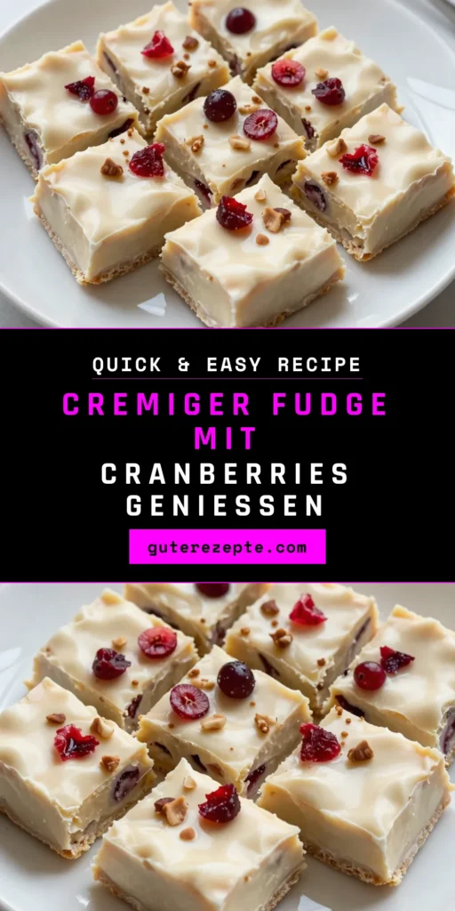 Entdecken Sie unser einfaches Rezept für weiße Schokolade Fudge mit saftigen Cranberries! Dieses Cranberry Fudge Rezept ist perfekt für alle, die süße Fudge Ideen suchen. Mit nur wenigen Zutaten ist die einfache Fudge Zubereitung kinderleicht. Ob als Geschenk oder für die Feier, dieses selbstgemachte Fudge Rezept wird Ihre Gäste begeistern. Speichern Sie es jetzt und probieren Sie es selbst aus! #FudgeRezept #SüßigkeitenSelberMachen #WeißeSchokolade #LeckereRezepte