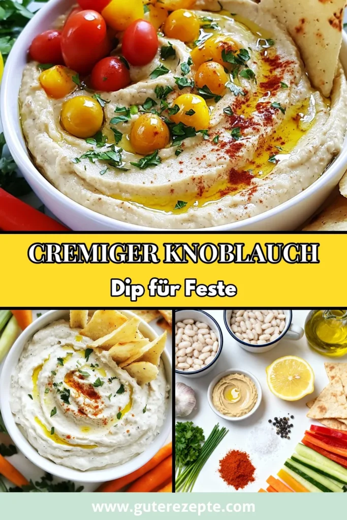 Entdecken Sie dieses Rezept für einen cremigen Knoblauch-Dip, der aus geröstetem Knoblauch und weißen Bohnen zubereitet wird! Dieser gesunde Knoblauch Dip mit Tahini ist perfekt als veganer Dip für Gemüse bei Ihrer nächsten Feier. Genießen Sie unser einfaches, aber köstliches weiße Bohnen Rezept und beeindrucken Sie Ihre Gäste mit diesem gesunden Partyrezept. Speichern Sie dieses Rezept für einen besonderen Genuss! #VeganerDip #KnoblauchDip #GesundeRezepte #Partyfood