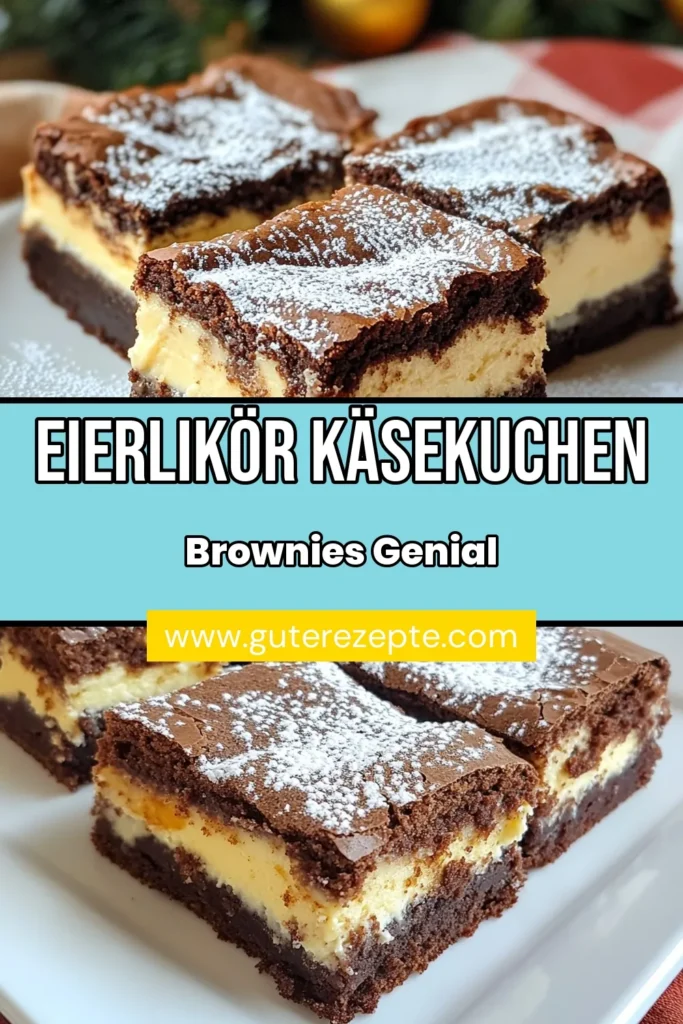 Entdecken Sie das perfekte Rezept für Eierlikör Käsekuchen Brownies! Diese festlichen Brownies mit Eierlikör vereinen die cremige Textur von Käsekuchen mit dem Geschmack von Schokolade. Einfach und schnell zubereitet, sind diese Käsekuchen Brownies das ideale Weihnachtsgebäck Rezept für Ihre Feier. Werden Sie kreativ und überraschen Sie Ihre Gäste! Speichern Sie das Rezept für unvergessliche Genussmomente. #EierlikörKäsekuchen #einfacheBrowniesRezept #Weihnachtsgebäck #KäsekuchenBrownies