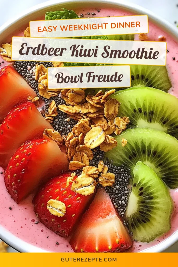 Entdecken Sie das perfekte vegane Frühstück mit unserer Erdbeer-Kiwi-Smoothie-Bowl! Diese gesunde Smoothie-Bowl vereint frische Erdbeeren, Kiwi und gefrorene Banane für eine erfrischende Sommerrezept-Idee. Angereichert mit Chiasamen und knusprigem Granola ist sie nicht nur lecker, sondern auch nährstoffreich. Probieren Sie dieses Rezept aus, und starten Sie Ihren Tag gesund! Speichern Sie es jetzt! #SmoothieBowl #VeganesFrühstück #ErfrischendeSommerrezepte #ErdbeerKiwiSmoothie