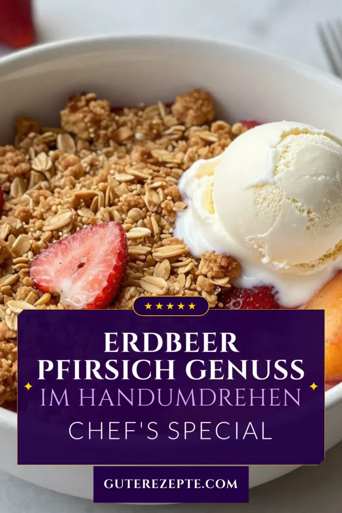 Entdecken Sie unser einfaches Erdbeer Pfirsich Crisp Rezept! Dieser köstliche und gesunde Dessert mit Früchten vereint die Süße von Erdbeeren und Pfirsichen in einem warmen Obstsnack, der perfekt für Familie und Freunde ist. Ideal als hausgemachtes Crisp Rezept für eine besondere Gelegenheit. Lassen Sie sich von diesem einfachen Obst Crisp inspirieren und speichern Sie es für Ihren nächsten Süßspeisenabend! #ErdbeerPfirsichCrisp #GesundeDesserts #ObstCrisp #HausgemachteRezepte