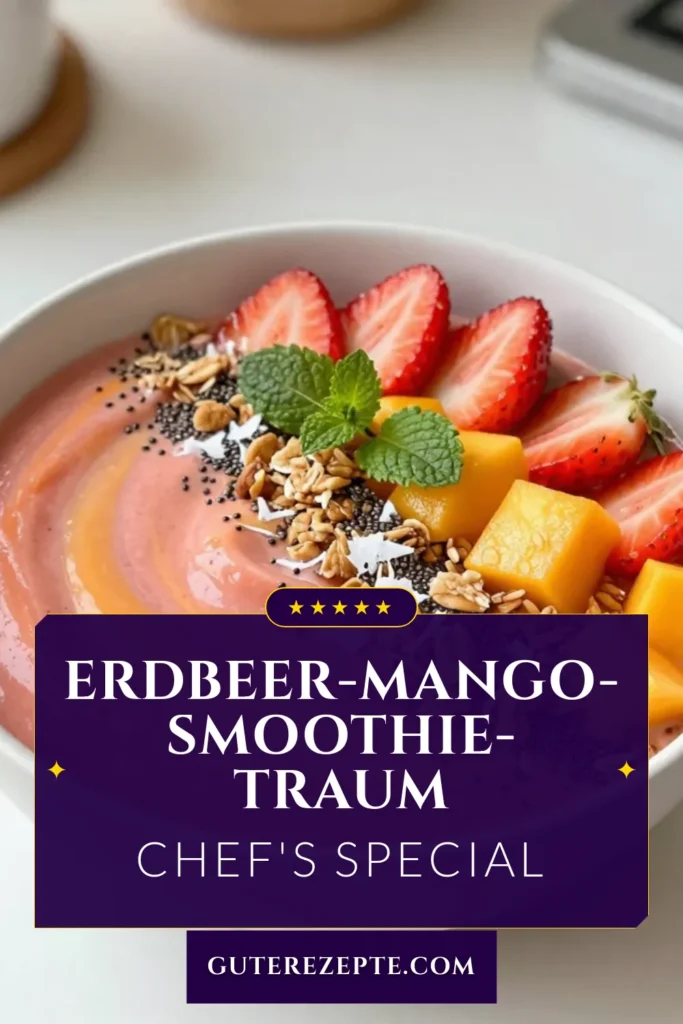 Entdecke dieses köstliche Erdbeer-Mango-Smoothie Rezept! Diese gesunde Smoothie-Bowl ist perfekt für ein nahrhaftes Frühstück. Mit gefrorenen Früchten, reifen Bananen und Mandelmilch zauberst du in nur 10 Minuten eine cremige Smoothie-Schüssel. Nutze die Beläge wie frische Erdbeeren und Granola für zusätzlichen Genuss. Probiere jetzt dieses gesunde Smoothie-Rezept und starte deinen Tag voller Energie! #ErdbeerMangoSmoothie #SmoothieBowlRezept #GesundeSmoothieRezepte #GefroreneFrüchteSmoothie