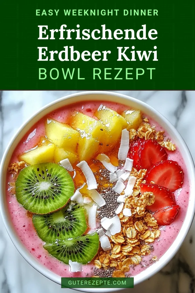 Entdecke die köstliche Erdbeer-Kiwi-Smoothie-Bowl! Diese vegane Smoothie-Bowl ist nicht nur einfach zuzubereiten, sondern auch perfekt für ein gesundes Frühstück. Mit frischen Erdbeeren und Kiwis gepaart mit cremigem Joghurt und leckeren Toppings ist sie ein Highlight jeder Morgenroutine. Lass dich inspirieren von unseren gesunden Smoothie-Bowl Rezepten und probiere auch die kreativen Smoothie-Bowl Toppings Ideen aus. Speichere dieses Rezept für deine Frühstücksrezepte mit Obst! #SmoothieBowl #GesundesFrühstück #VeganeRezepte #Erdbeerkekse