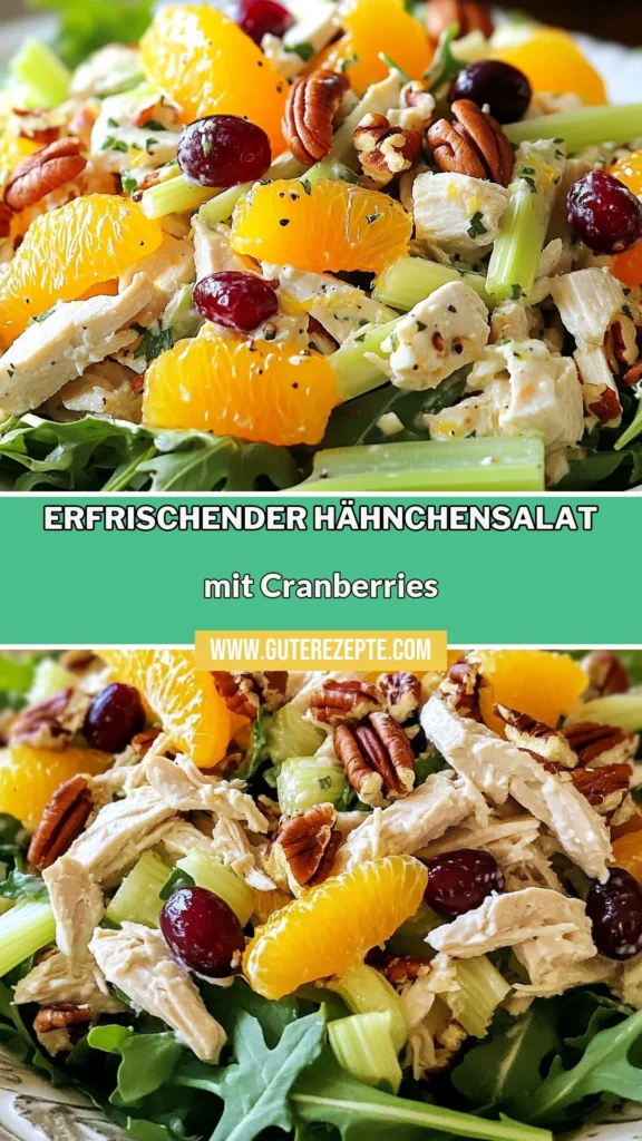 Entdecke das Rezept für einen gesunden Cranberry Hähnchen Salat, perfekt für jede Gelegenheit! Dieser erfrischende Orange Hähnchensalat ist einfach zuzubereiten und kombiniert zarte Hähnchenstücke mit frischen Cranberries und einem cremigen Joghurt Dressing Hähnchensalat. Ideal für Mittagessen oder leichte Abendessen. Probiere es aus und bringe Vielfalt in deine Salatrezepte! Speichere das Rezept für später! #CranberryHähnchenSalat #OrangeHähnchensalatRezept #gesunderHähnchenSalat #einfacheSalatrezepte