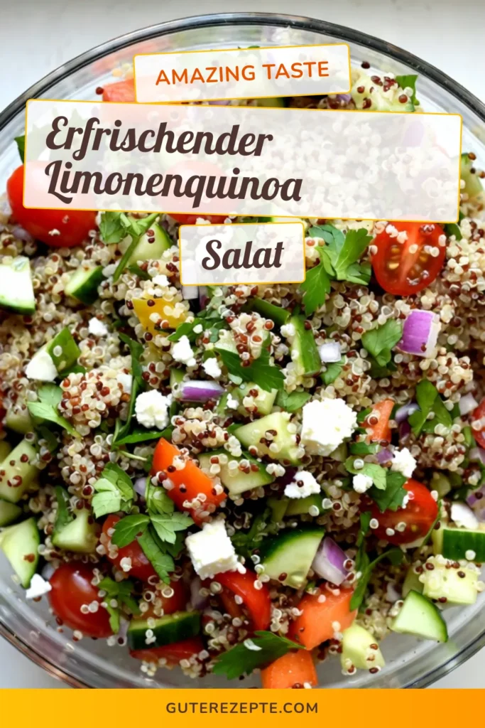 Entdecke den köstlichen Limonen-Kräuter-Quinoa-Salat, perfekt für gesunde Ernährung! Dieser erfrischende Salat mit Gemüse kombiniert Quinoa und knackiges Gemüse und ist ein ideales veganes Salatrezept für jeden Anlass. Füge optional Feta hinzu für extra Geschmack! Bereite diesen leckeren Quinoa-Salat mit Feta in nur 25 Minuten zu und genieße gesunde Quinoa-Rezepte. Probiere es aus und speichere es für später! #QuinoaSalat #VeganeRezepte #GesundeErnährung #LimonenKräuterQuinoa