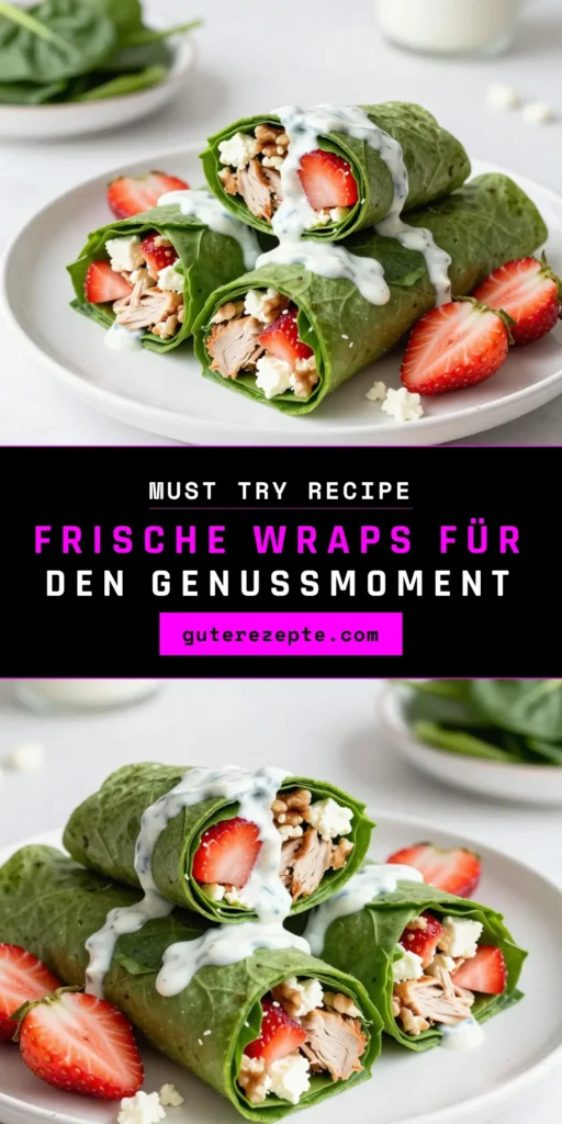 Entdecken Sie unser Rezept für Erdbeer-Spinat-Wraps, das gesunde Wraps mit Spinat und einer leckeren Kombination aus Hähnchen, Erdbeeren, Feta und Walnüssen bietet. Diese schnellen Mahlzeiten mit Erdbeeren sind perfekt für ein leichtes Mittagessen oder als Snack. Bereiten Sie in nur 15 Minuten köstliche Hähnchen-Wraps zu, die auch optisch überzeugen! Speichern Sie sich das Rezept und genießen Sie eine gesunde und schmackhafte Wahl. #ErdbeerSpinatWraps #HähnchenWrapRezept #gesundeWrapsmitSpinat #schnelleMahlzeitenmitErdbeeren