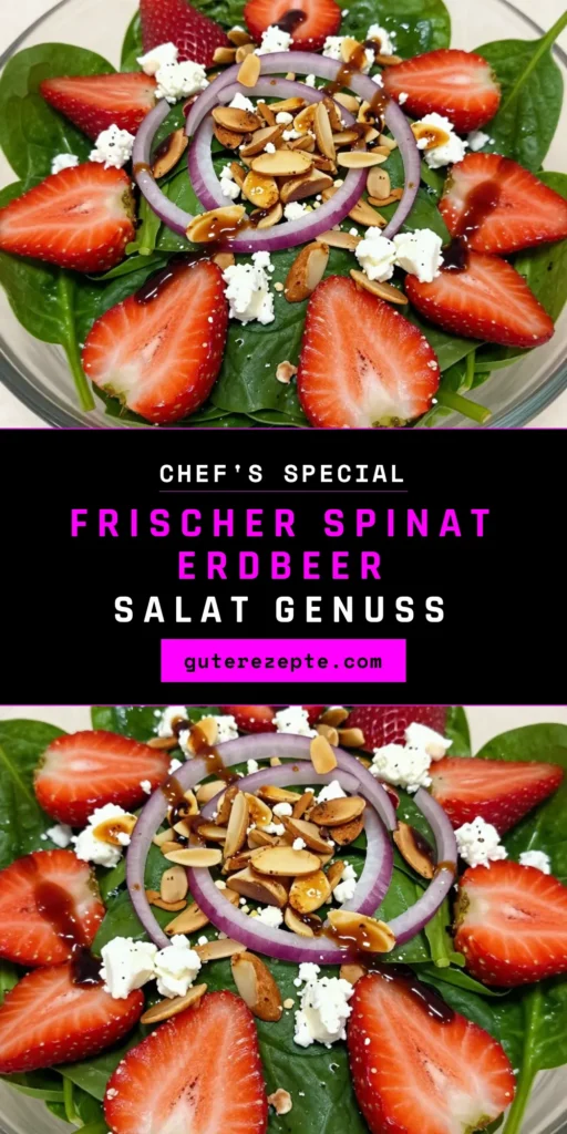 Entdecken Sie das köstliche Rezept für Mandeln Erdbeere Spinat Salat, eine perfekte Kombination aus frischem gesunden Spinatsalat und süßen Erdbeeren. Dieser einfache Erdbeersalat mit Feta und Mandeln eignet sich hervorragend als erfrischende Beilage oder leichtes Hauptgericht. In nur 10 Minuten zubereitet, wird dieser Salat schnell zu Ihrem neuen Favoriten. Probieren Sie es aus und teilen Sie Ihre Kreationen! #Spinatsalat #Erdbeersalat #GesundeRezepte #Salatliebe