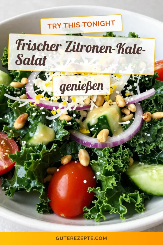 Entdecke unseren Zitroniger Parmesan-Kale-Salat, ein köstliches Grünkohlsalat Rezept, das gesund und einfach zuzubereiten ist. Perfekt für alle, die gesunde Salate mit Parmesan lieben. Dieser vegetarische Beilagensalat vereint frische Zutaten und einen leckeren Zitronengeschmack. Hol dir das Rezept, kreiere diesen erfrischenden Salat und beeindrucke deine Gäste! Speichere diesen Pin für köstliche Inspiration! #KaleSalat #GesundeRezepte #VegetarischeBeilagensalate #EinfachGesund