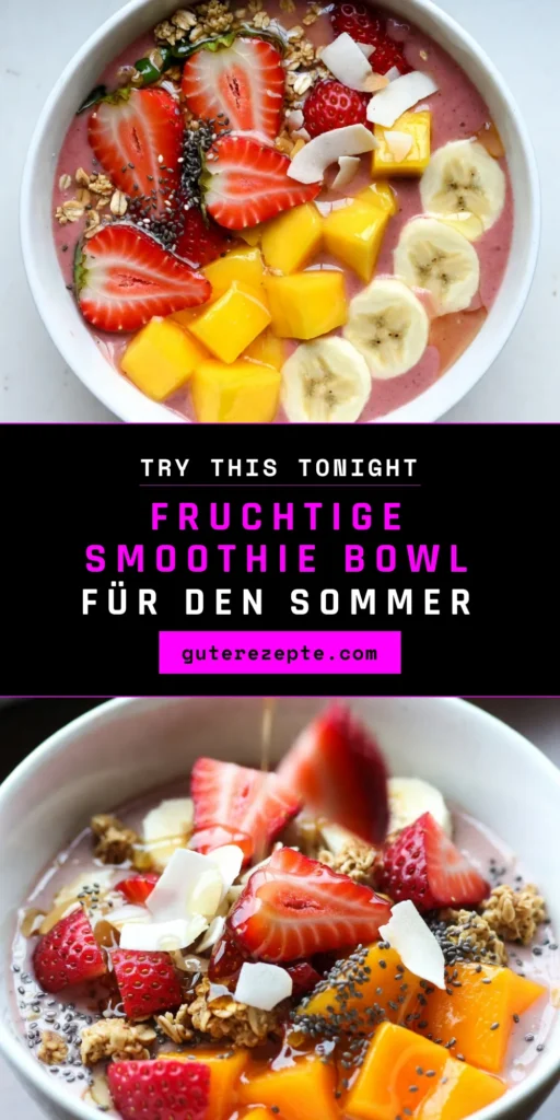 Entdecken Sie das köstliche Rezept für eine Erdbeer-Mango-Smoothie-Bowl! Diese gesunde Smoothie-Bowl ist perfekt für ein einfaches Frühstück und kombiniert gefrorene Erdbeeren und Mangos mit cremiger Mandelnmilch. Verfeinern Sie Ihre vegane Smoothie-Bowl mit fruchtigen Smoothie-Bowl Toppings wie frischen Erdbeeren, Granola und Chiasamen. Eine gesunde Genusspause für jeden Tag! Jetzt ausprobieren und genießen! #SmoothieBowl #ErdbeerMango #Frühstücksrezepte #veganerezepte