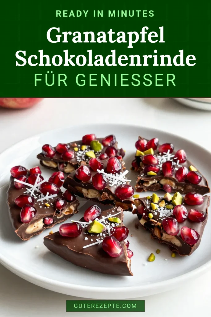 Entdecke das Rezept für Granatapfel Schokoladenrinde, ein köstlicher und gesunder Snack! Diese Zartbitter-Schokolade Rezept kombiniert frische Granatapfelkerne, Kokosnuss und Pistazien für eine leckere Schokoladenrinde mit Obst. Ideal für einfache Dessertrezepte oder als süßer Snack! Probiere es aus und teile deine Kreation! #GranatapfelSchokoladenrinde #ZartbitterSchokolade #gesundeSnacks #SchokoladenrindeMitObst