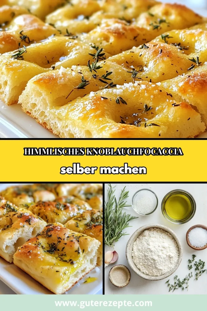 Entdecke unser einfaches Focaccia Rezept für zartes Knoblauch-Focaccia! Dieses Kräuterbrot Rezept vereint frischen Knoblauch und aromatische Kräuter für das perfekte italienische Brot. Focaccia selbstgemacht war noch nie so einfach! Ideal als Snack oder Beilage. Lass dich von dieser köstlichen Kombination begeistern und teile dein Ergebnis! Probiere es aus! #KnoblauchFocaccia #KräuterbrotRezept #FocacciaSelbstgemacht #ItalienischesBrot