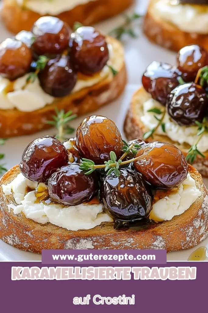 Entdecken Sie unser köstliches Rezept für Balsamico Rösttrauben Crostini! Diese einfache Vorspeise vereint die süßen Aromen der Balsamico Rösttrauben mit cremigem Ziegenkäse und ist perfekt für Partys. In nur 30 Minuten zaubern Sie dieses Trauben Crostini Rezept, das Ihre Gäste begeistern wird. Speichern Sie das Rezept und probieren Sie es noch heute aus! #CrostiniMitZiegenkäse #BalsamicoRösttrauben #RezeptFürPartys #EinfacheVorspeise