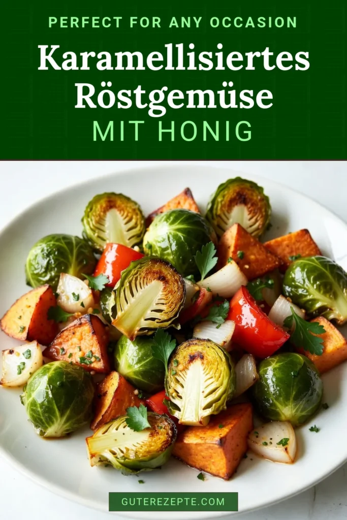Entdecke unser einfaches Röstgemüse Rezept für köstliches Honig-Knoblauch Röstgemüse! Dieses gesunde Gemüsebeilage ist vegan und ideal für jede Mahlzeit. Mit süßer Süßkartoffel, knackigem Rosenkohl und würzigem Ofengemüse bringst du Abwechslung auf den Tisch. Probiere es aus und genieße die perfekte Kombination von Aromen. Lass dich inspirieren und speichere das Rezept! #Röstgemüse #Vegan #GesundeRezepte #Ofengemüse