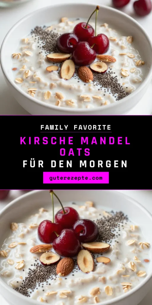 Entdecken Sie dieses köstliche Rezept für Kirsche Mandel Overnight Oats! Perfekt für ein gesundes Frühstück, sind diese veganen Overnight Oats in nur 10 Minuten zubereitet. Genießen Sie die Kombination aus zarten Haferflocken und frischen Kirschen, die für einen tollen Start in den Tag sorgt. ideale gesunde Frühstücksrezepte für vielbeschäftigte Morgen. Speichern Sie dieses einfache Rezept für schnelle Frühstücksideen! #KirscheMandelOvernightOats #veganeOvernightOats #HaferflockenRezepte #gesundesFrühstück