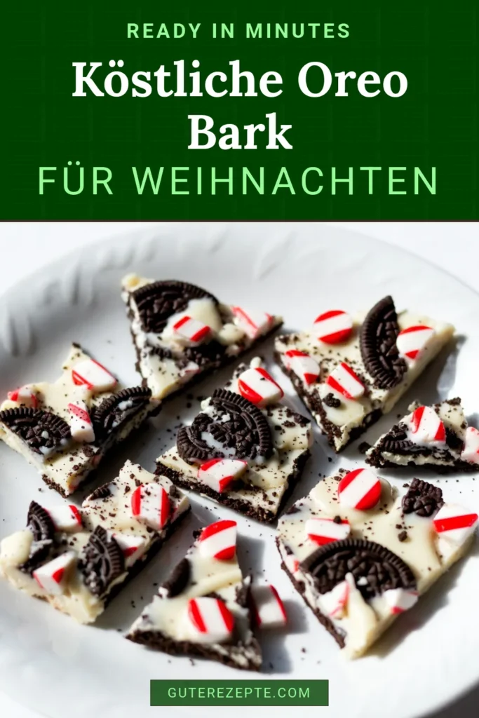 Entdecke unser einfaches Oreo Pfefferminz-Bark Rezept, perfekt für deine Weihnachtsbäckerei! Diese festliche Schokoladenbark kombiniert zerkrümelte Oreo-Kekse mit einer köstlichen weißen Schokolade und ist mit Pfefferminzbonbons dekoriert. Ideal für süße Leckereien und um deine Gäste zu beeindrucken! Probiere es aus und teile es mit Freunden! #OreoRezept #Weihnachtsbäckerei #FestlicheLeckereien #Schokoladenbark