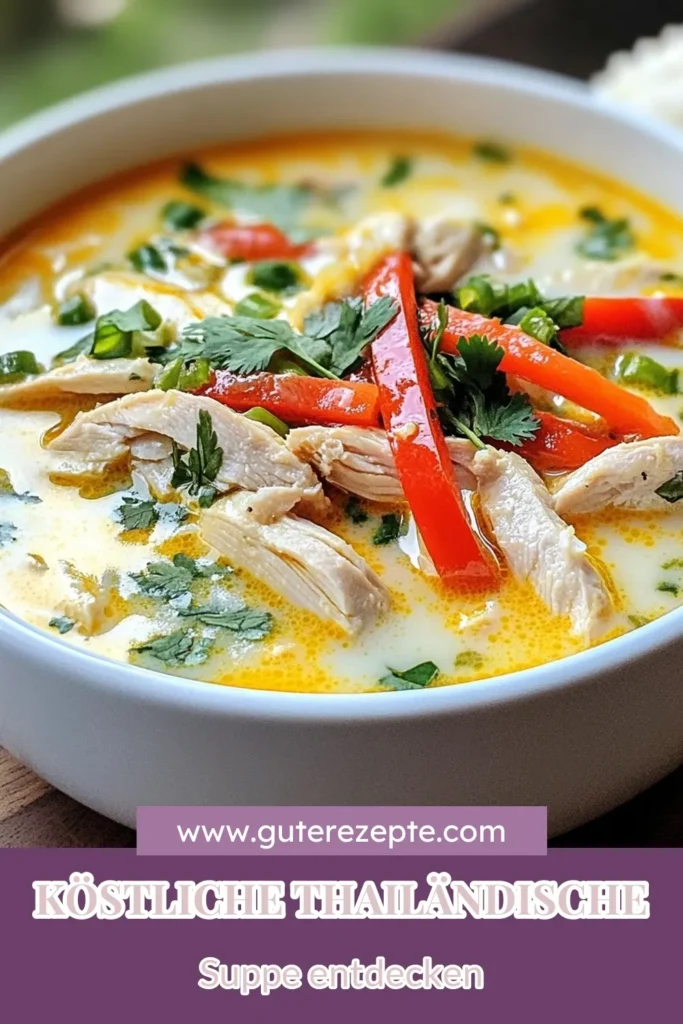 Entdecke das köstliche Rezept für Thailändische Kokosnuss-Hühnchensuppe! Diese aromatische Kokosmilch Suppe ist perfekt für jeden Anlass und vereint die Aromen der Thai Küche. Mit Hühnersuppe mit Chili und frischen Zutaten ist es ein einfaches Thai Suppe Rezept, das du lieben wirst. Probiere es aus und bringe ein Stück Thailand auf deinen Tisch! Jetzt nachkochen und genießen! #ThaiKüche #KokosnussSuppe #Hühnersuppe #Kochinspiration