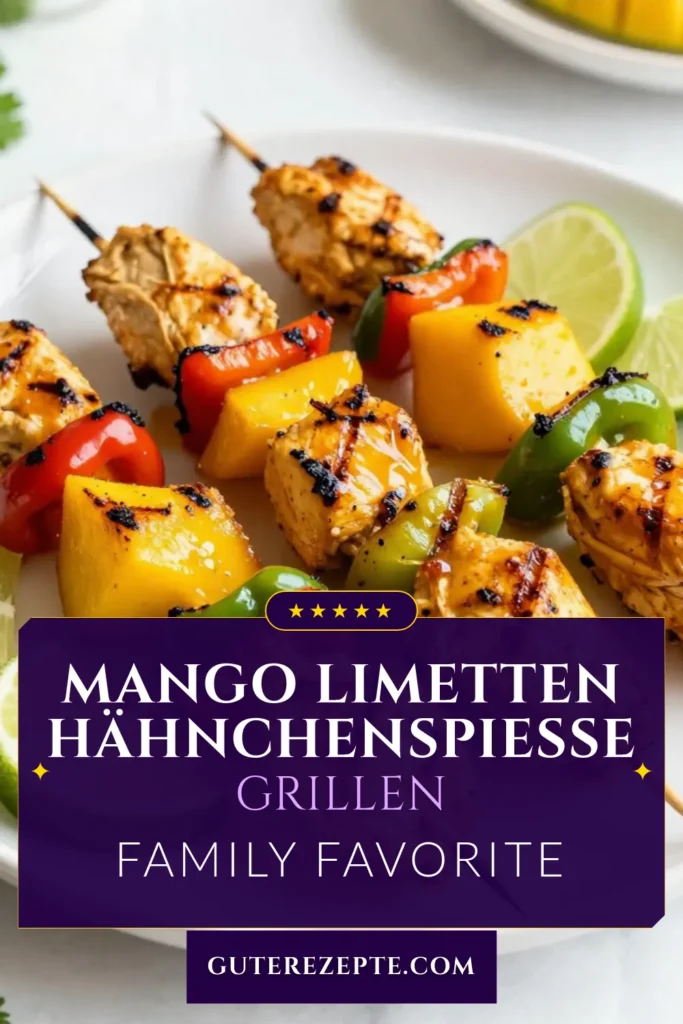 Entdecken Sie dieses köstliche Rezept für Mango-Limetten-Hähnchenspieße! Perfekt für Sommer Grillabende, sind diese gegrillten Hähnchenrezepte einfach zuzubereiten und sorgen für gesunde Grillgerichte, die Ihre Gäste begeistern werden. Marinierte Hähnchenspieße mit saftiger Mango und buntem Gemüse bieten einen fantastischen Geschmack. Speichern Sie dieses Rezept und verwöhnen Sie Ihre Lieben! #Grillrezepte #Sommeressen #Hähnchenliebe #GesundeRezepte