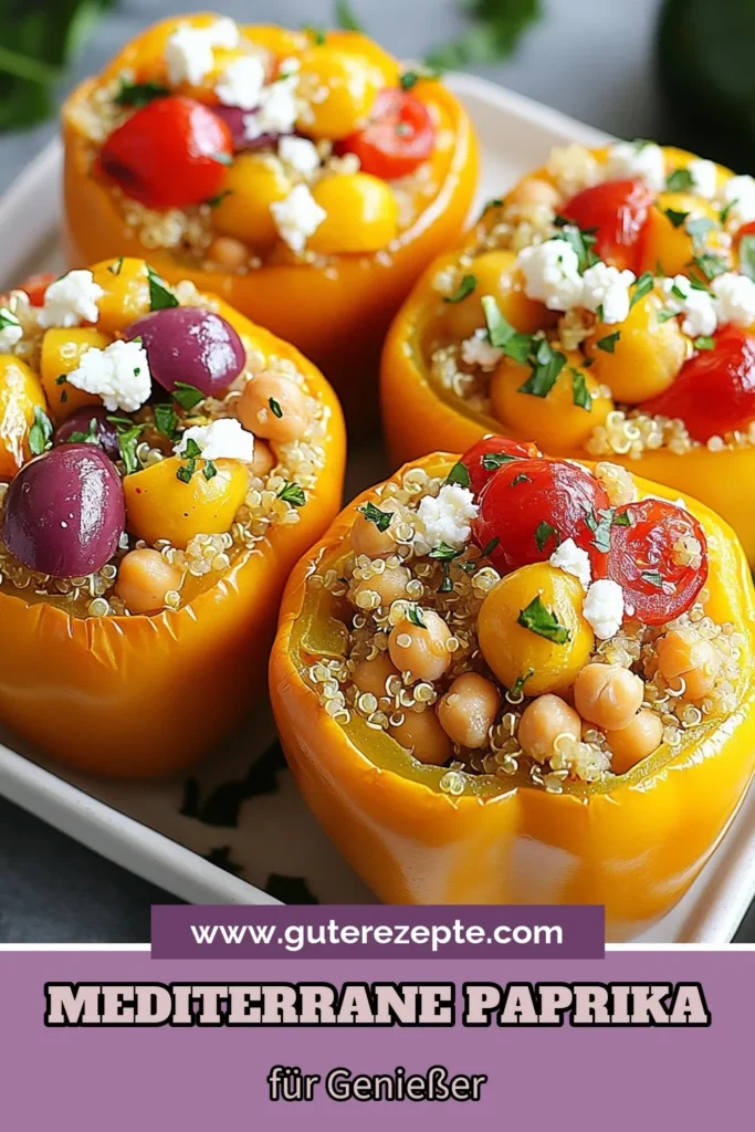 Entdecken Sie unser leckeres gefüllte Paprika Rezept aus der mediterranen Küche! Diese Quinoa gefüllte Paprika ist nicht nur ein gesundes Abendessen, sondern auch ein einfaches vegetarisches Rezept, das Ihre Geschmacksknospen begeistert. Mit frischen Zutaten wie Kichererbsen und Feta-Käse ist es perfekt für jede Gelegenheit. Probieren Sie es aus und genießen Sie ein gesundes Gericht, das einfach zuzubereiten ist! Teilen und speichern Sie dieses Rezept! #gefülltePaprika #mediterraneKüche #gesundesAbendessen #vegetarischesRezept