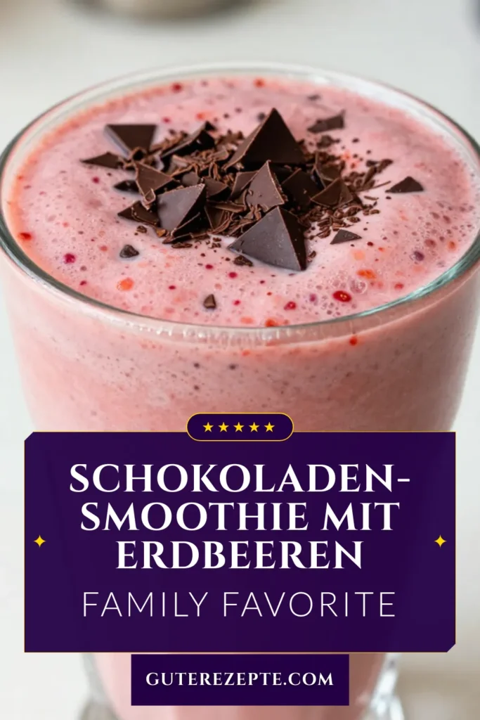 Erlebe den unwiderstehlichen Genuss eines Schokoladenüberzogenen Erdbeersmoothies! Diese gesunde Erdbeersmoothie Rezept vereint frische Erdbeeren, gefrorene Banane, cremigen griechischen Joghurt und Schokolade für eine leckere, nahrhafte Kombination. Perfekt für ein schnelles Frühstück oder einen Snack. Entdecke diese veganen Smoothie Rezepte und lass dich inspirieren! Probiere es aus und speichere es für später! #SmoothieRezepte #Schokolade #Erdbeeren #GesundEssen
